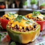- 4 large bell peppers - 1 cup quinoa - 2 cups vegetable broth - 1 cup black beans - 1 cup corn kernels - Spices: ground cumin, chili powder, garlic powder - Shredded cheddar cheese - Fresh cilantro for garnish - Dairy-free cheese alternative - Additional veggies for stuffing - Hot sauce or spices for extra kick When I make easy stuffed bell peppers, I love choosing bright, colorful peppers. They add fun to my dish. You can pick red, yellow, or green bell peppers. Each one has its own taste and look. For the stuffing, I use quinoa. It's a great grain that’s full of protein. Rinsing it removes any bitter taste. I cook the quinoa in vegetable broth. This adds a nice depth of flavor to the dish. Next, black beans and corn mix well with quinoa. They bring in fiber and sweetness. I love adding spices like cumin, chili powder, and garlic powder. They create a tasty blend that makes each bite exciting. I also top the stuffed peppers with cheddar cheese. It melts beautifully and adds a creamy texture. If you prefer dairy-free options, there are great cheese alternatives available. To make it even more fun, you can add other veggies. Chopped onions, tomatoes, or zucchini work well. If you like some heat, try adding hot sauce or extra spices. These ingredients come together to make a simple and savory dish that everyone can enjoy! If you want the full recipe, click here. - Preheat the oven to 375°F (190°C). - Prepare the bell peppers by cutting tops and removing seeds. First, I always preheat my oven. It helps cook the peppers evenly. Next, I take my bell peppers and slice off the tops. I make sure to remove all the seeds and membranes. This keeps the peppers clean for stuffing. I like to stand them up in a greased baking dish. - Boil vegetable broth and cook quinoa. - Mix quinoa with black beans, corn, and spices. For the quinoa, I start by boiling vegetable broth in a medium pot. Once it boils, I add the rinsed quinoa. I cover the pot and let it simmer for about 15 minutes. When the quinoa absorbs all the liquid, it fluffs up nicely. In a large bowl, I mix the fluffy quinoa with black beans, corn, ground cumin, chili powder, and garlic powder. I add salt and pepper to taste. Mixing well is key to good flavor. - Stuff each bell pepper with the quinoa mixture. - Add cheese and prepare for baking. Now comes the fun part! I take the quinoa mixture and stuff each bell pepper. I press down gently to pack them well. It’s fun to see the vibrant colors fill each pepper. Then, I sprinkle shredded cheese on top. You can save some cheese for later if you want extra cheesiness. - Cover with foil and bake for 25 minutes. - Remove foil and bake an additional 10 minutes. I cover the baking dish with aluminum foil. This prevents the peppers from drying out. I bake them for 25 minutes. After that, I carefully remove the foil. Then, I bake them for another 10 minutes. This step makes the cheese melt and turn golden brown. This recipe is a great way to enjoy a simple and savory dish. For the full recipe, check out the details above! How to choose the best bell peppers When you pick bell peppers, look for ones that feel firm. They should have shiny skin. Choose peppers that are heavy for their size. Avoid any with soft spots or blemishes. This ensures you get fresh, tasty peppers for your dish. Tips for cooking quinoa properly To cook quinoa well, rinse it first. This removes the bitter coating called saponin. Use two cups of vegetable broth for every cup of quinoa. Bring it to a boil, then cover and simmer. In about 15 minutes, your quinoa will be fluffy and ready. Can stuffed peppers be prepared in advance? Yes, you can prep these stuffed peppers ahead of time. Stuff the peppers and store them in the fridge. They will stay fresh for about two days. When you are ready to bake them, just add a few extra minutes to the cooking time. Best way to store prepped ingredients For prepped ingredients, use airtight containers. Store cooked quinoa, black beans, and corn separately. This keeps them fresh and ready for use. You can also chop veggies ahead and store them in the fridge. Pairing ideas with side dishes Stuffed bell peppers pair well with many sides. A light salad with mixed greens works great. You can also serve them with rice or crusty bread. These sides balance the meal and add variety. Garnishing tips for presentation Garnish your stuffed peppers with chopped cilantro. This adds color and a fresh taste. You can also sprinkle some extra cheese on top before serving. A dollop of sour cream adds creaminess and flavor, too. For the full recipe, check [Full Recipe]. {{image_4}} You can make stuffed peppers fun by changing their flavor. For a Mexican twist, add salsa. This gives a zesty kick and pairs well with beans. Try adding spices like cumin and chili powder for extra warmth. For a Mediterranean flair, use feta and olives. These ingredients lend a rich, salty taste. Fresh basil or parsley brightens the dish, making it a taste of summer. If you need gluten-free options, this recipe works perfectly. Quinoa is naturally gluten-free and filling. For those who follow a vegan diet, skip the cheese or use a dairy-free alternative. You can also try a low-carb version. Swap quinoa with cauliflower rice. This keeps the peppers light but still very tasty. Using seasonal veggies can really enhance your dish. In summer, add tomatoes or zucchini to the filling. In fall, use roasted squash for a sweet touch. Fresh herbs like cilantro or parsley can make a big difference too. They add brightness and depth to the flavors. Just chop them finely and mix them in before stuffing your peppers. To keep your stuffed peppers fresh, place them in an airtight container. Make sure they cool down before sealing. This helps prevent moisture build-up. Stuffed peppers can last in the fridge for about 3 to 5 days. If you want them to last longer, freezing is a great option. To freeze your stuffed peppers, wrap each one tightly in plastic wrap. Then, place them in a freezer bag or container. This keeps out air and prevents freezer burn. When you're ready to eat, take them out and thaw in the fridge overnight. Reheat in the oven at 350°F (175°C) for about 20 minutes. You can also microwave them for a quicker option. Stuffed peppers will show signs of spoilage if they turn mushy or develop a sour smell. Always check for discoloration or mold before eating. If they look and smell fine, they are likely safe to eat. Enjoy your delicious creation without worry! Can I use other types of peppers? Yes, you can use other peppers like poblano or jalapeño. Each type adds a unique flavor. If you want a bit of heat, choose spicy peppers. For a milder taste, stick with sweet bell peppers. How do I know when the peppers are done cooking? The peppers are done when they are tender. You can poke them with a fork. The cheese on top should also be melted and slightly golden. If you see this, your stuffed peppers are ready! What can be used instead of quinoa? You can use rice, couscous, or even lentils. Each option changes the texture but keeps the dish tasty. If you use rice, make sure it's cooked before stuffing. Are stuffed bell peppers healthy? Yes, stuffed bell peppers are healthy! They are packed with fiber, vitamins, and protein. The vegetables and beans add nutrients that support your body. It's a balanced meal in one dish. What are some good sides to serve with stuffed peppers? Great sides include a simple salad, garlic bread, or roasted veggies. These options complement the flavors. You can also serve rice or quinoa as a side dish. Can I top stuffed peppers with different cheeses? Absolutely! You can use mozzarella, feta, or goat cheese. Each cheese brings a different flavor. Feel free to mix cheeses for a fun twist on your dish. For a full recipe, check out Cheesy Quinoa Stuffed Bell Peppers. Stuffed bell peppers are tasty, healthy, and easy to make. We covered the key ingredients, preparation steps, and tips for perfecting the dish. You can customize your stuffed peppers with different flavors and dietary needs. Remember, leftovers store well in the fridge or freezer. I hope this guide helps you cook delicious stuffed bell peppers that your family will love. Enjoy experimenting with ingredients and making this dish your own!