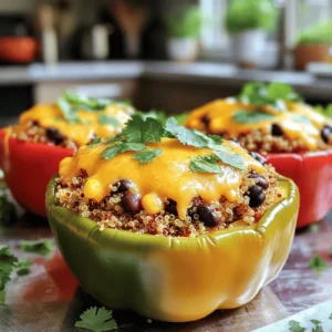 - 4 large bell peppers - 1 cup quinoa - 2 cups vegetable broth - 1 cup black beans - 1 cup corn kernels - Spices: ground cumin, chili powder, garlic powder - Shredded cheddar cheese - Fresh cilantro for garnish - Dairy-free cheese alternative - Additional veggies for stuffing - Hot sauce or spices for extra kick When I make easy stuffed bell peppers, I love choosing bright, colorful peppers. They add fun to my dish. You can pick red, yellow, or green bell peppers. Each one has its own taste and look. For the stuffing, I use quinoa. It's a great grain that’s full of protein. Rinsing it removes any bitter taste. I cook the quinoa in vegetable broth. This adds a nice depth of flavor to the dish. Next, black beans and corn mix well with quinoa. They bring in fiber and sweetness. I love adding spices like cumin, chili powder, and garlic powder. They create a tasty blend that makes each bite exciting. I also top the stuffed peppers with cheddar cheese. It melts beautifully and adds a creamy texture. If you prefer dairy-free options, there are great cheese alternatives available. To make it even more fun, you can add other veggies. Chopped onions, tomatoes, or zucchini work well. If you like some heat, try adding hot sauce or extra spices. These ingredients come together to make a simple and savory dish that everyone can enjoy! If you want the full recipe, click here. - Preheat the oven to 375°F (190°C). - Prepare the bell peppers by cutting tops and removing seeds. First, I always preheat my oven. It helps cook the peppers evenly. Next, I take my bell peppers and slice off the tops. I make sure to remove all the seeds and membranes. This keeps the peppers clean for stuffing. I like to stand them up in a greased baking dish. - Boil vegetable broth and cook quinoa. - Mix quinoa with black beans, corn, and spices. For the quinoa, I start by boiling vegetable broth in a medium pot. Once it boils, I add the rinsed quinoa. I cover the pot and let it simmer for about 15 minutes. When the quinoa absorbs all the liquid, it fluffs up nicely. In a large bowl, I mix the fluffy quinoa with black beans, corn, ground cumin, chili powder, and garlic powder. I add salt and pepper to taste. Mixing well is key to good flavor. - Stuff each bell pepper with the quinoa mixture. - Add cheese and prepare for baking. Now comes the fun part! I take the quinoa mixture and stuff each bell pepper. I press down gently to pack them well. It’s fun to see the vibrant colors fill each pepper. Then, I sprinkle shredded cheese on top. You can save some cheese for later if you want extra cheesiness. - Cover with foil and bake for 25 minutes. - Remove foil and bake an additional 10 minutes. I cover the baking dish with aluminum foil. This prevents the peppers from drying out. I bake them for 25 minutes. After that, I carefully remove the foil. Then, I bake them for another 10 minutes. This step makes the cheese melt and turn golden brown. This recipe is a great way to enjoy a simple and savory dish. For the full recipe, check out the details above! How to choose the best bell peppers When you pick bell peppers, look for ones that feel firm. They should have shiny skin. Choose peppers that are heavy for their size. Avoid any with soft spots or blemishes. This ensures you get fresh, tasty peppers for your dish. Tips for cooking quinoa properly To cook quinoa well, rinse it first. This removes the bitter coating called saponin. Use two cups of vegetable broth for every cup of quinoa. Bring it to a boil, then cover and simmer. In about 15 minutes, your quinoa will be fluffy and ready. Can stuffed peppers be prepared in advance? Yes, you can prep these stuffed peppers ahead of time. Stuff the peppers and store them in the fridge. They will stay fresh for about two days. When you are ready to bake them, just add a few extra minutes to the cooking time. Best way to store prepped ingredients For prepped ingredients, use airtight containers. Store cooked quinoa, black beans, and corn separately. This keeps them fresh and ready for use. You can also chop veggies ahead and store them in the fridge. Pairing ideas with side dishes Stuffed bell peppers pair well with many sides. A light salad with mixed greens works great. You can also serve them with rice or crusty bread. These sides balance the meal and add variety. Garnishing tips for presentation Garnish your stuffed peppers with chopped cilantro. This adds color and a fresh taste. You can also sprinkle some extra cheese on top before serving. A dollop of sour cream adds creaminess and flavor, too. For the full recipe, check [Full Recipe]. {{image_4}} You can make stuffed peppers fun by changing their flavor. For a Mexican twist, add salsa. This gives a zesty kick and pairs well with beans. Try adding spices like cumin and chili powder for extra warmth. For a Mediterranean flair, use feta and olives. These ingredients lend a rich, salty taste. Fresh basil or parsley brightens the dish, making it a taste of summer. If you need gluten-free options, this recipe works perfectly. Quinoa is naturally gluten-free and filling. For those who follow a vegan diet, skip the cheese or use a dairy-free alternative. You can also try a low-carb version. Swap quinoa with cauliflower rice. This keeps the peppers light but still very tasty. Using seasonal veggies can really enhance your dish. In summer, add tomatoes or zucchini to the filling. In fall, use roasted squash for a sweet touch. Fresh herbs like cilantro or parsley can make a big difference too. They add brightness and depth to the flavors. Just chop them finely and mix them in before stuffing your peppers. To keep your stuffed peppers fresh, place them in an airtight container. Make sure they cool down before sealing. This helps prevent moisture build-up. Stuffed peppers can last in the fridge for about 3 to 5 days. If you want them to last longer, freezing is a great option. To freeze your stuffed peppers, wrap each one tightly in plastic wrap. Then, place them in a freezer bag or container. This keeps out air and prevents freezer burn. When you're ready to eat, take them out and thaw in the fridge overnight. Reheat in the oven at 350°F (175°C) for about 20 minutes. You can also microwave them for a quicker option. Stuffed peppers will show signs of spoilage if they turn mushy or develop a sour smell. Always check for discoloration or mold before eating. If they look and smell fine, they are likely safe to eat. Enjoy your delicious creation without worry! Can I use other types of peppers? Yes, you can use other peppers like poblano or jalapeño. Each type adds a unique flavor. If you want a bit of heat, choose spicy peppers. For a milder taste, stick with sweet bell peppers. How do I know when the peppers are done cooking? The peppers are done when they are tender. You can poke them with a fork. The cheese on top should also be melted and slightly golden. If you see this, your stuffed peppers are ready! What can be used instead of quinoa? You can use rice, couscous, or even lentils. Each option changes the texture but keeps the dish tasty. If you use rice, make sure it's cooked before stuffing. Are stuffed bell peppers healthy? Yes, stuffed bell peppers are healthy! They are packed with fiber, vitamins, and protein. The vegetables and beans add nutrients that support your body. It's a balanced meal in one dish. What are some good sides to serve with stuffed peppers? Great sides include a simple salad, garlic bread, or roasted veggies. These options complement the flavors. You can also serve rice or quinoa as a side dish. Can I top stuffed peppers with different cheeses? Absolutely! You can use mozzarella, feta, or goat cheese. Each cheese brings a different flavor. Feel free to mix cheeses for a fun twist on your dish. For a full recipe, check out Cheesy Quinoa Stuffed Bell Peppers. Stuffed bell peppers are tasty, healthy, and easy to make. We covered the key ingredients, preparation steps, and tips for perfecting the dish. You can customize your stuffed peppers with different flavors and dietary needs. Remember, leftovers store well in the fridge or freezer. I hope this guide helps you cook delicious stuffed bell peppers that your family will love. Enjoy experimenting with ingredients and making this dish your own!