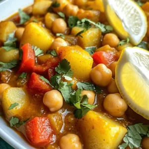 - 1 can (15 oz) chickpeas, drained and rinsed - 1 medium onion, finely chopped - 2 cloves garlic, minced - 1 red bell pepper, diced - 1 medium carrot, diced - 2 medium potatoes, peeled and cubed - 1 can (14 oz) diced tomatoes, undrained - 2 cups vegetable broth - 1 tablespoon olive oil - 2 teaspoons ground cumin - 1 teaspoon ground coriander - 1 teaspoon paprika - 1/2 teaspoon cayenne pepper (adjust based on your spice preference) - 1 teaspoon ground cinnamon - Salt and freshly ground black pepper to taste The heart of this dish lies in its main ingredients. Canned chickpeas provide a creamy texture and protein. Fresh vegetables like onion, garlic, bell pepper, and carrot add depth. Potatoes give the stew a hearty feel, while diced tomatoes bring in moisture and acidity. The vegetable broth ties everything together, making it a comforting meal. - Fresh cilantro or parsley - Lemon wedges Herbs and garnishes elevate the stew. Fresh cilantro or parsley adds a burst of color and freshness. Lemon wedges bring brightness and zest. Just a squeeze really enhances the flavors and balances the dish. - Additional protein options - Variations for different flavors You can customize the stew with extra protein. Adding lentils or tofu boosts the nutrition. For different flavors, try adding sweet potatoes instead of regular potatoes or mix in some spinach for added greens. The possibilities are endless, allowing you to make this stew your own. For the complete cooking process, don’t forget to check the Full Recipe! To start, heat the olive oil in a large pot. Use medium heat until the oil shines. Next, add the finely chopped onion. Sauté it for about five minutes. You want it to look clear and smell good. Then, add the minced garlic, diced red bell pepper, and carrots. Stir and sauté for another two to three minutes. The veggies should begin to soften and blend together nicely. Now, it’s time for the potatoes. Toss in the cubed potatoes and mix well with the other veggies. Let them cook for about five minutes. Stir often to keep them from sticking. Next, sprinkle in the spices: ground cumin, ground coriander, paprika, cayenne pepper, and ground cinnamon. Stir well to coat all the veggies. Cook for about one minute until the spices smell great. Carefully pour in the canned diced tomatoes, including their juice. Add the rinsed chickpeas and vegetable broth. Turn up the heat until everything simmers gently. Cover the pot and let it cook for 25 to 30 minutes. Check that the potatoes and carrots are soft enough to pierce with a fork. Stir occasionally. If it gets too thick, add a bit of water to loosen it up. Before you serve, taste the stew. Add salt and fresh black pepper to fit your taste. Let it cool for a few minutes, then serve hot. Garnish with fresh cilantro or parsley. Don’t forget the lemon wedges for a fresh zing! For the full recipe, check out the detailed steps provided above. To boost the taste of your Moroccan chickpea stew, consider these spice tips: - Cumin: Increase cumin to 2 ½ teaspoons for a stronger flavor. - Paprika: Use smoked paprika for a rich, smoky note. - Cayenne Pepper: Adjust cayenne based on your heat preference. - Salt: Always taste and add salt to enhance all flavors. Best seasoning practices include adding spices early in cooking. This allows their flavors to blend well. Be mindful of the salt; it can change the stew's taste. You can cook this stew on the stovetop or in a slow cooker. - Stovetop: This method is quicker. It takes about 30 minutes to simmer. - Slow Cooker: This option takes longer but allows flavors to deepen. Cook on low for 6-8 hours. For vegan adaptations, just use vegetable broth and skip animal products. This stew is already vegan-friendly! Pair your stew with warm bread or fluffy rice. - Bread: Serve with crusty bread for dipping. - Rice: Spoon the stew over rice for a filling meal. For presentation, ladle the stew into warm bowls. Garnish with fresh herbs, like cilantro or parsley. Place lemon wedges on the side for a zesty touch. This not only adds flavor but also makes the dish look appealing. {{image_4}} You can easily change up the Moroccan chickpea stew. Adding lentils or other legumes boosts protein and fiber. Mix in cooked lentils for a heartier dish. You can also add beans like kidney or black beans. They add flavor and texture. Incorporating different vegetables gives you more options. Try adding zucchini, spinach, or sweet potatoes. This adds color and nutrients. You can even add seasonal veggies for freshness. Each vegetable changes the taste and look of the stew. Moroccan chickpea stew has many regional twists. North African flavors shine through with spices like cumin and coriander. These give the stew its unique taste. You may also find variations with saffron, harissa, or preserved lemons. These add depth and warmth. Mediterranean variations often include olives or feta cheese. These ingredients add a briny contrast. You can also use different herbs, like oregano or thyme, to change the flavor profile. Each region offers exciting tastes that enhance your stew. Making this stew gluten-free is simple. All the main ingredients are naturally gluten-free. Just ensure any broth you use is also gluten-free. If you're watching sodium, try low-sodium broth. It keeps the stew flavorful without added salt. You can also skip salt while cooking. Taste at the end and adjust to your liking. These small changes help tailor the dish to your needs. For the full recipe, check out the Spicy Moroccan Chickpea Stew. After cooking, let the stew cool to room temperature. This helps keep the stew fresh. Once cool, transfer it to an airtight container. In the fridge, this stew lasts for about 4 to 5 days. If you want to keep it longer, consider freezing. For freezing, use freezer-safe containers or bags. Ensure you leave some space at the top for expansion. The stew can stay good in the freezer for up to 3 months. When ready to eat, thaw it overnight in the fridge. To reheat, warm it on the stove or microwave until hot. This keeps the flavors intact. Avoid refreezing once you thaw it. For reheating, I recommend using a stovetop. This method warms the stew evenly. Stir it often to avoid sticking. If you use a microwave, heat in short bursts, stirring in between. This helps maintain the stew's texture and flavor. Always taste and adjust seasoning if needed. Enjoy your meal! For the complete recipe, check the [Full Recipe]. Moroccan Chickpea Stew is a hearty dish rich in flavor. It features chickpeas, fresh veggies, and warm spices. The main ingredients include: - 1 can (15 oz) chickpeas, drained and rinsed - 1 medium onion, finely chopped - 2 cloves garlic, minced - 1 red bell pepper, diced - 1 medium carrot, diced - 2 medium potatoes, peeled and cubed - 1 can (14 oz) diced tomatoes, undrained - 2 cups vegetable broth - 1 tablespoon olive oil - 2 teaspoons ground cumin - 1 teaspoon ground coriander - 1 teaspoon paprika - 1/2 teaspoon cayenne pepper - 1 teaspoon ground cinnamon - Salt and freshly ground black pepper to taste - Fresh cilantro or parsley, chopped, for garnish - Lemon wedges for serving This dish holds cultural significance in Morocco. It blends flavors from North African cooking. You’ll find spices like cumin and cinnamon in many Moroccan meals. The stew brings warmth and comfort, making it perfect for family gatherings. You can easily make this stew vegan with a few swaps. Use vegetable broth instead of chicken broth. All the other main ingredients are already plant-based. If you want extra protein, add lentils or more chickpeas. Yes, this stew is great for meal prep. You can make it a day or two in advance. Store it in the fridge for up to five days. The flavors develop more when it sits. Just reheat it on the stove or in the microwave. The spice level can vary based on your taste. The cayenne pepper adds heat, but you can adjust it. Use less for a milder flavor. This stew is family-friendly and perfect for all ages. You can serve it with a side of bread to balance the heat. Moroccan Chickpea Stew is a rich, flavorful dish packed with healthy ingredients. We explored the main components like chickpeas, fresh veggies, and aromatic spices. I shared how to build flavor with sautéed onions, garlic, and tomatoes. You learned methods for enhancing flavor and serving ideas. Also, various options suit different tastes and diets. In conclusion, this stew is easy to make and enjoy. It warms the soul and is great for sharing. Try it your way and taste the joy!