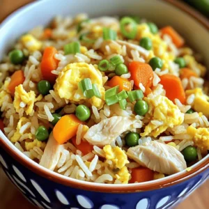 - 2 cups cooked rice - 1 cup cooked chicken - 1 cup mixed vegetables - 2 large eggs - 3 tablespoons soy sauce - 2 tablespoons sesame oil - 1 tablespoon olive oil - 2 green onions - 2 cloves garlic - Salt and pepper Using the right ingredients is key to making a great chicken fried rice. Here’s what you need. First, you need two cups of cooked rice. I recommend using day-old rice. It has the right texture for frying. Freshly cooked rice can be too sticky. Next, you’ll want one cup of cooked chicken. This can be leftover rotisserie chicken or any cooked chicken you have. Just chop it into small pieces. For the veggies, a cup of mixed vegetables works best. You can use carrots, peas, and bell peppers. These add color and taste to your dish. You will also need two large eggs. They give creaminess and a nice flavor. Three tablespoons of soy sauce add saltiness and depth. Using low-sodium soy sauce is a smart choice, too. Two tablespoons of sesame oil bring a nutty flavor. It makes the dish more exciting. One tablespoon of olive oil helps cook the garlic and other ingredients. Two green onions add freshness on top. Slice them thin for the best texture. Finally, two cloves of garlic will boost the flavor. Mince them well before adding. - Best rice varieties for fried rice: Long-grain rice, like jasmine or basmati, works best. It stays fluffy and separate when cooked. - Importance of using day-old rice: Day-old rice has less moisture than fresh rice. This prevents it from becoming mushy in the pan. - Suitable alternatives for mixed vegetables: You can use frozen mixed vegetables for convenience. They are quick and easy to add. Other options include bell peppers, broccoli, or snap peas. To start, you need cooked rice. Make sure it's cold. Day-old rice works best. This helps the rice stay separate and not mushy. If the rice is clumpy, break it up gently. Next, chop your cooked chicken. Dice it into small, bite-sized pieces. This makes it easy to eat. Now, prepare your mixed vegetables. You can use a mix of carrots, peas, and bell peppers. Finally, slice the green onions for garnish. Now, let's cook! First, heat a large skillet or wok. Pour in one tablespoon of olive oil and two tablespoons of sesame oil. Heat it over medium-high until it shimmers. Add minced garlic to the hot oil. Sauté it for about 30 seconds. You want it to smell great but be careful not to burn it. Next, shift the garlic to one side of the skillet. Pour your two beaten eggs into the empty side. Scramble the eggs on medium-low heat. They should take about 2-3 minutes to cook. Once done, fold the eggs into the garlic. Add your diced chicken and mixed vegetables next. Stir-fry everything together for about 3-5 minutes. The veggies should be bright and tender. Now it’s time to add the cold rice. Gently add it to the skillet. Use a spatula to break up any clumps. Stir everything together to mix the flavors well. Drizzle three tablespoons of soy sauce over the rice. Stir it well to coat all ingredients. Taste the dish and adjust with salt and pepper if needed. Finally, toss in the sliced green onions. Stir for another 1-2 minutes to heat it all through. Remove the skillet from heat. For serving, use deep bowls for a nice look. Garnish with more green onions and a light drizzle of sesame oil. This adds a nice touch to your dish. To see all the details, check the Full Recipe. To prevent mushy fried rice, always use cold, day-old rice. Fresh rice holds too much moisture. Break up clumps before cooking. This helps the grains fry evenly. Cooking at the right temperature is key. Use medium-high heat to get a nice texture. If the heat is too low, the rice will steam instead of fry. To boost flavor, add seasonings like garlic powder or black pepper. A pinch of crushed red pepper gives a nice heat. Sesame oil plays a big role in your dish's flavor. It adds a nutty taste that blends well with other ingredients. Use the right amount for the best results. Choose a heavy skillet or a wok for cooking. A non-stick surface helps prevent sticking. Use a spatula or wooden spoon for stirring. These tools make it easy to mix ingredients well. A good knife is also important for chopping veggies and chicken. Having the right tools makes cooking more fun! {{image_4}} You can easily switch up the protein in your fried rice. If you prefer shrimp, use about one cup of cooked shrimp. Just add them when you add the chicken. They cook quickly and taste great. For a vegetarian option, try tofu. Use firm tofu, diced into small cubes. Sauté it until golden before adding the vegetables. This adds a nice texture and flavor. Feel free to get creative with your vegetable choices! You can mix in broccoli, snap peas, or even corn. Seasonal veggies like zucchini or bell peppers can brighten up your dish. Just chop them into small pieces for even cooking. This way, you can enjoy fresh flavors all year round. Adding sauces can change the flavor profile of your fried rice. You might try teriyaki for a sweet twist or sriracha for some heat. If you like spice, add red pepper flakes or chili paste. These ingredients can turn your dish into a flavorful experience. Remember, a little goes a long way, so start small and taste as you go. For the full recipe, check out the details above! To keep leftover fried rice fresh, use airtight containers. Glass or plastic containers work well. Make sure to cool the rice before sealing it. This helps avoid moisture buildup, which can make it soggy. When reheating fried rice, use a skillet or microwave. If using a skillet, add a splash of water or broth. This adds moisture and prevents sticking. Heat it over medium heat, stirring often. In the microwave, cover the bowl with a damp paper towel. This keeps the rice moist while it heats. To freeze fried rice properly, place it in airtight freezer bags. Remove as much air as possible before sealing. Label the bags with the date. For best quality, eat it within three months. When ready to eat, thaw it in the fridge overnight before reheating. To make Easy Chicken Fried Rice, follow these steps: 1. Prepare the Ingredients: Use cold, day-old rice. Chop your cooked chicken and mixed vegetables into small pieces. Slice green onions for garnish. 2. Heat the Oil: In a large skillet, heat olive oil and sesame oil over medium-high heat until it shimmers. 3. Cook the Garlic: Add minced garlic and sauté for about 30 seconds, until fragrant. 4. Scramble the Eggs: Move garlic aside. Pour in beaten eggs and scramble for 2-3 minutes. Fold them into the garlic. 5. Add Chicken and Vegetables: Introduce chicken and mixed vegetables. Stir-fry for 3-5 minutes until tender. 6. Incorporate Rice: Add cold rice, breaking up clumps. Stir to mix well. 7. Season the Rice: Drizzle soy sauce over the mixture. Stir and season with salt and pepper to taste. 8. Finish and Serve: Toss in green onions and stir for an additional 1-2 minutes. Remove from heat. 9. Plating: Serve in bowls, garnished with green onions and a drizzle of sesame oil. Yes, using leftover rice is great for this recipe. Here are some benefits: - Texture: Leftover rice becomes firmer, which helps avoid mushiness. - Flavor: It absorbs sauces better, enhancing the taste. - Convenience: It saves cooking time and reduces food waste. Pair your chicken fried rice with these side dishes for a balanced meal: - Spring Rolls: Crispy and light, they add crunch. - Egg Drop Soup: Warm and comforting, it complements the main dish well. - Steamed Dumplings: These add a savory touch and pair nicely. Try these options for a delightful dining experience! Easy chicken fried rice is a simple, tasty dish. We covered all the basics, from key ingredients to step-by-step cooking. You learned how to avoid common mistakes and enhance flavor. Explore variations with different proteins, veggies, and sauces to keep it interesting. Store any leftovers correctly to enjoy them later. This dish is flexible and satisfying, perfect for busy days. I hope you feel ready to create your own delicious fried rice now!