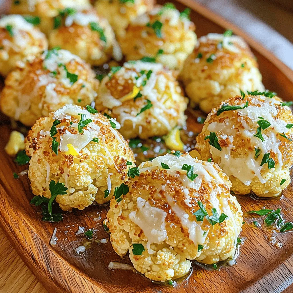 - 1 large head of cauliflower, cut into bite-sized florets - 3 tablespoons extra virgin olive oil - 4 cloves garlic, finely minced - 1 teaspoon dried Italian seasoning - 1/2 teaspoon sea salt - 1/4 teaspoon freshly ground black pepper - 1/3 cup freshly grated Parmesan cheese - 2 tablespoons fresh parsley, finely chopped (for garnish) - Zest of 1 lemon (optional) These ingredients create a tasty dish. You can find the full recipe above. The cauliflower gives great texture. The garlic adds a strong flavor that pairs well with cheese. Olive oil helps everything cook evenly and adds a nice richness. The Italian seasoning brings warmth, while salt and pepper enhance the taste. For the final touch, Parmesan cheese adds a savory kick. Fresh parsley brightens the dish, making it pretty. Lemon zest, if you use it, gives a fresh twist. This mix of flavors makes Baked Garlic Parmesan Cauliflower a delight! - Preheat the oven to 425°F (220°C). This step is key for a great roast. - Create the marinade with olive oil, garlic, and seasonings. This mix adds deep flavor. - Toss cauliflower florets in the marinade until fully coated. Make sure every piece gets some love. - Arrange on a baking sheet lined with parchment paper. This keeps your pan clean and makes for easy removal. - Roast for 25-30 minutes, turning halfway. This helps them brown evenly and get crisp. - Sprinkle Parmesan cheese and return to the oven. The cheese melts and creates a delicious crust. For the full recipe, check the section above. Enjoy this easy flavor boost! To get the best flavor, always use fresh garlic. Fresh garlic gives a strong taste that dried garlic can’t match. You can also adjust the seasonings to fit your taste. If you love more spice, try adding extra black pepper or some red pepper flakes. It’s all about what you enjoy. Roast the cauliflower until it turns golden. This will give you a nice crispy finish. If the cauliflower is too close together on the baking sheet, it will steam instead of roast. Make sure to spread the florets out in a single layer. This way, they cook evenly and get that perfect crunch. Serving is just as important as cooking. Use a large platter to show off your baked cauliflower. Drizzle some extra olive oil over it to add shine. Lastly, garnish with parsley and lemon zest. This will make your dish colorful and inviting. For more details, check the Full Recipe. {{image_4}} You can switch things up by using different cheeses. Try cheddar for a sharp taste or mozzarella for a milder flavor. Both will melt beautifully and add a unique twist to your dish. Want some extra texture? Adding breadcrumbs can give your cauliflower a nice crunch. You can also toss in some nuts like pine nuts or walnuts. These not only add crunch but also bring a nutty flavor that pairs well with the garlic and cheese. Feel free to get creative with herbs and spices. For a fresh twist, try adding thyme or rosemary. If you like heat, sprinkle in some red pepper flakes. These small changes can elevate the dish and make it your own. For all the details on making this tasty dish, check out the Full Recipe. Store your baked garlic Parmesan cauliflower in an airtight container. It stays fresh in the fridge for up to 3 days. This helps keep the flavors intact. For the best texture, reheat the cauliflower in the oven. Set it at 350°F (175°C) for about 10-15 minutes. This will help it regain some of its crispiness. If you need a quick option, use the microwave. Just know that it may lose some of that nice crunch. If you want to keep your cauliflower longer, flash freeze it. Spread the florets on a baking sheet and freeze for about 1 hour. Once frozen, transfer them to a freezer bag. When you're ready to eat, you can reheat them straight from frozen. This makes it super easy to enjoy later! Yes, you can easily make this dish vegan. Just substitute the Parmesan cheese with a vegan alternative. Many brands offer great options that melt well and add flavor. This swap keeps the dish creamy and delicious, while making it suitable for a vegan diet. Baked Garlic Parmesan Cauliflower pairs perfectly with grilled meats. It also works great as a side to pasta. The flavors blend well, making every bite enjoyable. You can also serve it with a fresh salad for a balanced meal. To keep the cauliflower crisp, ensure even spacing on the baking sheet. This helps hot air circulate around each piece. Avoid overcrowding the sheet, which can lead to steaming instead of roasting. Also, be careful not to overcook it. Aim for a golden color for the best texture. This recipe for Baked Garlic Parmesan Cauliflower is simple and delicious. You learned how to prepare, season, and roast cauliflower for the best flavor and texture. Using fresh ingredients and customizing with your favorite herbs can make it even better. Store leftovers correctly, or freeze for later use. Whether enjoyed as a side dish or a main, this recipe is sure to please. Give it a try, and enjoy this crunchy, cheesy treat!