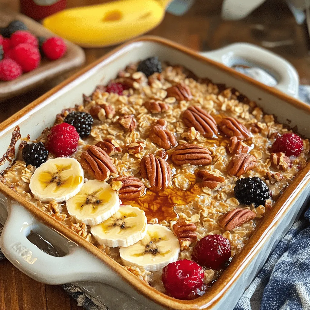 Here is what you need to make Maple Pecan Baked Oatmeal: - 2 cups rolled oats - 1/2 cup chopped pecans - 1/4 cup pure maple syrup - 1/2 cup almond milk (or any milk of your choice) - 1/2 cup unsweetened applesauce - 2 large eggs, beaten - 1 teaspoon pure vanilla extract - 1 teaspoon baking powder - 1/2 teaspoon ground cinnamon - 1/4 teaspoon sea salt - Fresh fruit for topping These ingredients blend together to create a warm, tasty dish. The rolled oats form the base, while the chopped pecans add crunch. Pure maple syrup gives a sweet flavor that makes this recipe special. You can use any milk you like, but almond milk works well. Unsweetened applesauce keeps it moist and adds natural sweetness. Beaten eggs help bind everything together. The vanilla extract brings out the flavors nicely. Baking powder makes it rise, while ground cinnamon gives a nice spice. Finally, the sea salt balances the sweetness. For topping, fresh fruit like bananas or berries adds color and flavor. You can find the full recipe above. 1. Preheat your oven to 350°F (175°C). Grease an 8x8-inch baking dish with non-stick spray or a little oil. 2. In a large bowl, mix together the dry ingredients: - 2 cups rolled oats - 1/2 cup chopped pecans - 1 teaspoon baking powder - 1/2 teaspoon ground cinnamon - 1/4 teaspoon sea salt Stir until all dry ingredients are well blended. 3. In another bowl, whisk the wet ingredients: - 1/2 cup almond milk (or any milk of your choice) - 1/4 cup pure maple syrup - 1/2 cup unsweetened applesauce - 2 large eggs, beaten - 1 teaspoon pure vanilla extract Whisk until the mixture is smooth. 4. Pour the wet ingredients into the dry mixture. Stir well to combine everything. Make sure there are no dry patches. 5. Transfer the mixture into your prepared baking dish. Spread it out evenly. 6. Bake in the oven for 25-30 minutes. The top should be golden brown and set. A toothpick inserted in the center should come out clean. 7. Once baked, let it cool for a few minutes. Cut it into squares. 8. Serve warm, topped with fresh fruit like sliced bananas or mixed berries. You can drizzle more maple syrup if you like it sweeter. For a beautiful presentation, serve the oatmeal squares on a rustic board or colorful plate, garnished with chopped pecans and a few edible flowers. Enjoy this delicious Maple Pecan Baked Oatmeal! For more details, you can check the Full Recipe. You can easily switch up this recipe. If you have dietary needs, replace the eggs with flax eggs. Just mix 1 tablespoon of ground flaxseed with 2.5 tablespoons of water. Let it sit for five minutes to thicken. This is a great vegan option. You can also swap out almond milk for coconut, soy, or oat milk. Feel free to use different nuts or fruits too. Instead of pecans, try walnuts or almonds. You can even mix in seeds like pumpkin or sunflower for a crunchy twist. For fruits, add apples, pears, or dried fruits like cranberries for extra flavor. To ensure even baking, spread the mixture evenly in the dish. Press it down gently with a spatula. This helps it cook uniformly. Keep an eye on the oatmeal while it bakes. Baking times can vary based on your oven. You can adjust the sweetness too. If you want it sweeter, add more maple syrup or some brown sugar. For less sweetness, cut back on the syrup. To change the texture, add more applesauce for a moist dish or more oats for a firmer texture. Experiment until you find your favorite balance! For the full recipe, check the main section. {{image_4}} You can add fun twists to your Maple Pecan Baked Oatmeal. Here are two ideas: - Chocolate Chip Maple Pecan Oatmeal: Mix in 1/2 cup of chocolate chips. They melt and create a rich, sweet bite. The chocolate pairs well with maple and pecans. - Apple Cinnamon Baked Oatmeal: Stir in 1 cup of diced apples and add a bit more cinnamon. This gives a warm, cozy flavor. It feels like a hug on a cold morning. Switching things up with seasonal ingredients can make breakfast exciting. Consider these options: - Pumpkin Spice Maple Pecan Oatmeal: Add 1 cup of pumpkin puree and a mix of pumpkin spice. This makes your oatmeal perfect for fall. The spices create a warm, inviting breakfast. - Berry Maple Pecan Baked Oatmeal: Fold in 1 cup of mixed berries like blueberries or raspberries. The berries add bright flavors and color. They help balance the sweetness of the maple syrup. These variations allow you to make the recipe your own. Try them out for tasty new breakfasts! For the full recipe, check out the instructions above. To keep your Maple Pecan Baked Oatmeal fresh, store it in the fridge. Place it in an airtight container. This will help it stay moist and tasty. Consume leftovers within 4 to 5 days for the best flavor. If you want to store it longer, freezing is a great option. Cut the oatmeal into squares before freezing. Wrap each square in plastic wrap and then place them in a freezer-safe bag. This way, you can enjoy a quick meal any time. You can reheat your baked oatmeal in two main ways: the microwave or the oven. If you use the microwave, place a square on a plate and heat it for about 30 to 60 seconds. Check to see if it is warm enough. If you prefer the oven, preheat it to 350°F (175°C). Place the oatmeal in an oven-safe dish, cover it with foil, and heat for about 15 minutes. This method helps keep that nice texture. Always add a splash of milk or a drizzle of maple syrup if it seems dry. How do I make Maple Pecan Baked Oatmeal gluten-free? To make this dish gluten-free, use certified gluten-free rolled oats. They offer the same texture and flavor. You can also check the maple syrup to ensure it has no additives. Can I prepare the oatmeal ahead of time? Yes! You can prepare the mixture the night before. Just cover it and place it in the fridge. In the morning, bake it right from the fridge. It saves time and makes breakfast easy. What are some healthy topping ideas? You can use fresh fruit like bananas or berries. Nuts or seeds add crunch too. A dollop of yogurt can make it creamy. Drizzle a little extra maple syrup for sweetness. This baked oatmeal has around 200 calories per serving. It provides fiber from oats and healthy fats from pecans. The applesauce adds natural sweetness and moisture without extra sugar. Compared to traditional oatmeal, this recipe is heartier due to the eggs and nuts. It gives you more protein and keeps you full longer. Enjoy a tasty and balanced meal! This blog post covers how to make Maple Pecan Baked Oatmeal. We reviewed the best ingredients and steps for a delicious dish. You learned about tips for customizing flavors and storing leftovers. Remember, you can adjust this recipe to fit your needs and tastes. Try adding different nuts or fruits for a fun twist. This dish is not just tasty; it’s also healthy. Enjoy baking and sharing your new creation with friends and family.