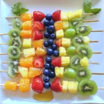 To make Rainbow Fruit Skewers, you need some vibrant and tasty fruits. Here’s what you will need: - 1 cup strawberries, hulled and halved - 1 cup juicy orange segments - 1 cup fresh pineapple chunks - 1 cup crisp green grapes, halved - 1 cup plump blueberries - 1 cup ripe kiwi, peeled and sliced - Optional ingredients: 1 tablespoon honey, 1 tablespoon fresh mint - Skewers (wooden or metal) Choosing the right fruits is key to a great skewer. I love using fresh, seasonal fruits for the best flavor. Strawberries bring a sweet and juicy bite, while oranges add a nice citrus zing. Pineapple gives a tropical twist, and grapes add crunch. Blueberries are sweet and pop in your mouth, and kiwi adds a lovely tang. You can also drizzle honey over the skewers for extra sweetness. Fresh mint makes a great garnish that looks pretty and tastes fresh. Remember to use clean skewers, whether they are wooden or metal. If you choose wooden skewers, soak them in water first. This step prevents them from burning if you grill the skewers. For the full recipe, check out Rainbow Fruit Skewers Delight . Start by washing your fruits well. This step is very important for safety. - Hull and halve 1 cup strawberries. - Segment 1 cup juicy oranges into bite-sized pieces. - Chop 1 cup fresh pineapple into robust chunks. - Halve 1 cup crisp green grapes. - Peel and slice 1 cup ripe kiwi into rounds. If you use wooden skewers, soak them in water for about 30 minutes. This helps prevent burning when grilling. Soaking is optional but helpful. Now it's time to thread the fruits onto the skewers. Follow this rainbow order for a bright display: - Start with a strawberry. - Add an orange segment next. - Follow with a chunk of pineapple. - Then, a halved green grape. - Add a blueberry. - Finish with a slice of kiwi. Continue until all skewers are full. Mix colors for a vibrant look. After assembling, you can drizzle honey over the skewers if you like. This adds a nice touch of sweetness. Chill the skewers in the fridge for about 15-20 minutes. This step makes the fruit taste even better. Just before serving, sprinkle chopped mint on top for a fresh flavor. For the full recipe, refer to the main instructions. Arranging your skewers on a colorful platter makes them pop! Use a bright plate to show off those vibrant colors. Add some fresh mint leaves around the skewers for a fun touch. This not only adds color but also brings a fresh scent to your dish. Pair your rainbow fruit skewers with yogurt for a tasty dip. You can use vanilla or Greek yogurt for added creaminess. These skewers are perfect for parties! Serve them at birthdays, picnics, or any fun event. Guests will love grabbing these colorful treats. Always choose ripe and seasonal fruits. Fresh fruits taste better and look great on your skewers. When preparing your fruits, wash them well. Keep them in the fridge until you are ready to assemble. This keeps them fresh and crisp. For the best results, use fruits that are in season to ensure great taste and quality. For the full recipe, check out Rainbow Fruit Skewers Delight! {{image_4}} You can switch up the fruits in your skewers. Try using mango, melon, or banana. These fruits add great taste and vibrant colors. You can also use seasonal fruits. In summer, peaches and berries shine. In fall, apples and pears bring warmth. This way, you keep your skewers fresh and fun! Get creative with themed skewers for special events. Use red and green fruits for Christmas. For sports events, match your team colors. You can also dip fruits in chocolate or yogurt for added flavor. This twist makes them even more exciting. Kids and adults alike will love the fun additions! If you have guests with dietary needs, you can adapt your skewers. Choose all fruits to keep them vegan and gluten-free. For those watching sugar, use fruits like berries, which are lower in sugar. You can also skip the honey. This way, everyone can enjoy your rainbow fruit skewers without worry. To keep your rainbow fruit skewers fresh, store them in the fridge. Use a sealed container or wrap the skewers tightly in plastic wrap. This helps keep moisture in and prevents the fruits from drying out. I suggest using a glass or plastic container with a lid. These containers work well and make it easy to see the colorful skewers. If you have leftover fruits, you can freeze them. Cut the fruits into bite-sized pieces and spread them on a baking sheet. Freeze them for about two hours. After that, transfer the frozen fruits into a freezer bag. This helps prevent them from sticking together. When you want to use the fruits, thaw them in the fridge overnight for best quality. Avoid thawing them at room temperature, as it can make them mushy. Rainbow fruit skewers can last in the fridge for about three days. After that, they might lose their taste and texture. Look for signs that the fruits are past their prime. If the fruits look dull or feel slimy, it’s time to toss them. Fresh fruit should look bright and feel firm. Keep an eye on them to enjoy their best flavors! To make Rainbow Fruit Skewers, you need a few fresh fruits and skewers. Gather these ingredients: - 1 cup strawberries, hulled and halved - 1 cup juicy orange segments - 1 cup fresh pineapple chunks - 1 cup crisp green grapes, halved - 1 cup plump blueberries - 1 cup ripe kiwi, peeled and sliced Start by washing all your fruits. Prepare them by cutting and slicing as needed. Next, take a skewer and thread your fruit pieces onto it in a colorful order. I suggest starting with a strawberry, then an orange, followed by pineapple, grape, blueberry, and kiwi. Keep going until your skewers are full of vibrant fruit. For an added touch, drizzle a bit of honey on top. Serve these lovely skewers chilled for the best taste. For the full recipe, check out the detailed instructions. Using frozen fruit for skewers is not ideal. Frozen fruit tends to release water when thawed. This can make the skewers mushy and less appealing. If you must use frozen fruit, choose fruit that holds its shape well, like frozen blueberries. Thaw them gently and drain excess water. Still, fresh fruit gives the best taste and texture. The best fruits for skewers are colorful and firm. I recommend choosing fruits that are easy to thread and hold their shape. Here are some favorites: - Strawberries - Oranges - Pineapple - Grapes - Blueberries - Kiwi Feel free to mix in other fruits like mango or melon for variety. The more colors, the better the display! Some fruits, like apples and bananas, brown quickly after cutting. To keep them fresh, dip the cut pieces in lemon juice. The acidity slows down the browning process. You can also store them in cold water mixed with a little lemon juice. This keeps the colors bright and the fruits looking fresh. Yes, Rainbow Fruit Skewers are very healthy! They are packed with vitamins, minerals, and fiber. Each fruit offers unique health benefits. For example: - Strawberries boost heart health. - Oranges provide vitamin C. - Pineapple helps digestion. - Kiwis are high in antioxidants. - Grapes support hydration. These skewers are a fun way to enjoy a mix of nutrients while satisfying your sweet tooth. Rainbow fruit skewers are a fun way to enjoy healthy snacks. They use vibrant fruits like strawberries, oranges, and grapes. Follow the steps to prepare, assemble, and serve these colorful treats. Remember to choose fresh fruits and consider fun variations for your skewers. With a few simple tips, you can create tasty combos for any occasion. Now, grab your skewers and get creative! Enjoy these healthy bites that everyone will love.