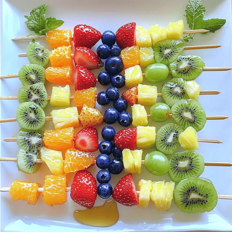 To make Rainbow Fruit Skewers, you need some vibrant and tasty fruits. Here’s what you will need: - 1 cup strawberries, hulled and halved - 1 cup juicy orange segments - 1 cup fresh pineapple chunks - 1 cup crisp green grapes, halved - 1 cup plump blueberries - 1 cup ripe kiwi, peeled and sliced - Optional ingredients: 1 tablespoon honey, 1 tablespoon fresh mint - Skewers (wooden or metal) Choosing the right fruits is key to a great skewer. I love using fresh, seasonal fruits for the best flavor. Strawberries bring a sweet and juicy bite, while oranges add a nice citrus zing. Pineapple gives a tropical twist, and grapes add crunch. Blueberries are sweet and pop in your mouth, and kiwi adds a lovely tang. You can also drizzle honey over the skewers for extra sweetness. Fresh mint makes a great garnish that looks pretty and tastes fresh. Remember to use clean skewers, whether they are wooden or metal. If you choose wooden skewers, soak them in water first. This step prevents them from burning if you grill the skewers. For the full recipe, check out Rainbow Fruit Skewers Delight . Start by washing your fruits well. This step is very important for safety. - Hull and halve 1 cup strawberries. - Segment 1 cup juicy oranges into bite-sized pieces. - Chop 1 cup fresh pineapple into robust chunks. - Halve 1 cup crisp green grapes. - Peel and slice 1 cup ripe kiwi into rounds. If you use wooden skewers, soak them in water for about 30 minutes. This helps prevent burning when grilling. Soaking is optional but helpful. Now it's time to thread the fruits onto the skewers. Follow this rainbow order for a bright display: - Start with a strawberry. - Add an orange segment next. - Follow with a chunk of pineapple. - Then, a halved green grape. - Add a blueberry. - Finish with a slice of kiwi. Continue until all skewers are full. Mix colors for a vibrant look. After assembling, you can drizzle honey over the skewers if you like. This adds a nice touch of sweetness. Chill the skewers in the fridge for about 15-20 minutes. This step makes the fruit taste even better. Just before serving, sprinkle chopped mint on top for a fresh flavor. For the full recipe, refer to the main instructions. Arranging your skewers on a colorful platter makes them pop! Use a bright plate to show off those vibrant colors. Add some fresh mint leaves around the skewers for a fun touch. This not only adds color but also brings a fresh scent to your dish. Pair your rainbow fruit skewers with yogurt for a tasty dip. You can use vanilla or Greek yogurt for added creaminess. These skewers are perfect for parties! Serve them at birthdays, picnics, or any fun event. Guests will love grabbing these colorful treats. Always choose ripe and seasonal fruits. Fresh fruits taste better and look great on your skewers. When preparing your fruits, wash them well. Keep them in the fridge until you are ready to assemble. This keeps them fresh and crisp. For the best results, use fruits that are in season to ensure great taste and quality. For the full recipe, check out Rainbow Fruit Skewers Delight! {{image_4}} You can switch up the fruits in your skewers. Try using mango, melon, or banana. These fruits add great taste and vibrant colors. You can also use seasonal fruits. In summer, peaches and berries shine. In fall, apples and pears bring warmth. This way, you keep your skewers fresh and fun! Get creative with themed skewers for special events. Use red and green fruits for Christmas. For sports events, match your team colors. You can also dip fruits in chocolate or yogurt for added flavor. This twist makes them even more exciting. Kids and adults alike will love the fun additions! If you have guests with dietary needs, you can adapt your skewers. Choose all fruits to keep them vegan and gluten-free. For those watching sugar, use fruits like berries, which are lower in sugar. You can also skip the honey. This way, everyone can enjoy your rainbow fruit skewers without worry. To keep your rainbow fruit skewers fresh, store them in the fridge. Use a sealed container or wrap the skewers tightly in plastic wrap. This helps keep moisture in and prevents the fruits from drying out. I suggest using a glass or plastic container with a lid. These containers work well and make it easy to see the colorful skewers. If you have leftover fruits, you can freeze them. Cut the fruits into bite-sized pieces and spread them on a baking sheet. Freeze them for about two hours. After that, transfer the frozen fruits into a freezer bag. This helps prevent them from sticking together. When you want to use the fruits, thaw them in the fridge overnight for best quality. Avoid thawing them at room temperature, as it can make them mushy. Rainbow fruit skewers can last in the fridge for about three days. After that, they might lose their taste and texture. Look for signs that the fruits are past their prime. If the fruits look dull or feel slimy, it’s time to toss them. Fresh fruit should look bright and feel firm. Keep an eye on them to enjoy their best flavors! To make Rainbow Fruit Skewers, you need a few fresh fruits and skewers. Gather these ingredients: - 1 cup strawberries, hulled and halved - 1 cup juicy orange segments - 1 cup fresh pineapple chunks - 1 cup crisp green grapes, halved - 1 cup plump blueberries - 1 cup ripe kiwi, peeled and sliced Start by washing all your fruits. Prepare them by cutting and slicing as needed. Next, take a skewer and thread your fruit pieces onto it in a colorful order. I suggest starting with a strawberry, then an orange, followed by pineapple, grape, blueberry, and kiwi. Keep going until your skewers are full of vibrant fruit. For an added touch, drizzle a bit of honey on top. Serve these lovely skewers chilled for the best taste. For the full recipe, check out the detailed instructions. Using frozen fruit for skewers is not ideal. Frozen fruit tends to release water when thawed. This can make the skewers mushy and less appealing. If you must use frozen fruit, choose fruit that holds its shape well, like frozen blueberries. Thaw them gently and drain excess water. Still, fresh fruit gives the best taste and texture. The best fruits for skewers are colorful and firm. I recommend choosing fruits that are easy to thread and hold their shape. Here are some favorites: - Strawberries - Oranges - Pineapple - Grapes - Blueberries - Kiwi Feel free to mix in other fruits like mango or melon for variety. The more colors, the better the display! Some fruits, like apples and bananas, brown quickly after cutting. To keep them fresh, dip the cut pieces in lemon juice. The acidity slows down the browning process. You can also store them in cold water mixed with a little lemon juice. This keeps the colors bright and the fruits looking fresh. Yes, Rainbow Fruit Skewers are very healthy! They are packed with vitamins, minerals, and fiber. Each fruit offers unique health benefits. For example: - Strawberries boost heart health. - Oranges provide vitamin C. - Pineapple helps digestion. - Kiwis are high in antioxidants. - Grapes support hydration. These skewers are a fun way to enjoy a mix of nutrients while satisfying your sweet tooth. Rainbow fruit skewers are a fun way to enjoy healthy snacks. They use vibrant fruits like strawberries, oranges, and grapes. Follow the steps to prepare, assemble, and serve these colorful treats. Remember to choose fresh fruits and consider fun variations for your skewers. With a few simple tips, you can create tasty combos for any occasion. Now, grab your skewers and get creative! Enjoy these healthy bites that everyone will love.