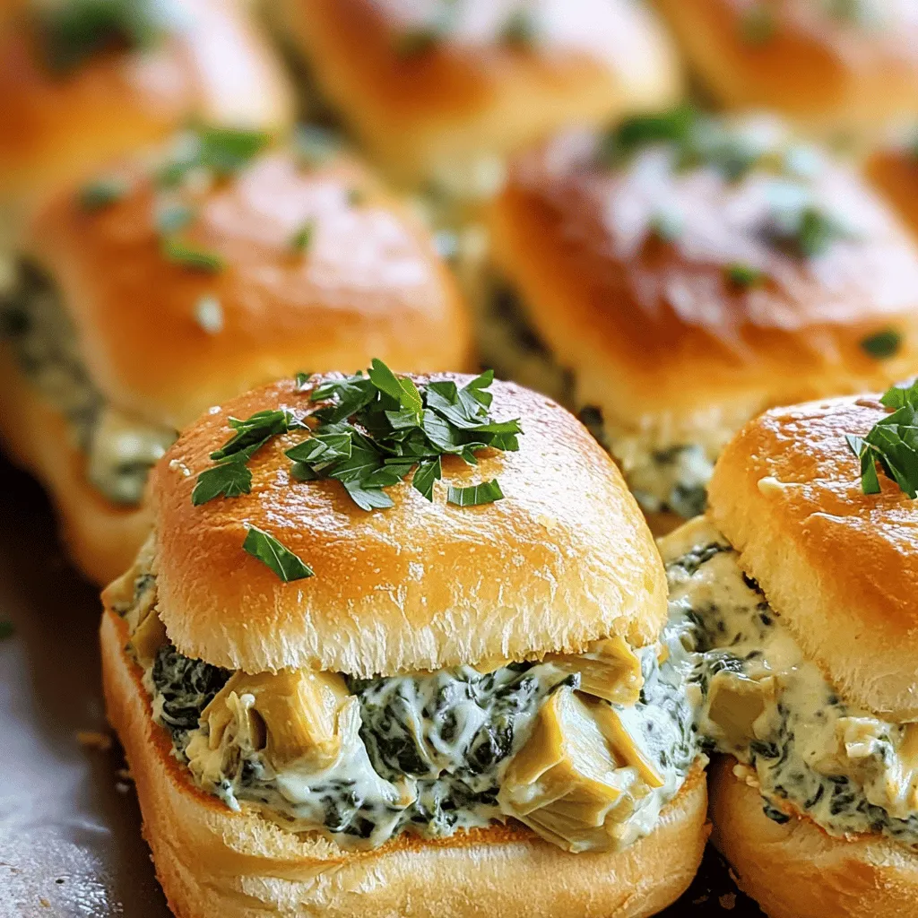 To make Spinach Artichoke Dip Sliders, gather these main ingredients: - 1 cup cooked spinach, squeezed dry and chopped - 1 cup canned artichoke hearts, drained and chopped - 1 cup cream cheese, softened - 1 cup sour cream - 1 cup shredded mozzarella cheese - 1/2 cup grated Parmesan cheese - 1 teaspoon garlic powder - 1 teaspoon onion powder - Salt and black pepper, to taste - 12 slider buns - Fresh parsley, chopped, for garnish These ingredients blend to create a creamy dip that fills the sliders with flavor. If you have dietary needs, here are some swaps you can use: - Use Greek yogurt instead of sour cream for a tangy taste. - Substitute low-fat cream cheese for a lighter option. - For vegan sliders, try plant-based cream cheese and vegan mozzarella. - You can swap the buns for lettuce wraps if you want a low-carb choice. These options help everyone enjoy the dish without worry. For this recipe, you will need these kitchen tools: - A large mixing bowl for combining ingredients - A spatula for mixing - A baking dish to hold the sliders - Aluminum foil to cover the dish while baking - A knife for slicing the slider buns Having these tools ready makes your cooking process smooth and easy. To make these Spinach Artichoke Dip Sliders, start by cooking the spinach. If you use fresh spinach, wash it well and sauté it in a pan until wilted. This takes about 3-5 minutes. Once cooked, squeeze out any extra water so your dip stays creamy. Next, prepare the artichokes. Use canned artichoke hearts for ease. Drain them well and chop them roughly. Now, in a mixing bowl, combine the cooked spinach and chopped artichokes. Add the softened cream cheese and sour cream. Next, sprinkle in the shredded mozzarella, grated Parmesan, garlic powder, onion powder, and a pinch of salt and pepper. Mix everything together until it becomes a smooth, creamy dip. This step is key for a rich flavor. Now that your dip is ready, it’s time to assemble the sliders. Carefully slice the slider buns in half horizontally. Place the bottom halves in a large baking dish, fitting them snugly together. Spread the creamy spinach artichoke mixture evenly over the bottom halves of the buns. Make sure to cover every bit for even taste. This is the fun part! Once you have the dip on the buns, place the top halves over the filling. Gently press down so they stick. This helps keep everything inside while baking. Preheat your oven to 350°F (175°C). This step is important for even baking. Once preheated, cover the baking dish tightly with aluminum foil. Bake for 15 minutes to steam the sliders. After 15 minutes, carefully take off the foil. This allows the tops to crisp up. Bake for another 10-15 minutes until the tops are golden brown and crispy. To get those perfect crispy tops, brush the tops with a little olive oil before baking. This gives your sliders a tasty finish. Once they are done, let them cool for about 5 minutes before serving. Enjoy your Spinach Artichoke Dip Sliders warm and garnished with fresh parsley for that pop of color. For the full recipe, check out the details above! To make a creamier dip, use room-temperature cream cheese. This helps it blend well. Mixing the ingredients slowly will also help. If you want a richer flavor, add more Parmesan cheese. For personal taste, adjust the garlic and onion powder. Taste as you mix, and add salt and pepper as needed. Serve these sliders warm for the best flavor. You can place them on a large platter. Pair them with a bowl of marinara sauce for dipping. A side of crunchy veggies complements the richness too. For drinks, light beers or a crisp white wine work great. Garnishing adds a nice touch. Sprinkle finely chopped fresh parsley on top for color. You can also add red pepper flakes for a hint of heat. For parties, arrange sliders in a fun pattern. Use colorful plates or platters to catch the eye. If you're ready to try these fun sliders, check out the Full Recipe for detailed steps! {{image_4}} You can change up the flavor of your sliders in many fun ways. Try adding different cheeses like cheddar or gouda for a unique taste. You might also sprinkle in spices like cayenne for some heat or Italian seasoning for added depth. If you want to make it heartier, consider adding cooked chicken or crumbled bacon. You can even toss in more veggies, like diced bell peppers or mushrooms, to boost the nutrition and flavor of your sliders. If you're looking for gluten-free options, use gluten-free slider buns. They taste great and keep the sliders fun. For vegan adaptations, swap the cream cheese and sour cream with plant-based versions. Nutritional yeast can give you that cheesy flavor without dairy. You can also use vegan mozzarella cheese to keep it creamy and delicious. You can serve your sliders in different ways, too. If you want a fun twist, make a dip platter instead. Just place the spinach artichoke dip in a bowl and surround it with chips or veggies for dipping. This method works great for larger gatherings. You can also serve the sliders as part of a buffet, where guests can grab their own. This makes it easy and fun for everyone to enjoy. For the full recipe, check out the details above. To keep your sliders fresh, store them in an airtight container. Place a layer of parchment paper between the sliders to avoid sticking. You can refrigerate them for up to three days. If you want to save them longer, freeze the sliders. Wrap them tightly in plastic wrap, then place them in a freezer bag. They can last for up to three months in the freezer. When you're ready to enjoy your leftovers, reheating is key. For the best texture, use an oven. Preheat it to 350°F (175°C). Place the sliders on a baking sheet and cover them with foil. Heat for about 10-15 minutes until warmed through. If you prefer a quicker method, use the microwave. Set it to medium power and heat for 30 seconds to 1 minute. Check them often to avoid sogginess. You can safely store cooked sliders in the fridge for about three days. After that, the taste may change, and they might spoil. Signs of spoilage include an off smell or a change in texture. If you see mold, it's best to throw them away. Always trust your senses when it comes to food safety. You can prepare the filling earlier. Mix the cooked spinach, artichoke hearts, and cheeses. Store it in the fridge for up to two days. On serving day, slice your slider buns. Spread the filling on the bottom halves. Then, add the top buns and bake just before serving. This way, you save time and keep flavors fresh. Yes, you can use fresh spinach! Chop it finely and sauté it briefly. This will soften the leaves. Use about 1.5 cups of fresh spinach for the same flavor. Make sure to cool it before adding to the dip. Sautéing will help release some moisture, making your dip creamy. These sliders pair well with a few sides. Try serving them with a fresh salad or crispy veggies. A bowl of marinara sauce makes a great dip. You could also add some chips for crunch. Consider small bowls of olives or pickles to add variety to your platter. This recipe is perfect for parties! You can easily double or triple it. Just make sure to use a larger baking dish. If you want to make it easier, assemble the sliders the night before. Just pop them in the oven when guests arrive. This will keep everyone happy and satisfied! This blog post covered how to make tasty Spinach Artichoke Dip Sliders. We looked at the key ingredients, potential swaps, and tools needed. I shared simple steps to prepare and bake the sliders. You learned tips for great flavor and how to store leftovers. To wrap it up, these sliders are perfect for gatherings. They are easy to make and even more fun to share. Enjoy making them your own with flavors you love!