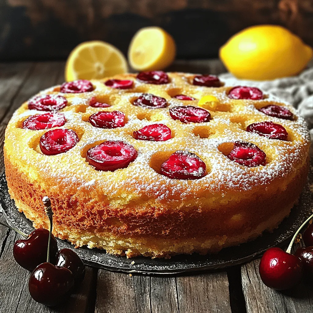 To make the Cherry Lemon Yogurt Cake, you will need the following ingredients: - 1 cup plain Greek yogurt - 1 cup granulated sugar - 3 large eggs - Zest of 1 lemon - 1/4 cup fresh lemon juice - 1/2 cup vegetable oil - 1 3/4 cups all-purpose flour - 2 teaspoons baking powder - 1/2 teaspoon baking soda - 1/2 teaspoon salt - 1 cup fresh cherries, pitted and halved - Powdered sugar for dusting (optional) These ingredients work together to create a moist and flavorful cake. The Greek yogurt adds creaminess, while the lemon gives it a bright taste. The cherries add a lovely burst of flavor. If you don’t have Greek yogurt, you can use regular yogurt. Sour cream is another good choice. You can switch granulated sugar with brown sugar for a deeper flavor. If you prefer a lighter cake, consider using applesauce instead of oil. For those who want a gluten-free option, try using a gluten-free flour blend. Just make sure to check the package for proper measurements. Using fresh cherries gives the cake a great taste and texture. They are juicy and sweet. If fresh cherries are out of season, frozen cherries work too. Just remember to thaw and drain them first. This prevents extra liquid from making the cake too wet. Whichever type you choose, make sure to pit and halve the cherries. This way, they mix well into the batter and bake evenly. For the full recipe, check the instructions above! Start by preheating your oven to 350°F (175°C). This ensures your cake bakes evenly. While the oven heats, prepare a 9-inch round cake pan. You can grease it and dust it with flour. Alternatively, line it with parchment paper for easy removal. This step makes sure your cake does not stick. In a large bowl, combine the Greek yogurt, granulated sugar, and eggs. Use a whisk for this. Mix until the mixture is smooth and creamy. It should look uniform. Next, add the lemon zest and fresh lemon juice. Keep whisking until combined. This adds a bright flavor to your cake. Then, gradually pour in the vegetable oil. Stir gently until it blends well. Take a separate bowl and sift together the all-purpose flour, baking powder, baking soda, and salt. Sifting helps to aerate the flour. This step ensures even rising. Now, slowly fold the dry ingredients into the wet mixture. Use a spatula or wooden spoon. Mix until just combined. Be careful not to overmix. This keeps the cake light and airy. Now it’s time to add the cherries! Fold in the halved cherries gently. Make sure they are evenly spread throughout the batter. Once done, pour the batter into the prepared cake pan. Use a spatula to smooth the top. This helps with even baking. Place the pan in the preheated oven and bake for 30-35 minutes. Check for doneness by inserting a toothpick into the center. If it comes out clean, your cake is ready. After baking, let it cool in the pan for 10 minutes. Finally, transfer it to a wire rack to cool completely. To make your Cherry Lemon Yogurt Cake super moist, use full-fat Greek yogurt. It adds richness and keeps the cake soft. Do not skip the oil; it helps keep the cake tender. Also, be careful not to overmix the batter. Overmixing leads to a dense cake instead of a light one. If you bake at a high altitude, you may need to adjust the baking time. Cakes rise faster in thin air. Start checking for doneness a few minutes earlier. If the cake looks golden but is still wet inside, lower the oven temperature slightly. This helps the cake bake evenly without burning the outside. To check if your cake is done, use a toothpick. Insert it into the center of the cake. If it comes out clean, the cake is ready. If it has batter on it, bake for a few more minutes. Remember, the cake continues to cook a bit after you take it out of the oven. Let it cool in the pan for about 10 minutes before moving it to a wire rack. This cooling time helps keep the cake moist and avoids breaking. For more detailed steps and a full ingredient list, check the Full Recipe. {{image_4}} You can change the flavor of your Cherry Lemon Yogurt Cake by using different fruits. Consider using blueberries, raspberries, or diced peaches. These fruits will add their unique taste and keep the cake moist. You can mix and match to find your favorite combination. Just remember to keep the fruit amount the same as the cherries. Adding spices can elevate your cake's flavor. Cinnamon or nutmeg are great choices. Just a pinch can add warmth and depth to your cake. You can also try adding vanilla extract for a lovely aroma. Mix these spices into your dry ingredients for even distribution. Transforming your cake into cupcakes is simple and fun. Just follow the same recipe but pour the batter into a cupcake tin instead of a cake pan. This way, you get individual servings. Bake for about 20-25 minutes, checking for doneness with a toothpick. Top with frosting or a sprinkle of powdered sugar for a special touch. For the full recipe, check out the Cherry Lemon Yogurt Cake details above. To keep your Cherry Lemon Yogurt Cake fresh, wrap it well. I recommend using plastic wrap or aluminum foil. This prevents air from getting in and drying it out. Store the wrapped cake at room temperature for up to three days. If you live in a hot climate, it’s best to refrigerate it. Just remember to bring it back to room temperature before serving for the best taste. If you want to save some cake for later, freezing is a great option! First, let the cake cool completely. Then, slice it into pieces for easy thawing. Wrap each piece in plastic wrap, then place them in a freezer bag. The cake can freeze for up to three months. When you’re ready to enjoy, just take a slice out and let it thaw in the fridge overnight. To keep your cake at its best, store it in an airtight container. This helps keep moisture in and flavors strong. If you have leftover cake, adding a piece of bread to the container can help maintain moisture. The bread will absorb excess air and keep the cake soft. Also, avoid placing the cake near strong smells in the fridge, as it can absorb those odors. For the full recipe, check the link! Yes, you can make this cake ahead of time. It stays fresh for a few days. Just wrap it in plastic wrap or store it in an airtight container. This keeps it moist. You can also freeze it. Just make sure it is completely cool before you freeze it. When ready to eat, let it thaw in the fridge overnight. If you don’t have Greek yogurt, you can use regular yogurt. Sour cream also works well. Both options will keep the cake moist. You might need to adjust the sugar if using flavored yogurt. Just ensure it has a similar texture to Greek yogurt for the best results. To stop the cherries from sinking, coat them in flour before adding to the batter. This helps them stay suspended while baking. You can also fold them in gently. Avoid overmixing the batter, as this can break down the cherries. Following these tips will help keep your cherries beautifully distributed in the cake. This cake recipe uses simple yet delicious ingredients. We covered how to prepare your oven, mix your wet and dry ingredients, and fold in the cherries. Remember to check your cake for doneness and adjust baking times if needed. Feel free to add different fruits or spices for variety. Store it properly to keep it fresh. With these steps and tips, you can make a delightful Cherry Lemon Yogurt Cake that everyone will love. Enjoy baking!