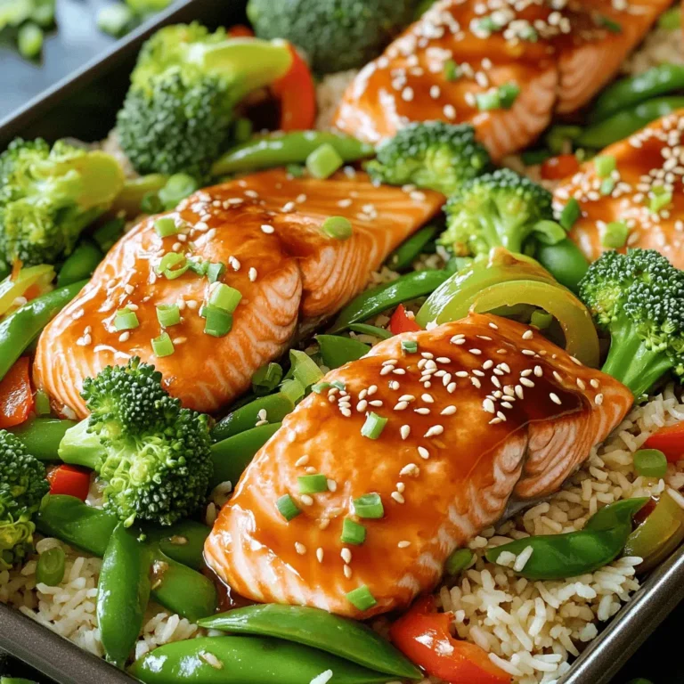 - 4 fresh salmon fillets - 1 cup flavorful teriyaki sauce (can be store-bought or homemade) - 1 tablespoon sesame oil, for rich flavor - 2 cups vibrant broccoli florets - 1 cup crunchy snap peas - 1 red bell pepper, thinly sliced - 2 green onions, finely chopped - 1 tablespoon sesame seeds, for garnish - Cooked jasmine rice (for serving, optional) Gather these ingredients before you start. Fresh salmon fillets bring great texture and taste. The teriyaki sauce adds a sweet and savory touch. Sesame oil gives a warm, nutty flavor to the dish. For a colorful array, use broccoli, snap peas, and red bell pepper. They not only look good but taste great too. Garnishing with green onions and sesame seeds enhances the look and flavor. You can serve this dish over jasmine rice for an extra filling meal. Check out the Full Recipe for more details on this easy and quick meal. - Preheat oven to 400°F (200°C). - Prepare the baking sheet with parchment paper. Start by setting your oven to 400°F. This gives your salmon a nice cook. While the oven heats, line a large baking sheet with parchment paper. This keeps the pan clean and makes cleanup easy. - Combine teriyaki sauce and sesame oil. - Reserve portion for serving. In a mixing bowl, mix the teriyaki sauce and sesame oil. This adds a rich flavor. Set aside about 1/4 cup of this sauce to drizzle over the dish later. It will give a nice finish to your meal. - Brush salmon with sauce. - Toss vegetables with remaining sauce. - Place all ingredients on the baking sheet. Take your fresh salmon fillets and place them on one side of the baking sheet. Use a brush to coat each fillet with the teriyaki sauce. Make sure every piece gets some sauce. In another bowl, toss the broccoli, snap peas, and red bell pepper with the leftover sauce. This makes the veggies tasty. Spread the vegetables out next to the salmon on the baking sheet. - Bake time and temperature. - Tips for checking doneness. Now, slide the baking sheet into the preheated oven. Bake for about 12-15 minutes. The salmon is done when it flakes easily with a fork. The vegetables should be tender but still have a nice crunch. Keep an eye on them to avoid overcooking. This way, you get a great meal that is both healthy and delicious. For the full recipe and more tips, check out the [Full Recipe]. For the best salmon, aim for 12 to 15 minutes of baking. Check the salmon after 12 minutes. It should flake easily with a fork. If it resists, give it a few more minutes. This ensures a moist texture that melts in your mouth. Want to boost the taste? Add garlic or ginger for a fresh kick. A sprinkle of black pepper also adds depth. You can use homemade teriyaki sauce for a personal touch. Store-bought sauce works well, too, for quick meals. Serve your salmon on a bed of fluffy jasmine rice. This adds a nice base and makes it look stunning. For extra flair, sprinkle sesame seeds and green onions on top. This not only looks great but also adds flavor. Enjoy your beautiful dish! For the full recipe, check out the details above. {{image_4}} You can change the vegetables in this dish to fit your taste. Seasonal produce works best. Try carrots, zucchini, or bell peppers for a colorful mix. If fresh veggies are not available, frozen ones work too. Just make sure to thaw them before cooking. This helps them cook evenly. If you want to switch the protein, chicken or tofu are great choices. For chicken, use boneless thighs or breasts. Cook them for about 20 minutes to ensure they are safe to eat. Tofu is a nice option for a plant-based meal. Press it to remove excess water, then cut it into cubes. Adjust the cooking time to 15 minutes, as tofu cooks faster than salmon. For a spicy kick, try adding sriracha to the teriyaki sauce. You can also mix in garlic or ginger for extra flavor. If you want to explore other marinades, consider a honey-soy mix or a spicy chili sauce. Each brings a unique taste that pairs well with the salmon and veggies. To store your leftover teriyaki salmon, let it cool first. Place the salmon in an airtight container. This keeps it fresh. You can also store the vegetables in a separate container. Use glass or BPA-free plastic containers for best results. When it’s time to eat again, you have two good options. Use the microwave or the oven. If using the microwave, heat the salmon for about 1-2 minutes. Check if it’s warm enough. The oven is a better method for keeping texture. Preheat the oven to 350°F (175°C). Place the salmon on a baking sheet and heat for about 10 minutes. You can freeze teriyaki salmon if you need to save it for later. Wrap each piece in plastic wrap, then place in a freezer bag. Squeeze out any air before sealing. For best taste, use frozen salmon within three months. To thaw, place it in the fridge overnight or use a microwave. Once thawed, reheat and enjoy! For the full recipe, check out the earlier instructions. It takes about 25 minutes to make this dish. You will spend 10 minutes getting everything ready. The cooking time is about 15 minutes in the oven. This fast meal fits perfectly into a busy day. Yes, you can meal prep with this recipe. You can marinate the salmon and veggies a day before. Just keep them in the fridge until you are ready to cook. This saves time and gives the flavors a chance to blend. You can serve this salmon with many tasty sides. Fluffy jasmine rice works well to soak up the sauce. You might also try a fresh salad or steamed rice noodles. For drinks, iced green tea or sparkling water pairs nicely. Most store-bought teriyaki sauces contain soy sauce, which has gluten. Look for gluten-free soy sauce, like tamari, to make your sauce. You can also make your own teriyaki sauce at home. This way, you can control the ingredients and keep it gluten-free. This blog post covered an easy Sheet Pan Teriyaki Salmon recipe. We explored key ingredients like salmon, teriyaki sauce, and fresh veggies. I shared step-by-step baking instructions and helpful tips for perfect results. You can also try fun variations and learn how to store leftovers properly. In conclusion, this dish is simple, tasty, and quick to prepare. It offers flexibility with ingredients and flavors. Enjoy making this meal to delight your taste buds and impress your family!