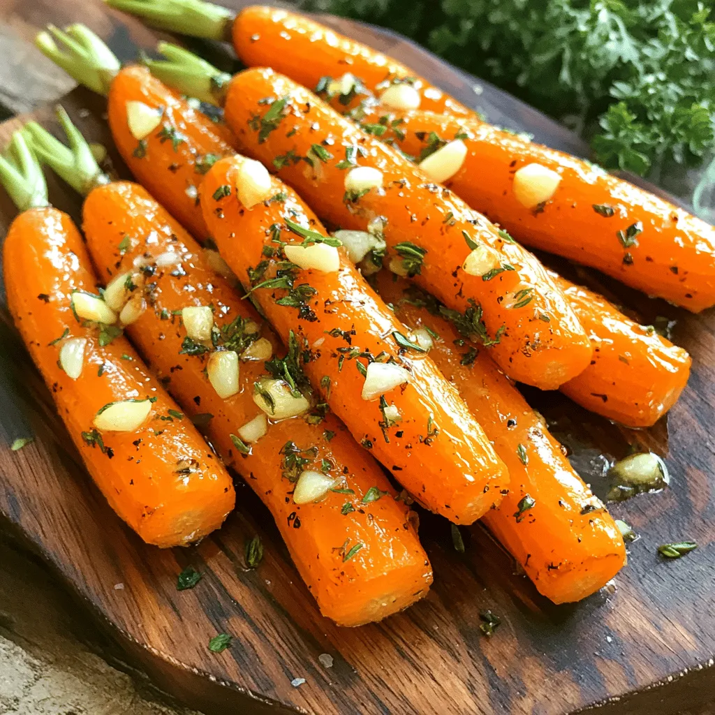 - 1 lb baby carrots, thoroughly trimmed - 4 cloves garlic, finely minced - 3 tablespoons high-quality olive oil - 2 teaspoons dried thyme - 1 teaspoon dried rosemary - Sea salt and freshly cracked black pepper to taste - Fresh parsley, finely chopped (for garnish) Gather these ingredients before you start. Using fresh baby carrots makes a big difference. They are sweet and tender. Garlic gives a rich flavor that pairs well with herbs. High-quality olive oil adds depth to the dish. Thyme and rosemary bring warmth and earthiness. Season with sea salt and black pepper to enhance all the flavors. Finally, fresh parsley adds a pop of color and freshness when you serve. For the full recipe, check the section above. - Preheat your oven to 425°F (220°C). This heat makes the carrots tender and sweet. - In a large bowl, combine 1 lb of trimmed baby carrots with 4 minced garlic cloves, 3 tablespoons of olive oil, 2 teaspoons of dried thyme, and 1 teaspoon of dried rosemary. - Sprinkle sea salt and cracked black pepper to taste. Toss everything well. Make sure each carrot is coated in the tasty mix. - Spread the carrots on a parchment-lined baking sheet. This keeps them from sticking. - Place the baking sheet in the oven and roast the carrots for 25 to 30 minutes. Halfway through, take a spatula and toss the carrots gently. This helps them cook evenly and get that nice caramelized look. - Once the carrots are tender and golden, remove them from the oven. Let them cool for a few minutes. This step brings out their best flavor. - Transfer the roasted carrots to a serving dish. Finish by sprinkling chopped parsley on top for color and extra flavor. For the full recipe, check out the details above. Using fresh baby carrots is key for this dish. They are sweet, tender, and perfect for roasting. Look for carrots with bright color and smooth skin. Avoid carrots that are soft or have dark spots. When you choose quality produce, you enhance the flavors in your meal. You can boost the taste with more herbs and spices. Consider adding fresh dill or parsley for a bright flavor. For a sweet touch, a drizzle of balsamic glaze or honey works well. Both add depth and a lovely shiny finish. Just remember, a little goes a long way! Beautifully serving your roasted carrots makes a big impact. Use a rustic wooden platter to showcase them. Add fresh herbs around the dish for color and charm. This simple touch makes your meal feel special and inviting. A few sprigs of parsley on top will brighten the dish and add freshness. For the full recipe, check out the detailed instructions above. {{image_4}} You can change how you cook carrots to get new flavors. Grilling carrots brings a smoky taste. To grill, toss your carrots with olive oil, salt, and herbs. Place them on a hot grill for about 10-15 minutes. Turn them often for even cooking. For a quicker method, try the Instant Pot. Place the trimmed carrots in your pot with a little water. Cook on high pressure for 3-5 minutes. Quick-release the steam for tender, juicy carrots. Want a fresh twist? Add citrus zest! Lemon or orange zest brightens the dish. Simply mix it in with the garlic and herbs before roasting. You can also add nuts or seeds for texture. Chopped walnuts or sunflower seeds give a nice crunch. Toss them in right before serving for the best bite. Using seasonal vegetables can change the dish. In spring, try young asparagus or radishes. In fall, add sweet potatoes for a hearty option. For holiday gatherings, adapt the recipe by adding festive spices. Cinnamon or nutmeg can give a warm touch. You can even layer the carrots with other colorful veggies for a lovely holiday display. For the full recipe, check out the section on step-by-step instructions. To keep your Garlic Herb Roasted Carrots fresh, store them in the fridge. Place them in an airtight container. They will last up to four days. If you want to freeze them, first let them cool completely. Then, spread the carrots on a baking sheet. Freeze them for about two hours. Once frozen, transfer them to a freezer bag. This keeps them from sticking together. You can store them in the freezer for up to three months. To reheat the carrots, use your oven or a skillet. Preheat your oven to 350°F (175°C). Spread the carrots on a baking sheet and heat for about 10 minutes. This method helps keep them crisp. If you use a skillet, add a splash of water. Cover it to steam the carrots for a few minutes. Avoid using a microwave, as it can make them soggy. Enjoy your delicious side dish warmed and ready to serve! To make roasted carrots crispy, follow these tips: - Cut Uniformly: Cut your carrots into even pieces. This helps them cook at the same rate. - High Heat: Roast the carrots at 425°F (220°C). This high heat caramelizes the sugars, adding crunch. - Space Out: Give the carrots space on the baking sheet. Crowding them leads to steaming, not roasting. - Toss Halfway: Toss the carrots halfway through cooking. This helps them brown evenly, enhancing their crispiness. These simple steps will give you that perfect texture. You will love the satisfying crunch of well-roasted carrots! You can use frozen carrots, but they will change the taste and time. Frozen carrots lose some flavor during freezing. They might also release more water, making them less crispy. If you use them, roast at 425°F (220°C) for 30-35 minutes. Be sure to check for tenderness. Fresh carrots give a better overall taste and texture. Garlic Herb Roasted Carrots go well with many dishes: - Grilled Chicken: The herbs pair nicely with chicken's savory flavor. - Roast Beef: The sweetness of the carrots complements beef well. - Quinoa Salad: Serve them with a fresh quinoa salad for a healthy side. - Pasta Dishes: The garlic and herbs fit well with pasta and light sauces. These pairing suggestions will help you create a balanced and delicious meal. For the full recipe, check the details above! In this blog post, we covered how to make flavorful garlic herb roasted carrots. You learned about the key ingredients, step-by-step preparation, and roasting tips. Remember to choose fresh carrots for the best taste. Don’t hesitate to experiment with flavors or serving ideas. Whether you grill or add herbs, there are many ways to enjoy them. Store any leftovers properly to keep them tasty. I hope you try this simple and delicious recipe that adds joy to your meals. Happy cooking!