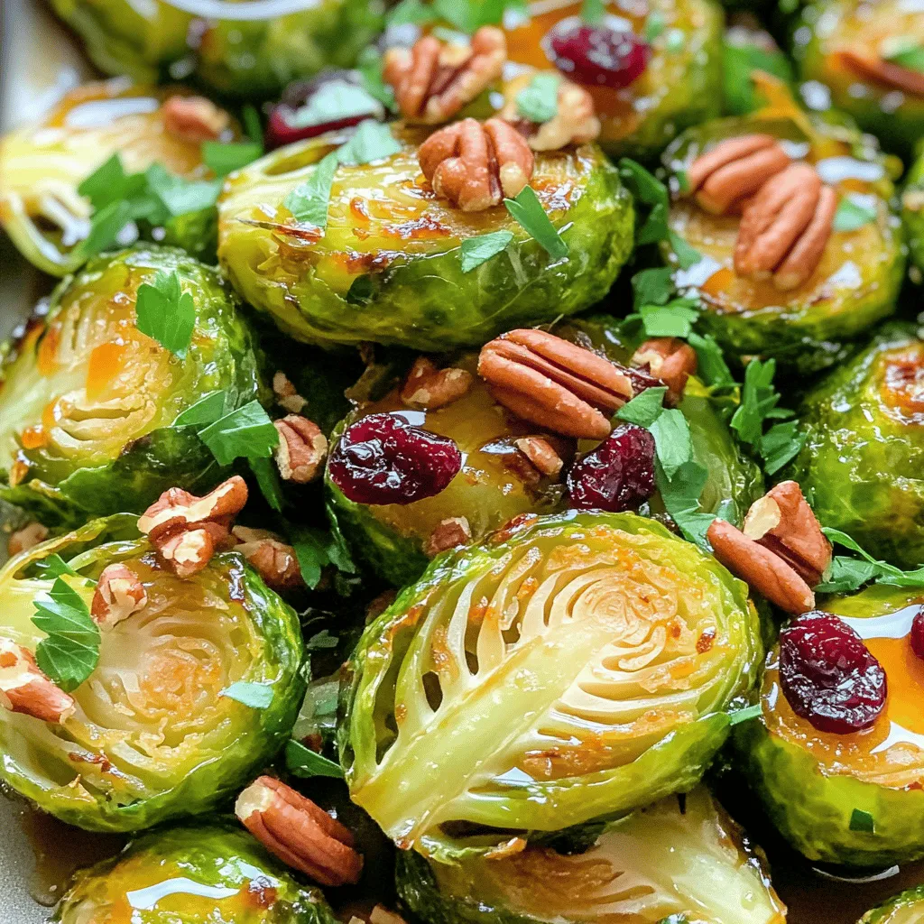 - 1 lb Brussels sprouts, trimmed and halved - 3 tablespoons pure maple syrup - 2 tablespoons extra virgin olive oil - 1 teaspoon garlic powder - 1 teaspoon onion powder - Salt and pepper, to taste - 1/4 cup pecans, roughly chopped (optional) - 1/4 cup dried cranberries (optional) - Fresh parsley, finely chopped When making maple roasted Brussels sprouts, starting with fresh ingredients is key. Pick Brussels sprouts that are firm and green. Avoid any that look yellow or wilted. The maple syrup gives a sweet touch. It balances the sprouts' natural bitterness. Extra virgin olive oil helps them roast well. The oil ensures they turn golden brown and crispy. Garlic powder and onion powder add depth of flavor. Salt and pepper enhance everything, making each bite tasty. If you want to add a crunch, toss in pecans. Dried cranberries add a sweet burst. They contrast nicely with the savory sprouts. Finishing with fresh parsley is a must! It adds color and a hint of freshness. If you want to explore more, check the Full Recipe for detailed steps and tips. First, preheat your oven to 400°F (200°C). This heat is perfect for crispy Brussels sprouts. Next, trim the ends of the Brussels sprouts and cut them in half. This helps them cook evenly and allows the coating to stick well. In a large bowl, combine the halved Brussels sprouts with the following: - 3 tablespoons pure maple syrup - 2 tablespoons extra virgin olive oil - 1 teaspoon garlic powder - 1 teaspoon onion powder - Salt and pepper, to taste Use your hands or a spatula to mix everything together. You want each sprout to be fully coated in the sweet and savory mixture. Now, carefully transfer the coated Brussels sprouts to a baking sheet lined with parchment paper. Spread them out in a single layer. This helps them roast evenly. Place the baking sheet in your preheated oven. Roast the Brussels sprouts for 20-25 minutes. Be sure to toss them halfway through cooking. This gives them that nice brown color and crispy edges. If you want to add crunch, sprinkle chopped pecans over the sprouts in the last 5 minutes of roasting. Finally, remove them from the oven and fold in dried cranberries for a sweet touch. For the full recipe, check the provided link. When choosing Brussels sprouts, look for bright green color. The sprouts should feel firm and heavy for their size. Avoid any that are yellow or have brown spots. Store them in the fridge in a loose bag. Keep them dry and use them within a week for the best taste. Roast your Brussels sprouts at 400°F (200°C). This heat gives you a nice, crispy edge. Spread the sprouts out on the baking sheet. Make sure they are in a single layer to cook evenly. Toss them halfway through roasting to ensure all sides get that golden brown color. Add extra spices for more flavor. Try paprika or a pinch of cayenne for heat. You can also top the sprouts with grated cheese or toasted nuts for crunch. If you want a different sweet taste, consider honey or agave syrup instead of maple syrup. These changes can give your dish a fresh twist! For the full recipe, check out the details above. {{image_4}} If you want a nut-free dish, simply leave out the pecans. You can use sunflower seeds instead. They add a nice crunch and flavor without any nuts. You can also use pumpkin seeds for a similar effect. Both options keep the dish tasty and fun! This recipe is already vegan-friendly! The maple syrup and olive oil are plant-based. Just skip the pecans and cranberries if you want. You can also add more veggies, like carrots or sweet potatoes, for extra color and flavor. Pair these Brussels sprouts with many main dishes. They go well with roasted chicken or grilled fish. For a vegetarian meal, serve them with quinoa or a hearty salad. For a creative presentation, use a large, shallow bowl. Arrange the sprouts in a circle, and sprinkle cranberries on top. Add a drizzle of more maple syrup for a nice shine. Enjoy the colorful display! Store your leftover maple roasted Brussels sprouts in an airtight container. This keeps them fresh and tasty. They can last in the fridge for about 3 to 4 days. If you want to enjoy them later, make sure to cool them before placing them in the fridge. For the best taste, reheat your Brussels sprouts in the oven. Set it to 350°F (175°C) and heat them for about 10 minutes. This method keeps them crispy. If you're short on time, you can use the microwave. Heat in short bursts of 30 seconds until warm. However, this method may make them a bit soft. You can freeze prepared Brussels sprouts if you want to save them for later. First, let them cool completely. Then, place them in a freezer-safe bag or container. Make sure to remove as much air as possible. They will keep well for about 2 to 3 months. When ready to eat, thaw them in the fridge overnight before reheating. Brussels sprouts take about 20 to 25 minutes to roast at 400°F (200°C). This time ensures they become golden brown and crispy on the outside. I always toss them halfway through to help with even cooking. Yes, you can use frozen Brussels sprouts. However, they may not get as crispy as fresh ones. If you use frozen, I suggest thawing them first and patting them dry. This will help reduce moisture and improve crispiness. If you need a substitute for maple syrup, try honey or agave syrup. Both offer sweetness and a nice flavor. Just keep in mind that honey is not vegan, while agave is a great vegan option. Yes, maple roasted Brussels sprouts are healthy! They are low in calories and high in vitamins. The addition of maple syrup adds some natural sweetness, but it's still a better choice than many other dressings or sauces. To make Brussels sprouts crispy, ensure they are spread out on the baking sheet. Overcrowding can lead to steaming instead of roasting. Also, tossing them halfway through cooking helps them brown evenly. You can add toppings like crumbled feta cheese, crispy bacon bits, or toasted almonds. These add flavor and texture to the dish. You can mix and match based on what you like. You can find the full recipe for maple roasted Brussels sprouts with pecans and cranberries in the recipe section above. Enjoy making this simple and tasty dish! In this blog post, we explored how to create delicious maple roasted Brussels sprouts. We discussed the main ingredients, key seasonings, and garnishes that amplify the dish's flavor. I shared simple step-by-step instructions to guide you through the prep and roasting process. Remember, fresh Brussels sprouts lead to the best results. Feel free to get creative with variations and toppings. These sprouts make a tasty side dish or a fun snack. Enjoy your cooking adventure!