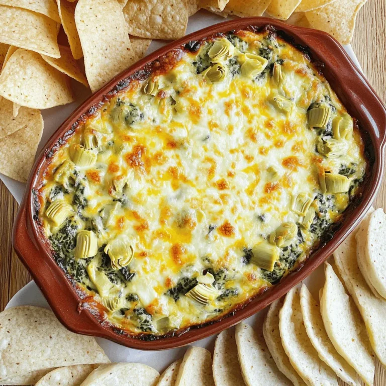 - 1 cup frozen chopped spinach - 1 cup canned artichoke hearts - 1 cup cream cheese - 1/2 cup sour cream - 1/2 cup mayonnaise - 1 cup shredded mozzarella cheese - 1/2 cup freshly grated Parmesan cheese - 2 cloves garlic - 1 teaspoon onion powder - 1 teaspoon salt - 1/2 teaspoon black pepper - 1/4 teaspoon red pepper flakes (optional) When making Cheesy Spinach Artichoke Dip, I often choose frozen spinach. It stays fresh and is easy to use. You can thaw it, squeeze out extra water, and it’s ready to go! For artichokes, I look for high-quality canned ones. They add the right flavor and texture to the dish. - Benefits of using frozen spinach: Frozen spinach retains nutrients and is quick to prepare. You can find it year-round, making it a great choice. - Selecting quality canned artichoke hearts: Choose artichoke hearts that are tender and packed in water or brine. They should not have any off-flavors or smells. - Medium-sized baking dish - Mixing bowl - Hand mixer or whisk Having the right tools makes cooking easier. A medium-sized baking dish helps the dip bake evenly. A mixing bowl is perfect for blending the creamy base. A hand mixer or whisk helps create a smooth mix, making your dip perfect every time. For the full recipe, you can find detailed steps on how to prepare this delightful dip. - Preheat oven to 375°F (190°C) - Prepare ingredients and utensils Start by preheating your oven to 375°F (190°C). This step is key for getting that perfect bubbly dip. While the oven heats, gather all your ingredients. You will need a medium-sized baking dish and a mixing bowl. Having everything ready makes cooking fun and easy. - Combine cream cheese, sour cream, and mayonnaise - Add seasonings and mix well In your mixing bowl, combine 1 cup of softened cream cheese, 1/2 cup of sour cream, and 1/2 cup of mayonnaise. Use a hand mixer or a whisk to blend them until smooth. Next, add 2 minced garlic cloves, 1 teaspoon of onion powder, 1 teaspoon of salt, 1/2 teaspoon of black pepper, and 1/4 teaspoon of red pepper flakes if you want a little heat. Mix well to ensure all the seasonings are evenly spread. - Gently fold in spinach and artichoke hearts - Incorporate the cheeses for a cohesive mixture Now it’s time to add the stars of the dish! Gently fold in 1 cup of thawed and drained chopped spinach and 1 cup of coarsely chopped artichoke hearts. Be careful not to break the artichokes too much. Next, stir in 1 cup of shredded mozzarella cheese and 1/2 cup of freshly grated Parmesan cheese. Mix until everything is well combined. - Transfer mixture to baking dish - Bake for 25-30 minutes until bubbly Transfer your creamy mixture to the prepared baking dish. Spread it out evenly with a spatula so it cooks evenly. Pop it in your preheated oven and bake for about 25-30 minutes. Keep an eye on it until it is bubbly and the top turns golden brown. Your home will smell amazing! Once baked, let it cool for about 5 minutes before serving. For the full recipe, check the recipe section. To avoid a watery dip, always drain your spinach and artichokes well. If you skip this step, you risk a dip that's runny and hard to enjoy. Use a clean kitchen towel to squeeze out any extra moisture from the spinach. For the artichokes, press them gently with your hands or a spoon to remove excess liquid. This makes a big difference in texture. Using well-drained ingredients is key. When both the spinach and artichokes are dry, they blend into the creamy base better. This gives you a thick and luscious dip that holds up well when served. For the best dippers, think crispy and colorful. Tortilla chips are a classic choice. You can also use slices of warm baguette for a nice crunch. Fresh vegetable sticks, like carrots and bell peppers, add a healthy touch and a splash of color. Arrange these around the dip for a fun and inviting look. Creative plating ideas include using a large platter with various dippers. You can even add small bowls of olives or pickles for an extra zing. This not only makes it visually appealing but also allows guests to mix and match flavors. When reheating your cheesy dip, keep the texture in mind. The best way is to bake it again. Preheat your oven to 350°F (175°C). Place the dip in an oven-safe dish and cover with foil. Bake for about 15-20 minutes. This keeps it creamy and prevents it from drying out. If you're short on time, you can microwave it. Use a microwave-safe bowl and heat in short bursts, stirring in between. This method works, but be careful not to overheat. That can lead to a rubbery texture. For a delicious outcome, follow these tips and enjoy every creamy bite of your Cheesy Spinach Artichoke Dip! You can find the Full Recipe to make it yourself. {{image_4}} You can change the cheese in this dip. Try using sharp cheddar for a stronger flavor. It adds a nice twist. You can also substitute Greek yogurt for sour cream. This swap makes the dip lighter and adds some tang. Both options keep the dip creamy and delicious. Want some heat? Add diced jalapeños or a few drops of hot sauce. This will give your dip an extra kick. You can also make a chipotle version. Just blend in some chipotle peppers for a smoky flavor. These spicy versions pair well with crunchy chips. If you want a dairy-free option, use cashews. Soak them in water, then blend until smooth. This creates a creamy base without dairy. Also, look for vegan cheese to replace the regular cheese. There are many tasty options available now. These swaps keep your dip rich and flavorful. For the full recipe, check out the [Full Recipe]. To store leftovers of Cheesy Spinach Artichoke Dip, place it in an airtight container. This keeps the dip fresh and prevents it from drying out. It’s best to refrigerate within two hours of serving. The dip can stay good for about 3 to 4 days in the fridge. To maintain flavor and texture, re-cover the dip with plastic wrap. If you notice any separation, just stir it before serving. Always check for freshness before enjoying. The dip might lose some creaminess, but a quick stir can help revive it. You can freeze Cheesy Spinach Artichoke Dip for longer storage. Make sure it’s in a freezer-safe container. Leave some space at the top, as it may expand. The dip can last for up to 3 months in the freezer. To thaw, place it in the fridge overnight. Reheating is key to restoring its creamy texture. Warm it in the oven at 350°F (175°C) until hot. Stir it halfway through heating to ensure even warmth. Enjoy your dip just as delicious as the first time! You can store your Cheesy Spinach Artichoke Dip in the fridge for about 3 to 5 days. Be sure to place it in an airtight container. If you want to keep it longer, you can freeze it. In the freezer, it can last for about 2 to 3 months. Make sure to let it cool completely before freezing. Yes, you can prepare the dip ahead of time. Mix all the ingredients and store it in the fridge. It’s best to bake it right before serving. If you need to reheat it, just pop it back in the oven. Bake at 375°F until it’s hot and bubbly. You can serve this dip with many tasty dippers. Here are some fun ideas: - Crispy tortilla chips - Slices of crusty baguette - Colorful fresh vegetable sticks (like carrots, celery, and bell peppers) - Pita chips or crackers - Pretzel bites These options will make your dip even more enjoyable! For the full recipe, check out the details above. In this post, we explored how to make a delicious Cheesy Spinach Artichoke Dip. We covered the key ingredients, cooking tips, and variations to keep it fresh and exciting. Remember to choose quality items for the best taste. Enjoy this dip with your favorite dippers, and consider trying some of the fun variations we discussed. With the right steps, you’ll make a perfect dish every time. Get cooking and impress your friends with this tasty treat!