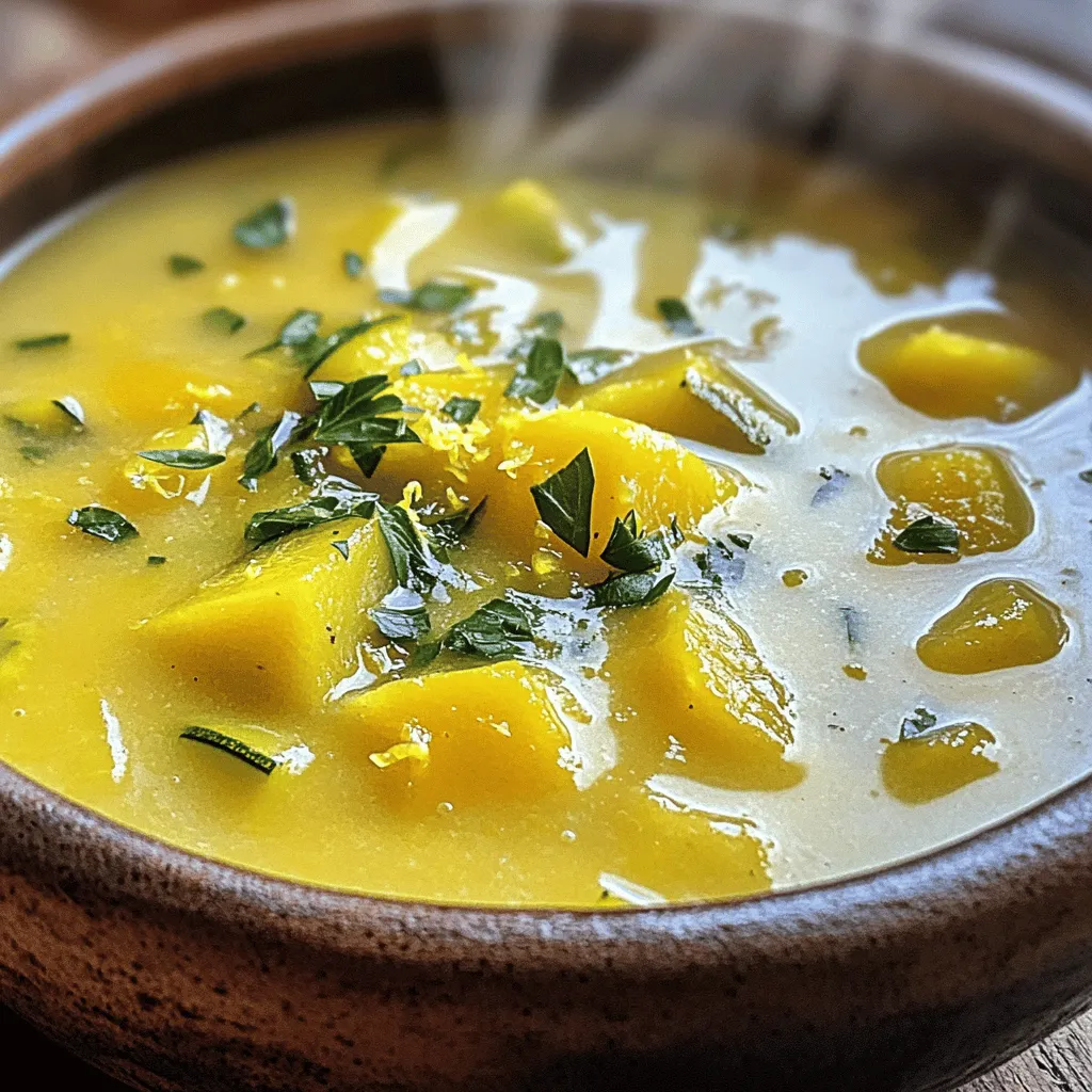 To make Light Lemon Squash Soup, you need simple, fresh ingredients. Here’s the list: - 2 medium zucchini, chopped into bite-sized pieces - 1 yellow squash, chopped into bite-sized pieces - 1 small onion, finely diced - 2 cloves garlic, minced - 4 cups vegetable broth (low-sodium recommended) - 1 large lemon, zested and juiced - 2 tablespoons extra virgin olive oil - Sea salt and freshly ground black pepper, to taste - Fresh herbs for garnish (such as parsley or basil) These ingredients create a bright and tasty soup. The zucchini and yellow squash give it a nice base. The lemon adds a fresh twist, making it light and zesty. The onion and garlic bring depth to the flavor. Using vegetable broth keeps it vegan and healthy. Plus, fresh herbs on top make it look great. You can find the full recipe in the main article. Enjoy cooking this delightful dish! - Heating the Olive Oil Start by heating the olive oil in a large pot over medium heat. This helps to create a base for your soup. You want the oil to shimmer but not smoke. - Sautéing Onion and Garlic Add the diced onion to the pot. Sauté for about 4-5 minutes. Stir it often until the onion turns translucent. Then, add the minced garlic and cook for one more minute. This adds a nice flavor. - Cooking the Zucchini and Yellow Squash Next, toss in the chopped zucchini and yellow squash. Stir frequently and cook for 5-7 minutes. The squash should soften and look bright in color. - Adding Vegetable Broth and Simmering Pour in the vegetable broth. Bring it to a boil, then lower the heat. Let it simmer for 15-20 minutes. The squash should be tender and easy to pierce with a fork. - Blending the Soup Use an immersion blender to blend the soup. Blend until it is smooth. If you prefer some chunks, blend only half of it to keep some texture. - Adding Lemon Zest and Juice Stir in the lemon zest and juice. This adds a fresh and tangy flavor. Season the soup with sea salt and black pepper to your taste. - Final Seasoning and Serving Allow the soup to simmer for another 5 minutes. This helps the flavors mix well. Serve it warm in bowls, garnished with fresh herbs. It looks beautiful and tastes amazing. For the complete recipe, you can refer to the Full Recipe section. How to Achieve the Perfect Texture To get the perfect texture in your soup, use fresh zucchini and yellow squash. Cut them into small, even pieces. This helps them cook evenly. Sauté them just until they are soft but still bright in color. If you like it creamy, blend well. For a chunkier soup, blend only half. Flavor Enhancements and Add-ins You can add a pinch of cayenne pepper for heat. Fresh herbs like thyme or dill also boost flavor. A dollop of cream or a splash of coconut milk can add richness. If you want a zestier taste, add more lemon juice or even lemon slices when serving. Making Ahead and Freezing the Soup This soup is great for meal prep. You can make it a day ahead. Just let it cool, then store it in the fridge. To freeze, pour the soup into airtight containers. Leave some space at the top for expansion. It keeps well for up to three months. Ideal Pairings for the Soup Light lemon squash soup pairs well with crusty bread or a fresh salad. A simple green salad with vinaigrette complements the soup's bright flavors. If you want protein, grilled chicken or shrimp makes a nice addition. Presentation Tips For a beautiful presentation, ladle the soup into bowls. Top each bowl with fresh herb leaves. A lemon wedge on the side adds a nice touch. It gives guests the option to add more lemon if they like. {{image_4}} - Swapping Zucchini for Other Summer Squash You can easily switch zucchini for other kinds of summer squash. Yellow squash works well, too. You might even try pattypan squash for a unique twist. Each type adds its own flavor and texture. - Adding Proteins for a Heartier Meal To make this soup more filling, consider adding proteins. Cooked chicken or shrimp can boost the dish. If you want a vegetarian option, add cooked lentils or chickpeas. They both work well and give nice texture. - Vegan and Gluten-Free Options This soup is already vegan if you use vegetable broth. Just check the broth for any hidden ingredients. For gluten-free, always verify the broth. Most are gluten-free, but it’s good to look. - Adding Spices for Extra Heat If you enjoy some spice, add red pepper flakes. Start with a pinch and taste. You can always add more if needed. This can bring a nice kick to the soup. - Creating Creamy Variants with Coconut Milk For a creamier soup, add coconut milk. This gives a rich taste and pairs well with lemon. Stir in a cup after blending the soup for a smooth finish. It’s a fun way to change the flavor! Check out the Full Recipe for more details. To keep your Light Lemon Squash Soup fresh, store it right. Here are my tips: - Refrigeration Guidelines: Let the soup cool to room temperature first. Then, place it in an airtight container. Store it in the fridge for up to 3 days. - Freezing Instructions for Longer Storage: For longer storage, freeze the soup. Use freezer-safe containers or bags. Leave some space for the soup to expand. It can last for up to 3 months in the freezer. Reheating soup can be tricky. Here’s how to do it without losing flavor: - Best Ways to Reheat Without Sacrificing Flavor: I recommend using the stove. Pour the soup into a pot over low heat. Stir often until it warms through. You can also use the microwave. Heat in short bursts, stirring between each one. This way, your soup stays tasty and creamy. Can I make this soup in advance? Yes, you can make this soup ahead of time. Let it cool, then store it in the fridge. I often prepare it a day before serving. How long does Light Lemon Squash Soup last in the fridge? This soup stays good for about three to four days in the fridge. Just make sure to store it in an airtight container. Can I substitute chicken broth instead of vegetable broth? Yes, you can use chicken broth if you prefer. It adds a nice depth of flavor, but make sure to adjust the salt. What can I use if I don’t have an immersion blender? If you don’t have an immersion blender, use a regular blender. Just blend in batches to avoid overflow. Is Light Lemon Squash Soup suitable for meal prep? Absolutely! This soup is great for meal prep. It reheats well and tastes even better the next day. You can enjoy it for lunch or dinner all week! For the full recipe, check out the detailed instructions above. This blog post covered how to make Light Lemon Squash Soup. We listed fresh ingredients and provided clear, easy steps for preparation. I shared tips for storing and serving the soup and offered delicious variations. Enjoy making this dish your own! Whether you add spices or proteins, the choices are endless. This soup is not just tasty; it's healthy too. Try it, and I hope it becomes a favorite in your kitchen.