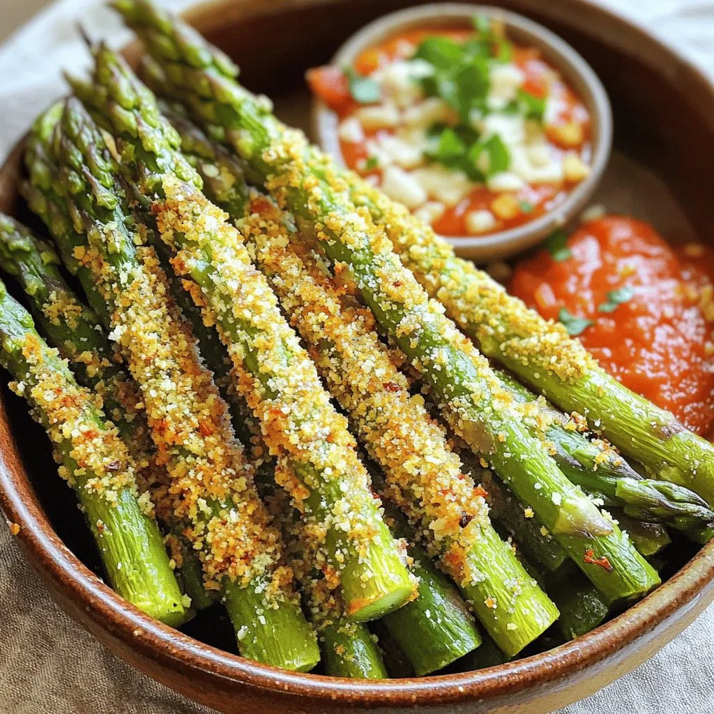 To make tasty Parmesan crusted asparagus fries, gather these key ingredients: - 1 lb fresh asparagus, trimmed and woody ends removed - 1 cup all-purpose flour - 2 large eggs, beaten - 1 cup breadcrumbs (preferably panko for extra crunch) - 1/2 cup grated Parmesan cheese - 1 teaspoon garlic powder - 1 teaspoon onion powder - 1/2 teaspoon smoked paprika - Salt and freshly cracked black pepper to taste - Olive oil spray or a light drizzle of extra virgin olive oil You can use a few extra ingredients to boost the flavor of your fries: - Lemon zest for a fresh touch - Red pepper flakes for heat - Fresh herbs like parsley or thyme for added aroma If you need to swap some ingredients, here are some common substitutions: - Use almond flour instead of all-purpose flour for a gluten-free option. - Substitute nutritional yeast for Parmesan to make it dairy-free. - Replace panko with crushed cornflakes for a unique crunch. For the full recipe, check out the details above. Start with 1 pound of fresh asparagus. Trim off the woody ends, as they can be tough. This makes the asparagus tender and easy to eat. Rinse the asparagus under cold water to clean it. Pat them dry with a paper towel. This step is vital for the coating to stick well. Now, it’s time to bread the asparagus. Set up three bowls. In the first bowl, add 1 cup of all-purpose flour. Season it with salt and pepper. This gives flavor before the asparagus even gets breaded. In the second bowl, beat 2 large eggs until they are smooth. This acts as glue for the coating. In the third bowl, mix 1 cup of breadcrumbs, 1/2 cup of grated Parmesan cheese, 1 teaspoon of garlic powder, 1 teaspoon of onion powder, and 1/2 teaspoon of smoked paprika. Stir until everything is well mixed. Take each asparagus spear. First, dip it in the flour and shake off the extra. Next, coat it in the egg mixture, letting the excess drip off. Lastly, roll it in the breadcrumb mixture. Press gently so the coating sticks well. Repeat for all asparagus spears. Preheat your oven to 425°F (220°C). Line a baking sheet with parchment paper. This helps with easy cleanup. Place the coated asparagus in a single layer on the sheet. They should not touch each other. For extra crunch, lightly spray with olive oil or drizzle a little on top. Bake them for 12 to 15 minutes. Watch for a golden brown color. Turn them halfway through for even cooking. Once baked, let them cool slightly on the pan. This keeps them crispy. Serve them hot for the best taste. Check out the Full Recipe for more details! To get the best crunch, use panko breadcrumbs. They are lighter and crispier than regular breadcrumbs. Make sure to coat each asparagus spear well. If they are too wet, the coating will not stick. A light spray of olive oil before baking helps too. Bake them in a single layer. This allows hot air to circulate. Turning them halfway ensures they cook evenly. Season every layer. Start with the flour. Add salt and pepper to it. This helps flavor the asparagus right from the start. Mix garlic powder, onion powder, and smoked paprika into the breadcrumbs. This adds depth to each bite. Taste your breadcrumbs before using them. You want a good balance of flavors. Use a baking sheet lined with parchment paper for easy cleanup. A shallow dish is best for the flour and eggs. This makes dipping easier. A whisk helps blend the eggs well. If possible, use a cooling rack on top of your baking sheet. This allows air to circulate around the fries, keeping them crispy. For the full recipe, check the details above. {{image_4}} You can easily make these asparagus fries gluten-free. Instead of all-purpose flour, use a gluten-free flour blend. For the breadcrumbs, try gluten-free panko. This way, you keep the crunch while catering to your gluten-free friends. Want to amp up the flavor? Add more cheese! You can mix in some mozzarella or cheddar with the Parmesan. For spice lovers, add cayenne pepper or chili powder to the breadcrumb mix. This gives a nice heat kick to the fries. Feel free to experiment with other veggies. Carrots and zucchini work well. Just cut them into fry shapes, like the asparagus. Coat and bake them the same way. This not only makes a colorful plate but also gives a variety of flavors for everyone to enjoy. For the full recipe, check out the details above. To keep your Parmesan crusted asparagus fries fresh, store them in an airtight container. Place a paper towel inside the container to absorb any moisture. This helps the fries stay crispy. You can keep them in the fridge for up to three days. Avoid stacking them too high to prevent sogginess. When you're ready to enjoy your leftovers, reheating is key. Preheat your oven to 375°F (190°C). Spread the asparagus fries on a baking sheet in a single layer. Bake for about 10 minutes or until they get crispy again. You can also use an air fryer for the same time at 375°F. This gives you that fresh-out-of-the-oven crunch. If you want to store asparagus fries for longer, freezing is a great option. First, let them cool completely. Then, place them in a single layer on a baking sheet and freeze for about an hour. Once frozen, transfer them to a freezer-safe bag. They can last up to three months in the freezer. When you're ready to eat, cook them straight from the freezer. Just add a few extra minutes to the baking time for the perfect crispiness. Yes, you can prepare the asparagus fries ahead of time. Bread them and place them on a baking sheet. Cover the sheet with plastic wrap and store it in the fridge for up to 24 hours. When you're ready to bake, just take them out and pop them in the oven. To make Parmesan crusted asparagus fries vegan, use a few simple swaps. Replace the eggs with a mixture of flaxseed meal and water. Combine 1 tablespoon of flaxseed meal with 2.5 tablespoons of water for each egg. Use a vegan cheese or nutritional yeast instead of Parmesan. The result will still be tasty and crunchy! For dipping, many sauces work well. Marinara sauce adds a nice tomato flavor. Ranch or garlic aioli gives a creamy touch. You can also try a spicy sriracha mayo or a simple lemon garlic dip. Each sauce brings its own unique taste to the fries. In this post, we explored how to make tasty asparagus fries. You learned about the key ingredients, optional add-ins, and common swaps. I described the steps to prep, bread, and bake them perfectly. We covered tips for crispiness and seasoning. You also discovered fun variations and storage tips. The idea is to make this easy and fun. With practice, you will master these fries. Enjoy cooking and sharing your tasty creations!