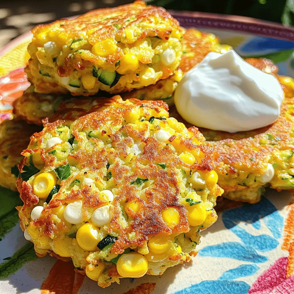- 1 cup sweet corn kernels (fresh or frozen) - 1 medium zucchini, grated - 1/2 cup all-purpose flour - 1/4 cup cornmeal - 2 large eggs - 1/4 cup green onions, finely chopped - 1/4 cup fresh parsley, finely chopped - 1 teaspoon baking powder - 1 teaspoon garlic powder - Salt and pepper to taste - Olive oil, for frying Sweet corn and zucchini fritters need fresh and simple ingredients. The corn adds natural sweetness, while the zucchini brings moisture. Using fresh or frozen corn works great. Just make sure to squeeze the zucchini well to avoid a soggy fritter. The mixture should feel thick but spread easily in the pan. For flavor, I love adding green onions and parsley. They brighten the dish and add a nice crunch. Garlic powder gives a warm taste without being too strong. The eggs bind everything together, while the flour and cornmeal create a nice texture. When it comes to seasoning, don’t forget salt and pepper! They really enhance the flavors. Olive oil is key for frying; it gives a lovely crispness to the outside of the fritters. You can find the full recipe above to guide you through the steps. - In a large bowl, combine grated zucchini and sweet corn kernels. - Make sure to drain excess moisture from the zucchini. This will help the batter stay thick. - In a separate bowl, whisk the eggs until they are frothy. - Pour the whisked eggs into the vegetable mixture. Mix well to combine everything. - Heat a skillet over medium heat and add olive oil to coat the bottom. - For each fritter, drop about 1/4 cup of the mixture into the skillet. - Gently press each fritter with a spatula to flatten it slightly. - Cook the fritters for 3-4 minutes on each side. Watch for browning. - When they are golden brown, transfer them to a paper towel-lined plate to absorb excess oil. - Repeat until all batter is cooked. Add more olive oil as needed for frying. To make great fritters, you must ensure the zucchini is properly drained. After grating the zucchini, squeeze out all the excess moisture. This step helps the fritters stay crisp and not soggy. If you want a thicker batter, adjust the flour. You can add a bit more flour or cornmeal if the batter seems too wet. The ideal frying temperature is key. Heat your oil over medium heat until it shimmers. If the oil is too hot, the outside will burn before the inside cooks. Avoid overcrowding the skillet; this helps each fritter cook evenly. Leave enough space between them so they can crisp up nicely. Serve the warm fritters with a dollop of yogurt or sour cream. This adds a cool touch that balances the flavors. You can also garnish with fresh herbs like parsley or chives for extra color and taste. Arrange the fritters on a colorful platter to make them look even more appealing. For the complete recipe, check out the Full Recipe. {{image_4}} You can switch up the flour in this recipe. Try using whole wheat flour for more fiber. Almond flour offers a gluten-free option. You can also add other veggies like carrots or bell peppers for extra crunch. Mixing in herbs or spices can give the fritters an exciting twist. Consider adding cumin or paprika for a spicy kick. For gluten-free options, use a gluten-free flour blend. This will keep the fritters light and tasty. If you need a vegan version, replace the eggs with flaxseed meal. Mix 1 tablespoon of flaxseed meal with 2.5 tablespoons of water. Let it sit for five minutes until it thickens, then use it just like an egg. Adding cheese can really boost the flavor. Try mixing in crumbled feta or shredded cheddar. They melt nicely and add creaminess. You can also use fresh herbs like dill or basil. These herbs add unique flavors that brighten the dish. Mix them into the batter for a fresh taste. To keep your fritters fresh, store them in an airtight container. Place parchment paper between layers to avoid sticking. They can last up to three days in the fridge. When reheating, use an oven or skillet for the best texture. Set the oven to 350°F (175°C) and bake for about 10 minutes. For the skillet, heat a little olive oil over medium heat. This method helps keep them crisp. Avoid microwaving, as it can make them soggy. You can freeze these fritters for later. First, let them cool completely. Then, place them in a single layer on a baking sheet. Freeze until solid, then transfer to a freezer bag. They will stay fresh for up to three months. To reheat, thaw them in the fridge overnight. Then, bake or pan-fry as mentioned before. This method brings back their original texture. For the full recipe of Sweet Corn and Zucchini Fritters, check the earlier section. Yes, you can make these fritters ahead of time. Prepare the batter and store it in the fridge for up to two days. This keeps your fritters fresh and ready to cook. You can also cook the fritters in advance. Let them cool, then store them in an airtight container in the fridge for three days. For longer storage, freeze them for up to a month. When you are ready to eat, reheat them in a skillet until they are warm and crispy. These fritters are great on their own but pair well with many dips. Here are some tasty options: - Creamy yogurt: A tangy yogurt adds a nice touch. - Sour cream: This classic dip is rich and smooth. - Salsa: A fresh salsa can add a zesty flavor. - Avocado dip: This creamy dip is a great addition too. You can also serve the fritters with a side salad for a healthy meal. If you want some heat, try these ideas: - Add jalapeños: Finely chop fresh jalapeños and mix them in. - Use cayenne pepper: A pinch can give a nice kick. - Incorporate hot sauce: Stir in your favorite hot sauce for flavor. - Spicy seasoning: Try adding chili powder or paprika for depth. Adjust the spice level to suit your taste. Enjoy experimenting with flavors! For the full recipe, check [Full Recipe]. These sweet corn and zucchini fritters combine fresh ingredients with easy steps. You've learned about the best components, cooking methods, and how to store leftovers. Now you can enjoy this tasty dish with fun variations. Remember, changing ingredients lets you make these fritters just how you like them. Have fun creating your perfect fritter, and enjoy sharing them with friends and family!