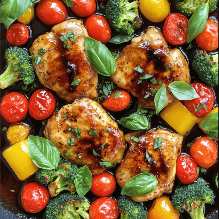 - 4 boneless, skinless chicken breasts - 1 cup cherry tomatoes, halved - 2 cups broccoli florets - 1 red bell pepper, thinly sliced - 1 yellow bell pepper, thinly sliced - 4 cloves garlic, finely minced - 1/3 cup balsamic vinegar - 2 tablespoons honey - 2 tablespoons extra virgin olive oil The main ingredients are simple yet full of flavor. Chicken breasts provide a lean protein. The veggies, like broccoli and bell peppers, add color and crunch. Cherry tomatoes bring a sweet touch. - Salt and freshly ground black pepper to taste - 1 teaspoon dried Italian herbs (or Italian seasoning blend) - Fresh basil leaves, for garnish Seasoning makes a big difference in taste. Salt and pepper enhance all the flavors. Dried Italian herbs add warmth and depth to the dish. Fresh basil gives a bright finish and aroma. For the full recipe, check out the detailed instructions so you can make this easy dinner tonight! 1. Preheat your oven to 400°F (200°C). This will help cook the chicken and veggies evenly. 2. In a bowl, mix balsamic vinegar, honey, olive oil, minced garlic, and dried Italian herbs. Stir until well mixed to create a tasty marinade. 3. Place the chicken breasts in a large bowl and pour half of the marinade over them. Toss the chicken to coat it well. Let it sit for about 15 minutes. This step makes the chicken more flavorful. 1. Line a large baking sheet with parchment paper. This helps with easy cleanup after cooking. 2. On one side of the baking sheet, lay out the marinated chicken breasts. Leave some space between them for even cooking. 3. On the other side, add cherry tomatoes, broccoli florets, and sliced bell peppers. Pour the rest of the marinade over the veggies. 4. Sprinkle salt and pepper on the vegetables, then toss them gently to coat. 5. Put the baking sheet in the preheated oven and bake for 25-30 minutes. Check that the chicken reaches 165°F (75°C) and the veggies are tender. 1. After baking, take the sheet out of the oven. Let the dish rest for about 5 minutes. This helps keep the chicken juicy. 2. Slice the chicken into thick pieces and place them on plates with the roasted vegetables. Drizzle any juices from the pan over everything for extra flavor. 3. Garnish with fresh basil leaves for color and aroma. For the full recipe, be sure to check out the detailed instructions. To keep chicken juicy, marinate it for 15 minutes. The balsamic vinegar helps tenderize the meat. Make sure the oven is hot before you bake. This quick heat seals the juices inside. Always check that your chicken reaches 165°F for safety. For crispy veggies, do not overcrowd the baking sheet. Give them enough space to roast properly. Toss them in the marinade to infuse flavor and help with crispiness. If you want to mix it up, try different veggies. Asparagus, zucchini, or carrots can work great. For a different tang, use apple cider vinegar instead of balsamic. Lemon juice is another good substitute. You can even try a mix of both for a unique twist. Spices can take your dish to the next level. Consider adding paprika or red pepper flakes for heat. Fresh herbs, like thyme or rosemary, can add a lovely touch. Serve this meal with rice or quinoa for a filling side. A simple green salad can also be refreshing. For a heartier option, pair it with garlic bread to soak up those tasty juices. {{image_4}} You can switch the chicken for salmon or tofu. Salmon pairs well with balsamic flavors. It adds a rich taste and cooks quickly. Tofu offers a great plant-based option. Marinate it just like the chicken for the best results. You can change the flavor profile easily. Try an Italian-style herb blend. Mix in oregano, thyme, and rosemary. For a Mediterranean twist, add olives and feta cheese. These changes bring new life to the dish. If you need gluten-free options, this recipe is perfect. All ingredients are naturally gluten-free. For low-carb alternatives, swap out the honey for a sugar-free sweetener. You can also add more non-starchy veggies like zucchini or asparagus. This keeps the meal light and healthy. For the full recipe, check out the detailed instructions above! To store your One-Pan Balsamic Chicken and Veggies, let it cool first. This step keeps moisture in check. Place the chicken and veggies in an airtight container. Refrigerate the meal within two hours of cooking. It will stay fresh for up to three days. For reheating, the oven works best. Preheat it to 350°F (175°C). Place the chicken and veggies on a baking sheet. Cover them with foil to prevent drying. Heat for about 15-20 minutes or until warm. You can also use the microwave. Heat in short intervals. Stir in between for even warming. To freeze, first cool the dish completely. Divide the chicken and veggies into portions. Use freezer-safe containers or bags. Remove as much air as possible. Label them with the date. You can freeze for up to three months. When ready to enjoy, thaw in the fridge overnight. Reheat as mentioned above. You can store One-Pan Balsamic Chicken and Veggies in the refrigerator for up to four days. Keep it in an airtight container. This helps keep the chicken juicy and the veggies fresh. Yes, you can make this dish ahead of time. Prepare the chicken and veggies, then store them separately. This way, you can quickly bake it when you are ready to eat. Reheat leftovers in the oven for best results. Set your oven to 350°F (175°C). Place the chicken and veggies in a baking dish. Heat for about 15 minutes, until warmed through. Yes, you can use frozen vegetables. Just remember they may release more water. This can make your dish slightly saucier. Adjust cooking time as needed, usually a bit longer. Serve this dish with rice or quinoa for a filling meal. Crusty bread is great too! A side salad adds freshness and crunch. It's a perfect way to complete your dinner experience. This guide walks you through making One-Pan Balsamic Chicken and Veggies. We covered ingredients, cooking steps, and helpful tips. You can substitute ingredients or change flavors for variety. Whether you choose chicken, fish, or tofu, it’s all about making it your own. In the end, this dish is easy, tasty, and versatile. You can enjoy leftovers easily, too. Try this recipe, and see how simple dinner can be!
