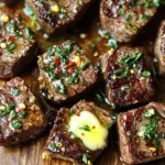 - 1 lb sirloin steak, cut into bite-sized cubes - 4 tablespoons unsalted butter - 4 cloves garlic, finely minced - 1 tablespoon fresh parsley, finely chopped - 1 tablespoon fresh thyme, finely chopped - 1 teaspoon fresh rosemary, finely chopped - Salt and freshly cracked black pepper to taste - 1 tablespoon olive oil - Optional: 1 teaspoon crushed red pepper flakes for a hint of heat When I make Garlic Herb Butter Steak Bites, I gather all my ingredients first. Start with the sirloin steak, which is juicy and tender. Cut it into small cubes for quick cooking and easy eating. Next, I use unsalted butter. It melts beautifully and adds a rich flavor. Minced garlic is key for that aromatic touch. The garlic adds a punch that pairs well with the steak. Fresh herbs are a must. I love adding parsley, thyme, and rosemary. They bring brightness to the dish. I chop them finely to mix well into the butter. For seasoning, I use salt and cracked black pepper. They enhance the steak's natural taste. I also add olive oil to the pan for searing. If you like a bit of heat, crushed red pepper flakes work great. You can find the full recipe to guide you through this flavor explosion. Each ingredient plays a vital role in making these steak bites unforgettable. - Season the steak with salt and black pepper. - Prepare the skillet and heat the olive oil. To start, take your sirloin steak and cut it into bite-sized cubes. This helps the steak cook evenly and creates a perfect size for popping in your mouth. Next, sprinkle a generous amount of salt and freshly cracked black pepper on all sides of the steak. This simple seasoning enhances the natural flavor of the meat. Now, set a large skillet on the stove over medium-high heat. Add one tablespoon of olive oil and let it heat until it shimmers. This oil will help create a nice crust on your steak. - Sear the steak cubes in the skillet. - Remove the steak to rest and retain the juices. Once the oil is hot, carefully add the seasoned steak cubes to the skillet in a single layer. Avoid overcrowding the pan, as this can cause steaming instead of searing. Cook each side for about 2-3 minutes until a golden-brown crust forms. This step is crucial for flavor. After the steak is nicely browned, transfer it to a plate. Let it rest for a few minutes. Resting helps the juices stay inside the meat for a juicy, tender bite. - Melt the butter in the skillet. - Sauté the minced garlic until fragrant. - Stir in fresh herbs and combine. Lower the heat to medium and add four tablespoons of unsalted butter to the same skillet. Allow the butter to melt completely, savoring the aroma as it fills your kitchen. Once melted, add four cloves of finely minced garlic. Sauté for about 30 seconds, stirring until the garlic becomes fragrant. Next, add the fresh herbs: one tablespoon of chopped parsley, one tablespoon of chopped thyme, and one teaspoon of chopped rosemary. Stir everything together, letting the herbs infuse the butter with flavor. - Return the steak bites to the skillet. - Toss in the herb butter and optional red pepper flakes. - Cook to finish and enhance flavors. Now it’s time to bring back the steak bites. Add them to the skillet and toss to coat each piece in the aromatic garlic herb butter. If you like a bit of heat, sprinkle in one teaspoon of crushed red pepper flakes. This adds a nice kick! Cook everything together for an additional 1-2 minutes. This final step allows the steak to soak up all those rich flavors from the butter and herbs. Enjoy the savory flavor explosion! For the complete recipe, refer to the [Full Recipe]. To get perfect steak bites, use an instant-read thermometer. This tool helps you know when your steak reaches the right doneness. Aim for 130°F for medium-rare or 140°F for medium. Cook your steak cubes in batches. Avoid overcrowding the pan while searing. This keeps the heat high and creates a nice crust. You can enhance the flavor by trying different herbs or spices. Consider adding oregano or basil for a twist. You can also use smoked paprika for a hint of smokiness. Pair your steak bites with complementary sides like mashed potatoes or a fresh salad. These sides balance the rich flavors of the steak. Plating can elevate your dish. Use a wooden board for a rustic look. Arrange the steak bites neatly and sprinkle fresh herbs on top. This adds color and freshness. For garnish, consider adding lemon wedges or cherry tomatoes. They not only look good but also add a pop of flavor. {{image_4}} You can switch up the cut of meat to change the dish. Ribeye offers rich fat and flavor. It makes each bite juicy and tender. Filet mignon is another great choice. It is lean and buttery, perfect for a special meal. Both cuts bring unique flavors to your garlic herb butter steak bites. Experiment to find your favorite! Want to change the taste? Try adding different spices or marinades. A simple marinade of soy sauce or Worcestershire sauce adds depth. You can also use smoked paprika for a hint of smokiness. Other spices like cumin or coriander work well too. Infusing flavors lets you create a steak bite that suits your mood. Pair your steak bites with tasty sauces or dips. A creamy garlic sauce can add richness. Horseradish sauce gives a nice kick. You may also serve with chimichurri for a fresh twist. For sides, a crisp salad or roasted veggies balance the rich steak. These options make your dish more exciting and flavorful. For the full recipe, check out the details above! To keep your garlic herb butter steak bites fresh, place them in an airtight container. This will prevent the meat from drying out. Store them in the fridge for up to three days. If you want to enjoy them later, do not add any sauce until you're ready to eat. This keeps the steak bites tender and flavorful. When reheating, aim for low heat to keep the steak tender. You can use a skillet on medium-low heat. Add a splash of broth or water to help maintain moisture. Gently heat the steak bites for about five minutes, stirring often. You can also use the microwave but cover the dish with a damp paper towel to keep moisture in. If you want to freeze your steak bites, let them cool first. Place them in a freezer-safe bag, removing as much air as possible. They can stay frozen for up to three months. To thaw, place them in the fridge overnight. Reheat them using your preferred method to enjoy that savory flavor again. For the full recipe, check out the complete guide on Garlic Herb Butter Steak Bites. To cut steak into even cubes, use a sharp knife. First, let the steak rest. This helps the juices stay inside. Next, slice against the grain. Cutting this way makes the meat tender. Aim for 1-inch cubes for even cooking. This size allows them to brown nicely. A good cut gives you tasty bites. You can use frozen steak, but it needs thawing first. Thaw the steak in the fridge overnight for the best results. If short on time, place the steak in cold water for quicker thawing. Once thawed, pat it dry before cutting. This helps achieve a good sear. Fresh steak gives better flavor, but frozen works well in a pinch. To add heat, mix in crushed red pepper flakes. A teaspoon gives a nice kick. You can also use cayenne pepper for more spice. If you like bold flavors, try adding hot sauce to the garlic butter. Adjust the amount to your taste. Start small, and add more until it meets your spice level. Garlic herb butter steak bites pair well with many sides. Try a fresh green salad for a crisp taste. Roasted vegetables add color and flavor. Creamy mashed potatoes create a comforting meal. For a lighter option, serve with sautéed spinach. You can’t go wrong with garlic bread on the side, either. Each side complements the rich flavors of the steak bites beautifully. This blog post gives a clear guide to making Garlic Herb Butter Steak Bites. You learned about the key ingredients, step-by-step cooking methods, and helpful tips. Remember to choose the right steak cut and season well for a tasty result. Don't hesitate to try variations for extra flavor. With the right care, you can store and reheat leftovers easily. Enjoy your delicious steak bites and impress your friends with great cooking!