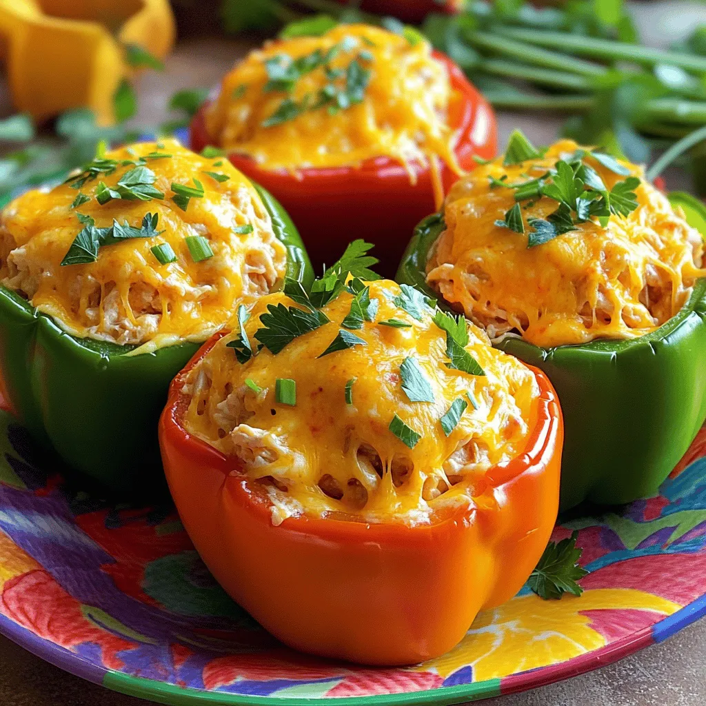 - 4 large bell peppers - 2 cups cooked chicken - 1/2 cup buffalo sauce - 1/2 cup cream cheese - 1 cup shredded cheddar cheese - 1/2 cup Greek yogurt or sour cream - 1/4 cup green onions - Celery salt and freshly cracked pepper - Fresh parsley You can switch out the chicken for shredded turkey or even crumbled tofu. For buffalo sauce, try BBQ sauce for a milder flavor. If you don’t have cream cheese, use ricotta or goat cheese instead. Each option adds its own flavor twist. You will need a mixing bowl to combine the ingredients. A baking dish is important for cooking the peppers. A spatula helps mix the filling well and fill the peppers evenly. For the full recipe, check the section above. - Preheat your oven to 375°F (190°C). This step warms the oven for even cooking. - Next, take your bell peppers. Carefully slice the tops off and remove the seeds. Keep the tops to use later if you like. - In a large bowl, combine shredded chicken with buffalo sauce. Mix them well for full flavor. - Then, add cream cheese, half of the cheddar cheese, Greek yogurt, and chopped green onions. Stir until everything blends together. The filling should be creamy and tasty. - Now, take each pepper and fill it with the chicken mixture. Push down gently to pack it in. - Place the stuffed peppers upright in a baking dish. If they wobble, trim a bit from the bottom to stabilize them. - Top each pepper with the rest of the cheddar cheese for a gooey finish. - Cover the baking dish with aluminum foil and bake for 25 minutes. This helps the flavors meld. - After 25 minutes, take off the foil. Bake for another 10 to 15 minutes until the cheese is bubbly and golden. - Let the peppers cool for a few minutes before serving. To make your Buffalo Chicken Stuffed Peppers just right, you need to consider spice levels. If you like heat, use more buffalo sauce. For a milder taste, cut back on the sauce. You can also mix in a bit of ranch dressing to cool it down. Next, ensure your peppers stand straight. If they wobble, trim a small slice off the bottom. This keeps them stable during baking. A sturdy pepper makes for a better presentation and easier serving. You can prepare the filling a day early. Just mix the chicken, buffalo sauce, cream cheese, and other ingredients. Store it in the fridge until you are ready to stuff the peppers. This saves time and makes cooking less stressful. If you want to store the stuffed peppers before baking, wrap them tightly in plastic wrap. They will stay fresh in the fridge for up to 24 hours. When you are ready to bake, just remove the wrap and cover them with foil. Buffalo Chicken Stuffed Peppers go well with dipping sauces. Try ranch or blue cheese for a classic touch. You can also serve them with Greek yogurt for a creamy contrast. For side dishes, consider a fresh salad or crispy veggies. These add color and crunch to your meal. You can also serve them with extra buffalo sauce for those who want more heat. {{image_4}} You can easily swap out the chicken in this recipe. Ground turkey works well. It gives a lighter taste. Tofu is another great choice. Just press it to remove extra water. For a fun twist, add beans. Black beans or chickpeas add protein and fiber. They make a tasty vegetarian stuffed pepper. Want to change the flavor? Try using BBQ sauce instead of buffalo sauce. This gives a sweeter taste. You can also add spices like cumin or smoked paprika. Fresh herbs like cilantro or basil can brighten the dish. These small changes can take your stuffed peppers to new heights. Cheese lovers can explore different types. Try pepper jack for a spicy kick. Gouda adds a smoky flavor, while mozzarella gives a creamy texture. If you prefer dairy-free, look for vegan cheese options. Many brands offer great-tasting cheese substitutes. Just ensure they melt well for the best results. To keep your Buffalo Chicken Stuffed Peppers fresh, store them in the fridge. Place them in an airtight container. They will stay good for about 3 to 4 days. When you want to reheat them, simply microwave on medium power. Heat until warm, usually about 2 to 3 minutes. You can also bake them in the oven at 350°F (175°C) for about 15 minutes. If you want to save some stuffed peppers for later, freezing is a great option. First, let them cool completely. Then, wrap each pepper tightly in plastic wrap. Place them in a freezer-safe bag or container. They will last up to 3 months in the freezer. When you're ready to eat, take them out and thaw in the fridge overnight. You can cook them directly from frozen, but add about 10 extra minutes to the baking time. For the best taste, eat your Buffalo Chicken Stuffed Peppers within a few days of making them. If they start to smell sour or look slimy, it's time to throw them away. Fresh peppers should be bright and firm. Always trust your senses; if something seems off, do not eat it. For more details, check out the Full Recipe for proper preparation tips. Buffalo Chicken Stuffed Peppers last about 3 to 4 days in the fridge. To store, place them in an airtight container. This keeps them fresh and tasty. Before eating, check for any signs of spoilage like an off smell or mold. Yes, you can make these peppers vegetarian. Swap the chicken for cooked lentils or chickpeas. You could also use a meat substitute, like tofu or tempeh. Mix these with the buffalo sauce, cream cheese, and other ingredients for a filling meal. Buffalo Chicken Stuffed Peppers pair well with a salad or some crunchy veggies. You might also enjoy them with blue cheese dressing or a creamy dip. Try serving with carrot sticks and celery for a nice crunch. If you want to use raw chicken, you can. First, cook the chicken until it’s fully done. You can boil, grill, or bake it. Shred the chicken, then mix it with the other ingredients before stuffing the peppers. Make sure to bake the stuffed peppers until they reach 165°F (75°C) internally. This ensures they are safe to eat. Buffalo Chicken Stuffed Peppers are a fun and tasty dish. We covered ingredients, steps, tips, and storage. You can change up proteins and flavors based on what you like. Make ahead or freeze for later use. Enjoy this easy recipe that brings heat and flavor to your table. Experiment and make it your own. The joy of cooking is in trying new things. Dive in and enjoy delicious stuffed peppers!