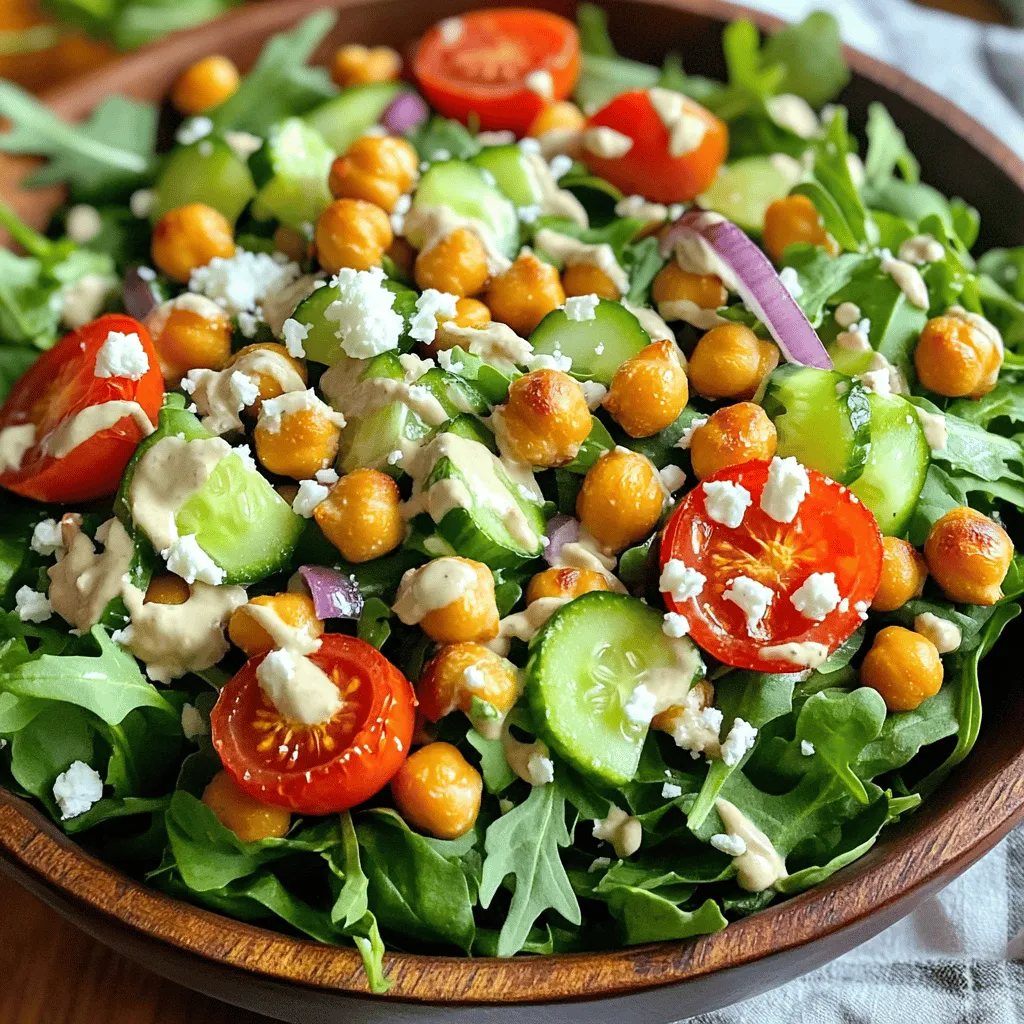 - 1 can (15 oz) chickpeas, thoroughly drained and rinsed - 4 cups mixed greens (arugula, spinach, romaine) - 1 cup cherry tomatoes, halved - 1 medium cucumber, diced - 1/4 red onion, thinly sliced - Optional: 1/4 cup feta cheese - 2 tablespoons extra virgin olive oil - 1 teaspoon smoked paprika - 1/2 teaspoon garlic powder - Sea salt and freshly cracked black pepper to taste - 2 tablespoons tahini - 1 tablespoon fresh lemon juice - 2 tablespoons water When I create this crispy chickpea salad, I always start with fresh and vibrant ingredients. The chickpeas are the star, giving us that crunchy texture. I use canned chickpeas for ease, but you can cook dried ones if you prefer. You must rinse them well to remove any excess salt or preservatives. The mixed greens are crucial too. They add a nice, fresh crunch. I like a mix of arugula, spinach, and romaine for the best flavor. The cherry tomatoes bring sweetness, while the cucumber adds a cool bite. I often include red onion for a mild zing. If you're feeling adventurous, sprinkle some feta cheese on top. For seasoning, I use extra virgin olive oil for richness. Smoked paprika adds warmth, and garlic powder gives a depth of flavor. A touch of sea salt and cracked black pepper enhances everything. The dressing is simple yet tasty. Tahini provides a nutty flavor that pairs well with lemon juice's brightness. Water thins the dressing for easy drizzling. You can find the full recipe [here](#). This salad is perfect for lunch or a light dinner. Enjoy every bite! - Preheat the oven to 400°F (200°C). - Spread the chickpeas on a large baking sheet. I love starting with the oven. It gets hot and ready to make the chickpeas crispy. A hot oven helps them roast well. Make sure to spread the chickpeas out. This step is key for even roasting. - Drizzle with olive oil and season with spices. - Roast for 25-30 minutes, shaking the pan halfway through. Now, drizzle olive oil over the chickpeas. Sprinkle smoked paprika and garlic powder on top. These spices add great flavor. Toss them gently to coat well. Roasting takes time, but it’s worth it! Shake the pan halfway to keep them cooking evenly. - Combine mixed greens, cherry tomatoes, cucumber, and red onion. - Whisk tahini, lemon juice, and water to make dressing. While the chickpeas roast, you can start on the salad. In a large bowl, combine your mixed greens, halved cherry tomatoes, diced cucumber, and thinly sliced red onion. Mix them well. For the dressing, whisk tahini, lemon juice, and water together until smooth. If it’s too thick, add a bit more water. - Add roasted chickpeas to the salad. - Drizzle tahini dressing and sprinkle feta (if using). Once the chickpeas are golden brown, let them cool for a few minutes. Then, add them to the salad bowl. Drizzle the tahini dressing over everything. Toss gently to mix. If you like, sprinkle feta on top for a creamy touch. For the full recipe, be sure to check out the detailed instructions. Enjoy your cooking! To get the best crispy chickpeas, start with dry ones. This makes a big difference. Rinse them well and then pat them dry with a clean towel. High heat is key for crispiness. I use 400°F (200°C) in my oven. This helps the chickpeas roast evenly and become golden brown. You can change up your salad by adding more veggies. Bell peppers and carrots add color and crunch. Want extra protein? Grilled chicken works great, or add quinoa for a filling option. This makes the salad heartier and even more satisfying. Spice up your chickpeas with different seasonings. Try cumin or cayenne for a kick. You can also add nuts or seeds to the salad. They bring an extra crunch that really elevates the dish. Each bite becomes a delightful mix of textures and flavors. For the complete recipe, check out the [Full Recipe]. {{image_4}} Using seasonal greens makes your salad fresh and bright. You can choose from arugula, spinach, or romaine. Mix in local veggies based on what you have. If you find fresh radishes, add those for a nice crunch. In summer, try adding fresh corn or zucchini. In the fall, roasted sweet potatoes work great. Always choose what looks best at the market. If you want a vegan salad, skip the feta cheese. You can use a dairy-free cheese if you like. It will still have great taste. Nutritional yeast can add a cheesy flavor without dairy. Just sprinkle it on top before serving. This way, everyone can enjoy a tasty meal. For a heartier dish, add cooked quinoa or farro. These grains give your salad more texture and flavor. You can cook them in advance and store them in the fridge. When ready to eat, mix the grains with the salad. This version makes it perfect for lunch or dinner. Plus, it boosts your protein intake, making it more filling. For the Full Recipe, check the recipe section above for all the details you need. Store your leftover salad in an airtight container for up to 3 days. This keeps it fresh and tasty. I suggest you wait to add the dressing until you are ready to eat. This helps prevent sogginess in your greens. Freezing this salad is not a good idea. The veggies will lose their crunch and flavor. However, you can freeze the chickpeas separately if you want. Just make sure they are dry before you freeze them. To make your life easier, prepare the chickpeas and the dressing ahead of time. You can roast the chickpeas and store them. Keep the dressing in a jar in the fridge. When you are ready to eat, just mix everything together for a quick meal! You can find the Full Recipe for more details on preparation. To make chickpeas crispy, start by drying them well. Drain and rinse them, then pat them dry with a towel. Spread them in a single layer on a baking sheet. Drizzle with olive oil and season. Bake at 400°F for 25-30 minutes. Shake the pan halfway through to ensure even cooking. Aim for a golden brown color for the best crunch. Yes, you can use canned chickpeas. Canned chickpeas save time since they are already cooked. They are easy to find, and you can use them right away. Just drain and rinse them before roasting. Dried chickpeas take longer to prepare, as they need soaking and cooking. Yes, this salad is gluten-free. All the ingredients, including chickpeas, greens, and vegetables, do not contain gluten. Make sure to check labels on any added ingredients, like feta cheese or dressings, to ensure they are gluten-free. If you need a tahini substitute, try using peanut butter or almond butter. You can also make a simple dressing with olive oil, lemon juice, and a bit of yogurt. Each option provides a different flavor but will keep the salad tasty. To make the salad less filling, reduce the amount of chickpeas or feta cheese. You can also add more greens and vegetables to keep it light. For a lighter meal, serve smaller portions or skip the cheese altogether. For the full recipe, check out the Crispy Chickpea Salad section. This blog post shared a simple chickpea salad recipe. You learned how to roast chickpeas, mix fresh veggies, and create a tasty tahini dressing. Remember, you can change ingredients to fit your taste or season. The salad is easy to store and perfect for meal prep. Enjoy your healthy, delicious meal while knowing it’s good for you!