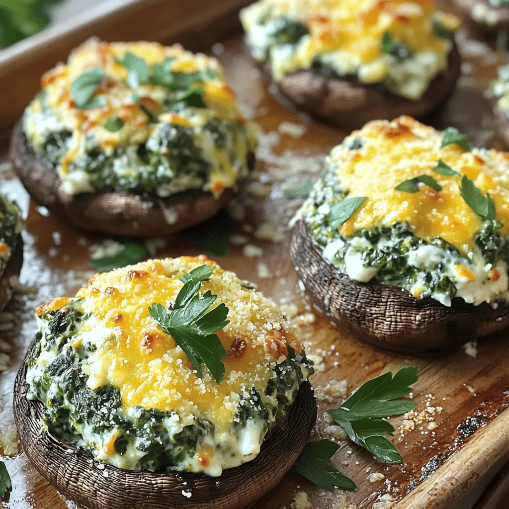 To make cheesy spinach stuffed mushrooms, you need: - 12 large portobello mushrooms, stems carefully removed - 2 cups fresh spinach, finely chopped - 1 cup cream cheese, softened to room temperature - 1/2 cup shredded mozzarella cheese - 1/4 cup grated Parmesan cheese - 2 cloves garlic, finely minced - 1/4 teaspoon black pepper - 1/4 teaspoon red pepper flakes (optional, for a bit of heat) - 1 tablespoon extra virgin olive oil - Salt to taste - Fresh parsley, chopped (for garnish) Having the right tools makes cooking easier. You will need: - A baking sheet - A medium-sized skillet - Mixing bowls - A spoon or small spatula - A damp cloth for cleaning mushrooms Using fresh ingredients is key. Choose firm mushrooms without blemishes. Fresh spinach should be vibrant and crisp. For the cheeses, get high-quality cream cheese and fresh mozzarella. These will enhance the flavor and texture. Avoid pre-packaged cheeses if possible; they often have additives. Always taste your mixture before stuffing the mushrooms. Adjust seasoning as needed for the best result. This attention to detail makes your dish truly shine. For the full recipe, check out the provided link. Start by preheating your oven to 375°F (190°C). This will get it nice and hot for baking. Next, gently wipe the portobello mushrooms with a damp cloth. Make sure to clean them well. Place the mushrooms cap side up on a baking sheet. Leave space between each one so they cook evenly. In a medium skillet, heat one tablespoon of extra virgin olive oil over medium heat. Once the oil is hot, add two cloves of finely minced garlic. Sauté for about one minute. Be careful not to burn the garlic; it can turn bitter. Next, add two cups of finely chopped spinach to the skillet. Stir it around, cooking for about two to three minutes. You'll know it's done when the spinach wilts down a lot. Once cooked, remove the skillet from the heat and let it cool slightly. In a mixing bowl, combine the wilted spinach, one cup of softened cream cheese, half a cup of shredded mozzarella, and a quarter cup of grated Parmesan. Add a quarter teaspoon of black pepper and red pepper flakes if you want some heat. Mix everything until it’s creamy and well blended. Taste and add a pinch of salt if needed. Now, it’s time to fill those mushrooms! Use a spoon or small spatula to generously fill each mushroom cap with the cheesy spinach mixture. Pack it in a little to ensure no gaps. Place the filled mushrooms in the preheated oven. Bake them for 20 to 25 minutes. Keep an eye on them. You want the tops to be golden and bubbly when they are ready. Once they are out of the oven, let them cool for a few minutes. This helps avoid burning yourself on the hot filling. To get the best results, choose mushrooms that are firm and fresh. This helps keep them from becoming soggy. For a nice presentation, serve the mushrooms on a rustic wooden platter or a colorful dish. Adding fresh parsley on top not only looks great but also adds flavor. If you want to add extra flavor, consider adding ingredients like crispy bacon or fresh herbs. For the full recipe, check out the details above. Enjoy your cheesy spinach stuffed mushrooms! When picking mushrooms, look for large portobello ones. They should be firm and fresh. Check for any dark spots or blemishes. A good mushroom has a smooth cap. If you can, smell them. Fresh mushrooms should have a clean, earthy scent. To make these cheesy spinach stuffed mushrooms pop, try adding extras. A dash of lemon juice brightens the flavor. Chopped sun-dried tomatoes add a sweet, tangy kick. For a savory depth, include crumbled bacon or sausage. Fresh herbs like basil or thyme also enhance the taste. One mistake is overcooking the mushrooms. They should be tender but not mushy. Another error is using too much salt. Start with a little and taste as you go. Lastly, don’t skip letting the filling cool. This step helps it blend better and prevents burning your hands. For the full recipe, check out the complete guide! {{image_4}} You can easily customize your cheesy spinach stuffed mushrooms. Consider adding crispy bacon bits for a savory crunch. Chopped sun-dried tomatoes bring a sweet and tangy twist. Fresh herbs like basil or thyme add a fragrant touch. You can even swap in different cheeses, like feta or gouda, for unique flavors. Each addition makes the dish more exciting and delicious. If you prefer a vegan option, swap cream cheese for a plant-based alternative. Nutritional yeast can also add a cheesy taste without dairy. Use vegan cheese for melting goodness. Make sure to check the labels for hidden animal products. These swaps allow everyone to enjoy cheesy spinach stuffed mushrooms. These stuffed mushrooms shine as an appetizer at parties. Serve them warm on a platter for sharing. They can also work as a side dish with grilled meats or pasta. For a light meal, pair them with a fresh salad. Their rich flavors and fun presentation make them a favorite choice for any gathering. For the complete recipe, check the [Full Recipe]. After enjoying your cheesy spinach stuffed mushrooms, let them cool completely. Place any leftovers in an airtight container. Store them in the fridge for up to three days. This keeps them fresh and tasty for your next snack or meal. To reheat your stuffed mushrooms, preheat your oven to 350°F (175°C). Place the mushrooms on a baking sheet. Bake them for about 10-15 minutes. This helps them regain their crispy texture and warm filling. You can also use a microwave, but they may not be as crispy. If you want to freeze your stuffed mushrooms, it’s best to do this before baking. Stuff the mushrooms and place them on a baking sheet in a single layer. Freeze them for about an hour, then transfer them to a freezer bag. They can last up to three months. When ready to eat, bake them straight from the freezer, adding a few extra minutes to the cooking time for best results. Cheesy spinach stuffed mushrooms stay fresh for about 3 to 5 days in the fridge. Store them in an airtight container. This keeps them tasty and safe to eat. Yes, you can prepare cheesy spinach stuffed mushrooms in advance. Stuff the mushrooms and place them in the fridge for up to one day. This saves time for your event or gathering. When ready, bake them right before serving. These stuffed mushrooms pair well with a variety of dishes. Serve them with a fresh salad for a light meal. You can also enjoy them with pasta or grilled chicken. They make a great appetizer at parties too. Looking for more ideas? Check out the Full Recipe for other serving suggestions. We covered the key ingredients and tools for cheesy spinach stuffed mushrooms. I shared tips for preparation and cooking, along with common mistakes to dodge. We explored variations, storage methods, and answered your burning questions. These mushrooms can be a great addition to any meal. Enjoy experimenting with flavors and adjustments. With these tips, you’ll impress your guests and satisfy your taste buds. Happy cooking!