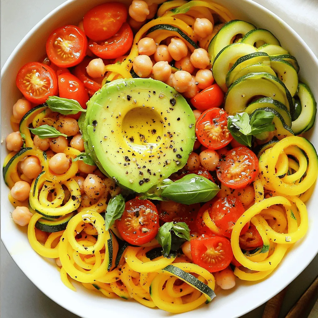 - 2 medium zucchini, spiralized - 1 medium yellow squash, spiralized - 1 cup cherry tomatoes, halved - 1 red bell pepper, thinly sliced - 1 cup canned chickpeas, drained and rinsed - 3 tablespoons extra virgin olive oil - 1 tablespoon fresh lemon juice - 1 teaspoon garlic powder - Sea salt and freshly cracked black pepper to taste - 1 ripe avocado, sliced - 1/4 cup fresh basil leaves, finely chopped The ingredients for this Summer Squash Noodle Bowl come together to create a bright dish. Spiralizing zucchini and yellow squash adds a fun twist. The colors pop with cherry tomatoes and red bell pepper. Chickpeas bring protein and texture. Extra virgin olive oil and fresh lemon juice tie the flavors together. Garlic powder adds depth, while sea salt and black pepper enhance taste. Optional garnishes like avocado and basil add creaminess and freshness. For the full recipe and detailed steps, check out the [Full Recipe]. Enjoy creating this vibrant bowl! First, you need to spiralize the zucchini and yellow squash. Use a spiralizer or a julienne peeler to create long noodles. This step makes the dish fun and colorful. Once you finish spiralizing, place the noodles in a large mixing bowl and set them aside. Next, heat a skillet over medium heat. Add 1 tablespoon of olive oil to the hot skillet. Once the oil shimmers, add the sliced red bell pepper. Sauté for about 3 minutes, until the bell pepper softens. Then, add the halved cherry tomatoes and drained chickpeas to the skillet. Cook for about 5 more minutes. Stir occasionally until the tomatoes blister. Sprinkle in the garlic powder, sea salt, and black pepper to taste. While the veggies cook, drizzle the remaining 2 tablespoons of olive oil and lemon juice over the squash noodles. Toss them gently to coat. Once the vegetable mixture is ready, fold it into the bowl with the noodles. Be careful not to break the delicate noodles. Add the chopped basil leaves and give everything a final gentle toss. Taste and adjust seasoning as needed. Enjoy your fresh and vibrant dish! For more details, check the Full Recipe. To get the best noodles, use a good spiralizer or a julienne peeler. Both tools work well, but a spiralizer makes it easier. Cut the ends off the zucchini and squash first. This helps fit them in the tool. When spiralizing, apply gentle pressure. This gives you long, even noodles. If the noodles break, don’t worry. Just try again. To make your dish pop, add some fresh herbs. Basil works great, but you can also try parsley or cilantro. For a bit of heat, sprinkle in some red pepper flakes. This adds a nice kick without overpowering the dish. Garlic powder is another fantastic option. It gives a rich flavor that blends well with the veggies. For a beautiful presentation, use large white bowls. This really highlights the bright colors of the veggies. You can also drizzle a little extra olive oil on top. It adds flavor and makes the dish look fancy. Pair your Summer Squash Noodle Bowl with grilled chicken or shrimp for protein. This makes it a complete meal. You can find the Full Recipe for all the details to create this lovely dish. {{image_4}} You can easily change the protein in your Summer Squash Noodle Bowl. Adding grilled chicken or shrimp gives a nice boost. Simply cook them on a grill or in a pan. Slice them thin and mix them in with the noodles. If you prefer a vegetarian option, incorporate tofu. Cube the tofu and sauté it until golden. This adds protein and keeps the dish filling. Feel free to swap in other seasonal vegetables. Carrots add a sweet crunch, while bell peppers bring color. You can use any squash type too. Butternut or acorn squash can work in place of zucchini. Just spiralize them like the others. This will keep your bowl fresh and interesting. You can switch up the sauce to change the flavor. Try replacing olive oil with pesto or tahini dressing. This adds a bright and rich taste. For a creamy sauce, consider a cashew or avocado-based option. It makes the dish even more decadent. Each sauce brings a new twist to your bowl. Explore these options to find your favorite flavor combo. For the full recipe, check out the link. To keep your Summer Squash Noodle Bowl fresh, place leftovers in airtight containers. This helps lock in moisture and prevent odors. Make sure the bowl cools to room temperature before sealing it. If you want to keep it fresh, store the noodles and toppings separately. This way, they won’t get soggy. Yes, you can freeze the Summer Squash Noodle Bowl. To freeze, let it cool first. Then, place it in a freezer-safe container. Leave some space at the top for expansion. When you're ready to eat, move it to the fridge overnight to thaw. For a quicker option, you can use a microwave. Just heat it gently until warmed through. In the fridge, your noodle bowl lasts about 3 to 5 days. For frozen bowls, expect a shelf life of about 2 to 3 months. Always check for signs of spoilage before eating. If you notice a change in color or smell, it’s best to toss it. Enjoy your fresh and tasty meals! A Summer Squash Noodle Bowl is a fresh, light dish made with spiralized squash. The main ingredients are: - 2 medium zucchini, spiralized - 1 medium yellow squash, spiralized - 1 cup cherry tomatoes, halved - 1 red bell pepper, thinly sliced - 1 cup canned chickpeas, drained and rinsed This bowl is colorful and full of flavor. It is healthy and easy to make. The squash noodles serve as a base, while the veggies add texture and taste. You can enjoy this bowl warm or chilled. Yes, you can prepare this dish in advance. To meal prep, spiralize the zucchini and yellow squash ahead of time. Place them in an airtight container in the fridge. The veggies can also be cooked early. Store them separately in another container. When you are ready to eat, simply combine everything. This way, the noodles stay fresh and don’t get soggy. You can also store the bowl for up to three days. Just keep the avocado out until serving to avoid browning. You can add many healthy toppings to your bowl. Here are some ideas: - Sliced avocado - Toasted nuts or seeds - Feta cheese or goat cheese - Fresh herbs like cilantro or parsley These toppings can add extra taste and nutrition. Feel free to mix and match based on your taste. For a bit of spice, you can sprinkle some red pepper flakes on top. Enjoy your Summer Squash Noodle Bowl with your favorite toppings! For the full recipe, check out the [Full Recipe]. This blog post covered the fresh ingredients and simple steps for a Summer Squash Noodle Bowl. We explored tips for flavor and presentation to elevate your dish. Remember, you can customize with proteins or sauces to fit your taste. Store leftovers properly to enjoy them later. Embrace creativity with this recipe. Whether you enjoy cooking or want healthy options, this bowl is a winner. Get ready to impress your family and friends with your delicious creation!
