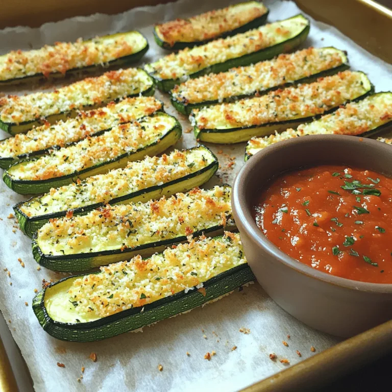 - 3 medium zucchinis - 1 cup whole wheat breadcrumbs - 1 cup freshly grated Parmesan cheese - 1 teaspoon garlic powder - 1 teaspoon Italian seasoning - 1 teaspoon smoked paprika - Salt and freshly cracked pepper - 2 large eggs - Olive oil spray These ingredients come together to create a snack that is both crispy and tasty. Zucchini is a great vegetable. It has a mild taste and is low in calories. Whole wheat breadcrumbs add crunch and fiber. Parmesan cheese gives a rich flavor that everyone loves. The spices like garlic powder and Italian seasoning add more depth to the dish. Smoked paprika brings a nice smokiness. Don't forget the salt and pepper to enhance all the flavors. - Extra Parmesan cheese - Fresh herbs (like parsley or basil) You can add extra Parmesan cheese on top for a cheesy kick. Fresh herbs like parsley or basil also make a great garnish. They add a fresh taste and make your dish look pretty. For the full recipe, check out the instructions on how to make these delicious Baked Parmesan Zucchini Fries. 1. Preheat your oven to 425°F (220°C). This temperature helps the fries get crispy. 2. Line a baking sheet with parchment paper. This keeps the fries from sticking and makes cleanup easy. 1. In a large bowl, mix together the breadcrumbs, grated Parmesan cheese, garlic powder, Italian seasoning, smoked paprika, salt, and pepper. Stir until all is combined. 2. In another bowl, whisk the eggs until they are light and frothy. This will act as your egg wash. 3. Take each zucchini fry and dip it into the egg wash. Make sure it is fully coated, letting the extra egg drip off. 4. Roll the egg-coated fry in the breadcrumb mix. Press gently to help the coating stick well. 1. Place the coated zucchini fries on the baking sheet in a single layer. Make sure they are not crowded. 2. Lightly spray the tops with olive oil. This helps them get that perfect crispy texture. 3. Bake in the oven for about 20-25 minutes. Turn the fries halfway through to ensure they cook evenly. 4. They should be golden brown and crispy when ready. Enjoy your fries hot, straight from the oven. For the full recipe, check the instructions provided above. To make your zucchini fries nice and crispy, use whole wheat breadcrumbs. This adds a great crunch. Before baking, lightly spray the fries with olive oil. This simple step helps them crisp up perfectly. These zucchini fries taste amazing with marinara sauce. The sauce adds a nice tangy flavor. You can also sprinkle fresh herbs on top. Fresh herbs like parsley or basil enhance the dish’s taste and look. One big mistake is overcrowding the baking sheet. If the fries are too close, they won’t cook evenly. Make sure to leave space between each fry. Another mistake is not preheating the oven properly. A hot oven ensures your fries bake correctly and get that golden finish. {{image_4}} You can easily change the flavor of your zucchini fries. Try adding different seasonings to the breadcrumb mix. Cajun spices add heat and zest. For a spicy kick, sprinkle in some cayenne pepper. If you want something milder, use Italian herbs. You can also switch up the cheese. Instead of Parmesan, try cheddar for a sharp taste. Mozzarella can give a nice gooey texture. Each option brings a unique twist to this tasty snack. If you need a gluten-free option, you can make simple swaps. Instead of regular breadcrumbs, use ground almonds. They provide a nice crunch and great flavor. Gluten-free breadcrumbs work well too. Just ensure they are finely crushed for the best coating. This way, everyone can enjoy these zucchini fries without worry. You can expand the veggie fun by adding other vegetables. Eggplant works well and has a similar texture. Sweet potato adds a hint of sweetness that pairs nicely with the cheese. Cut them into fry shapes just like the zucchini. Coat and bake them the same way. This gives you a colorful plate and more flavors to enjoy. For the full recipe, check out the detailed instructions above. Enjoy the process of trying different flavors and veggies! To store baked zucchini fries in the fridge, place them in an airtight container. This keeps them fresh and tasty. Enjoy the fries within 3 days for the best flavor. Make sure they cool down before sealing. This prevents steam from making them soggy. To reheat zucchini fries while keeping them crispy, use an oven or air fryer. Preheat your oven to 375°F (190°C). Place the fries on a baking sheet. Bake for about 10 minutes, or until hot. If using an air fryer, set it to 350°F (175°C) for 5 to 7 minutes. This helps restore their crunch. Yes, you can freeze zucchini fries! Freezing them is easy. First, let the fries cool completely. Then, spread them out on a baking sheet. Freeze for about 1 hour. Once frozen, transfer them to a freezer bag. Label the bag with the date. Use within 2 months for the best quality. To reuse, bake from frozen at 425°F (220°C) for about 25-30 minutes. This keeps them crispy and tasty. For the full recipe and more tips, check out the [Full Recipe]. To make zucchini fries crispy, you can follow these tips: - Use whole wheat breadcrumbs: They provide a nice crunch. - Lightly spray with olive oil: This helps achieve that golden, crispy finish. - Do not overcrowd the baking sheet: Give them space to cook evenly. - Turn them halfway: This ensures all sides get nice and crispy. These steps will help you enjoy perfectly crunchy zucchini fries each time. Yes, you can bake zucchini fries without breadcrumbs. Here are some alternatives: - Almond flour or ground nuts: These add crunch without gluten. - Cornmeal: It offers a different texture and flavor. - Crushed cornflakes: They create a very crispy coating. These options can change the texture while keeping your fries tasty. Zucchini is low in calories and full of nutrients. Here are some benefits: - High in fiber: This helps with digestion. - Rich in vitamins: It contains vitamin C and vitamin A. - Hydrating: Zucchini has a high water content. - Low in carbs: Great for low-carb diets. Including zucchini in your meals can enhance your diet. Baked Parmesan zucchini fries last about 3-4 days in the fridge. Here’s how to store them: - Keep in an airtight container: This helps maintain freshness. - Look for spoilage signs: Check for any off smells or sliminess. When stored properly, you can enjoy your delicious fries for days! In this blog post, we explored how to make delicious baked zucchini fries. We covered the key ingredients and shared step-by-step instructions to guide you through the process. I also provided tips for getting that perfect crunch and ways to vary the recipe. Remember to store leftovers properly, and feel free to experiment with flavors. Baked zucchini fries are a tasty and healthy snack you can enjoy anytime. With this guide, you have everything you need for a successful cooking experience. Now it's time to enjoy your creation!