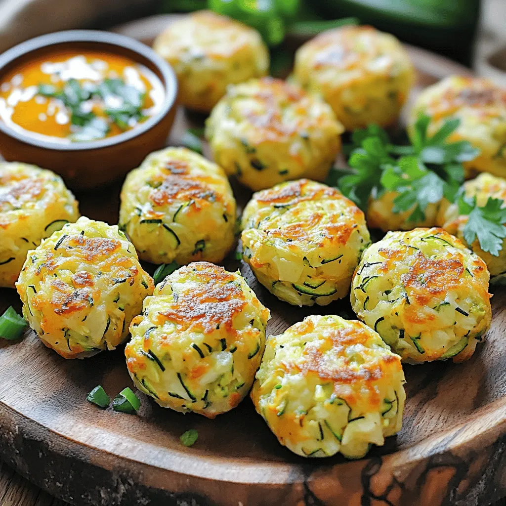 - 2 medium zucchinis, finely grated - 1 cup potatoes, peeled and finely grated - 1 cup shredded cheese (your choice of cheddar or mozzarella) - 1/4 cup fresh parsley, finely chopped - 1/4 cup green onions, finely chopped - 1/4 cup all-purpose flour - 1 large egg, beaten - 1 teaspoon garlic powder - 1 teaspoon onion powder - Salt and black pepper, to taste - Olive oil, for brushing These ingredients come together to create a tasty treat. Zucchini adds moisture and flavor. Potatoes give it a crispy texture. You can choose cheese you like best. Fresh herbs, like parsley and green onions, brighten the dish. Garlic and onion powder enhance the taste. Flour helps bind it all together. A beaten egg adds richness and binds the mix. Use salt and pepper to make it pop. Finally, a brush of olive oil ensures a nice crunch when baked. For the full recipe, check out the instructions that follow. Grating Zucchini and Potatoes Start by grating the zucchinis and potatoes. Use a box grater for this. Aim for fine shreds, as they help the tater tots hold together better. Removing Excess Moisture Next, it’s time to remove excess moisture. Place the grated mixture in a clean kitchen towel. Twist the towel to squeeze out as much liquid as you can. This step is key for crispy tater tots. Combining Mixture In a large bowl, combine the drained zucchini and potato mixture. Add shredded cheese, chopped parsley, and green onions. Next, mix in flour, beaten egg, garlic powder, onion powder, and a bit of salt and pepper. Stir until everything is well mixed. Shaping Techniques Now, it’s time to shape the tater tots. Take a handful of mixture and roll it into a ball. Flatten it slightly to create a tot shape. Make sure they are about the size of a golf ball for even cooking. Arranging on Baking Sheet Place the shaped tater tots on the prepared baking sheet. Leave some space between each one. This helps them cook evenly and get crispy. Preheating Oven Before you start baking, preheat your oven to 425°F (220°C). This ensures that the tater tots cook through and become golden brown. Baking Time and Techniques Bake the tater tots for 20-25 minutes. Flip them halfway through to brown both sides. You want them crispy and golden. Keep an eye on them to avoid burning. For the full recipe, check out the details above. To make your tater tots crispy, the first step is to remove moisture. Zucchinis hold a lot of water. After you grate them, use a clean towel to squeeze out the liquid. This step is key to a crunchy texture. If you skip it, your tots can turn out soggy. Another tip is to brush the tops with olive oil. A light layer helps them brown nicely. This adds flavor and enhances the crispiness. You want that golden-brown finish that tells you they're ready to eat. For great taste, consider cheese and herb pairings. Cheddar adds a sharp bite, while mozzarella brings creaminess. Fresh herbs like parsley and green onions brighten the flavor. You can mix and match to find your favorite combo. Add seasoning to elevate the taste. Garlic powder gives depth, and onion powder adds sweetness. Don't forget a pinch of salt and black pepper. These simple tweaks can transform your tater tots into a flavorful treat. For the full recipe, you can explore more tips on combining flavors and achieving the best results. {{image_4}} Vegan Options You can easily make these tater tots vegan. Replace the egg with a flaxseed egg. Mix one tablespoon of ground flaxseed with three tablespoons of water. Let it sit for a few minutes until it thickens. Use a dairy-free cheese for a cheesy flavor without the animal products. Gluten-Free Alternatives If you need a gluten-free option, swap the all-purpose flour for almond flour or a gluten-free blend. This keeps the texture nice while making it safe for those with gluten issues. Spicy Tater Tots For a kick, add some heat! Mix in chopped jalapeños or a teaspoon of cayenne pepper. This gives your tater tots a spicy surprise that pairs well with cooling dips like sour cream. Mediterranean Style Take a trip to the Mediterranean with these tater tots. Add in crumbled feta cheese, chopped olives, and a pinch of oregano. Serve with tzatziki sauce for a fresh and tasty twist. For the full recipe, check out the details above. To keep your Herby Zucchini Tater Tots fresh, store any leftovers in the fridge. First, let the tater tots cool completely. This helps avoid moisture build-up. Place them in an airtight container. This keeps them from drying out. You can refrigerate them for up to three days. - Use a glass or plastic container with a tight lid. - Avoid stacking them too high to keep them from getting squished. If you want to save some for later, freezing is a great option. After baking, let the tater tots cool completely. Then, lay them on a baking sheet in a single layer. Freeze them for about an hour. This avoids them sticking together. Once frozen, transfer the tater tots to a freezer bag. Be sure to squeeze out as much air as possible. This helps prevent freezer burn. You can keep them frozen for up to three months. For reheating, simply bake them from frozen. Set your oven to 400°F (200°C). Bake for 15-20 minutes until hot and crispy. You can also use an air fryer for a quicker option. Enjoy these tasty treats any time you want! For the full recipe, check out the details provided earlier. Can I make these tater tots in an air fryer? Yes, you can! Air frying gives the tater tots a crispy texture. Preheat the air fryer to 400°F (200°C). Arrange the tater tots in a single layer. Cook for 12 to 15 minutes, flipping halfway through for even cooking. How do I serve Herby Zucchini Tater Tots? These tater tots shine when served hot. Place them on a colorful platter. Pair them with your favorite dipping sauce, like tzatziki or ketchup. Garnish with fresh herbs for a nice touch. What can I use instead of zucchini? You can try using yellow squash or carrots. Both options will give a nice taste and texture. Just remember to grate and squeeze out excess moisture, just like with zucchini. How long do they last in the fridge? Store leftover tater tots in an airtight container. They can last up to three days. Reheat them in the oven or air fryer for best results. Can I use dried herbs instead of fresh? Yes, you can use dried herbs. Use about one-third of the amount you would use for fresh herbs. Dried herbs are more potent, so adjust to taste. Nutritional Benefits of Zucchini Zucchini is low in calories and high in fiber. It contains vitamins A and C, which are good for your skin and immune system. This veggie also helps with digestion. Comparison to Traditional Tater Tots Herby zucchini tater tots are a healthier choice than traditional tater tots. They have fewer carbs and more nutrients. You get the crunch you love without the guilt. This post covered how to make Herby Zucchini Tater Tots from scratch. We discussed the key ingredients, like zucchini and potatoes, and tips for crispiness. I shared steps for preparing, shaping, and baking the tots to perfection. We also explored variations and storage tips for your leftovers. In closing, getting creative with flavors and ingredients can elevate your dish. Try different herbs or spices. Enjoy your cooking and the tasty results!