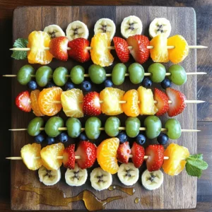 To create a vibrant rainbow effect, you need a mix of colorful fruits. Here’s what I recommend: - 1 cup strawberries, hulled and halved - 1 cup juicy orange segments - 1 cup fresh pineapple chunks - 1 cup green grapes, halved - 1 cup plump blueberries - 1 ripe banana, sliced These fruits not only look great but also taste amazing together. Each fruit adds its own flavor and texture. If you want to add a bit of sweetness, consider using: - 1 tablespoon honey Drizzling honey on the skewers makes them even more delicious. It enhances the natural flavors of the fruits and brings everything together. To make your skewers look fancy, use garnishes like: - Fresh mint leaves Placing mint leaves around the skewers adds a pop of green. It also gives a fresh aroma that makes the dish more inviting. For the full recipe, check out the Rainbow Fruit Skewers ! Start by washing your fruits well under cold water. It’s key for freshness and taste. Take the strawberries and hull them. This means you remove the green top. After that, slice them in half. For the oranges, segment them into small pieces. Cut the pineapple into bite-sized chunks. Make sure to slice the banana into thick rounds. Lastly, halve the grapes lengthwise. Once you finish, place each fruit in separate bowls. This makes it easy when you start to assemble. Now, grab some wooden or metal skewers. It’s time to have some fun! Begin threading the fruit onto the skewer. I like to start with a strawberry for color. Then, add an orange segment, followed by a pineapple chunk. Next, thread a green grape, a blueberry, and finish with a banana slice on top. Keep alternating the fruits to create a beautiful pattern. Make sure to leave some space at the ends. This helps when you grab the skewers to eat. If you want a sweeter taste, drizzle a bit of honey over the skewers. This adds a nice touch to the natural sweetness of the fruits. After that, place the skewers on a large serving platter. For a pop of color, sprinkle fresh mint leaves around them. This gives a vibrant look and a hint of minty flavor. Serve the rainbow fruit skewers right away for the best taste. You can also chill them in the fridge briefly if needed. Enjoy your colorful creation! When choosing fruits for your rainbow skewers, pick fresh and ripe options. Bright colors mean better taste. Look for strawberries that are deep red, oranges that are firm, and bananas that are slightly speckled. Here are some tips: - Select strawberries that are firm and fragrant. - Choose oranges that feel heavy for their size. - Pick pineapples with a sweet smell at the base. - Opt for grapes that are plump and green. - Ensure blueberries are shiny and firm. - Bananas should be yellow with a few brown spots. A fun and colorful display makes your skewers pop! Here’s how to create a beautiful plate: - Use a large white platter to let the colors shine. - Arrange skewers in a circle or a zigzag pattern. - Add fresh mint leaves around the skewers for a green touch. - For extra flare, drizzle honey over the top before serving. - Consider using colorful skewers or wraps for added fun. To keep your fruits fresh, follow these simple steps: - Store fruits in the fridge if you’re not serving right away. - Use airtight containers to reduce moisture loss. - If making skewers in advance, wrap them in plastic wrap. - Keep bananas separate from other fruits to slow browning. - Add a splash of lemon juice to cut fruits to keep them bright. These tips will help you enjoy delicious, vibrant rainbow fruit skewers at every gathering. For the complete recipe, refer to the Full Recipe section. {{image_4}} You can switch fruits based on the season. In summer, try peaches, cherries, and watermelon. These fruits add juicy flavors and bright colors. In fall, use apples, pears, and grapes. Winter can bring out citrus fruits like mandarins and kiwis. Each season offers unique tastes and textures. Experimenting keeps your skewers fresh and fun! Make your skewers match your events! For a holiday party, use red strawberries and green grapes for a festive touch. In autumn, add pumpkin-shaped fruit snacks or use orange slices. For birthdays, pick fruits in the guest's favorite colors. You can even shape the fruits into fun designs. Themed skewers make your gatherings lively and tasty! Dips can make your rainbow fruit skewers even better. A yogurt dip adds creaminess and pairs well with most fruits. You can mix plain yogurt with honey for sweetness. A chocolate dip is another crowd-pleaser, especially for kids! You could also try a zesty lime dip by mixing lime juice with a bit of sugar. Dips add a new layer of flavor and excitement to your skewers! If you have leftover rainbow fruit skewers, store them in the fridge. Place them in a sealed container. This keeps the fruit fresh and prevents drying. Enjoy them within two days for the best taste. If you notice any fruit turning brown, remove it before eating. You can prepare these skewers in advance. Just make the fruit skewers a few hours before your event. Store them in the fridge until it’s time to serve. This keeps everything cool and tasty. It also saves you time when guests arrive. You can freeze some fruits for later use. Cut the fruits into pieces and place them on a baking sheet. Freeze them for about two hours, then transfer to a freezer bag. When you need fruit, just take out what you need. Frozen fruit works great for smoothies or other recipes. However, avoid freezing bananas and grapes, as they change texture. For the full recipe, check the previous sections. Yes, you can use frozen fruits for skewers. However, fresh fruits taste best and look more appealing. Frozen fruits may not hold their shape well on a skewer. They can get mushy when thawed. If you want to use frozen fruits, pick ones that hold up well. For example, frozen pineapple or blueberries can work. Just remember to let them thaw and drain excess water before using them. To transport fruit skewers, place them flat in a container. Use a shallow box or a large plate. Line the bottom with paper towels to absorb any moisture. Cover the skewers with more paper towels. This helps keep them fresh and prevents them from rolling around. If you can, store them in a cooler with ice packs. This keeps the fruit cool and crisp. Fruit skewers can last about 1 to 2 days in the fridge. They stay best when stored in an airtight container. This keeps moisture out and prevents browning. After a day, the fruits may start to lose their texture and taste. For the best flavor, enjoy the skewers fresh. If you have leftover skewers, check for any signs of spoilage before eating. Making fruit skewers is simple and fun. We covered picking colorful fruits, adding sweet touches, and garnishing for a beautiful look. You learned how to prepare and assemble the skewers, plus tricks to keep them fresh. Variations allow you to match your skewers to any season or event. These tips will help you create tasty and vibrant skewers every time. Enjoy the sweet rewards of your hard work and share them with friends and family!