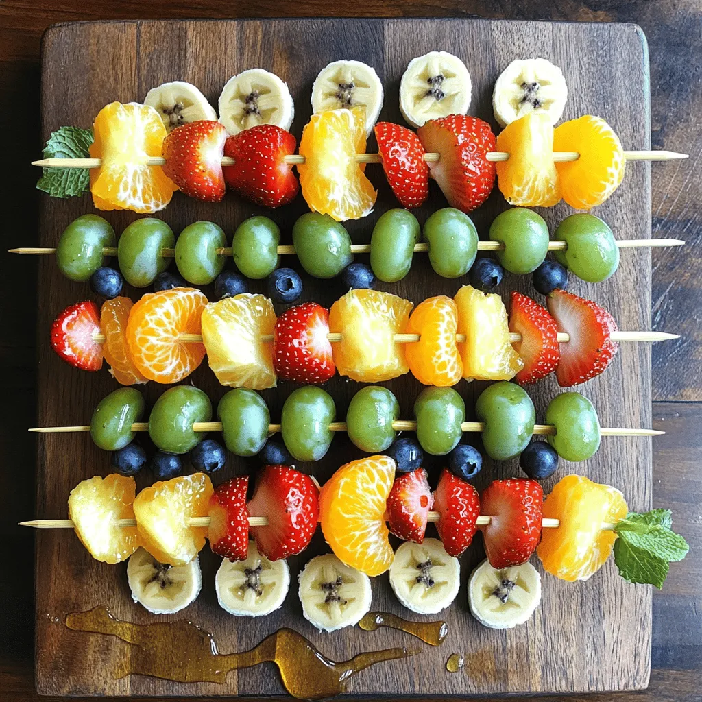 To create a vibrant rainbow effect, you need a mix of colorful fruits. Here’s what I recommend: - 1 cup strawberries, hulled and halved - 1 cup juicy orange segments - 1 cup fresh pineapple chunks - 1 cup green grapes, halved - 1 cup plump blueberries - 1 ripe banana, sliced These fruits not only look great but also taste amazing together. Each fruit adds its own flavor and texture. If you want to add a bit of sweetness, consider using: - 1 tablespoon honey Drizzling honey on the skewers makes them even more delicious. It enhances the natural flavors of the fruits and brings everything together. To make your skewers look fancy, use garnishes like: - Fresh mint leaves Placing mint leaves around the skewers adds a pop of green. It also gives a fresh aroma that makes the dish more inviting. For the full recipe, check out the Rainbow Fruit Skewers ! Start by washing your fruits well under cold water. It’s key for freshness and taste. Take the strawberries and hull them. This means you remove the green top. After that, slice them in half. For the oranges, segment them into small pieces. Cut the pineapple into bite-sized chunks. Make sure to slice the banana into thick rounds. Lastly, halve the grapes lengthwise. Once you finish, place each fruit in separate bowls. This makes it easy when you start to assemble. Now, grab some wooden or metal skewers. It’s time to have some fun! Begin threading the fruit onto the skewer. I like to start with a strawberry for color. Then, add an orange segment, followed by a pineapple chunk. Next, thread a green grape, a blueberry, and finish with a banana slice on top. Keep alternating the fruits to create a beautiful pattern. Make sure to leave some space at the ends. This helps when you grab the skewers to eat. If you want a sweeter taste, drizzle a bit of honey over the skewers. This adds a nice touch to the natural sweetness of the fruits. After that, place the skewers on a large serving platter. For a pop of color, sprinkle fresh mint leaves around them. This gives a vibrant look and a hint of minty flavor. Serve the rainbow fruit skewers right away for the best taste. You can also chill them in the fridge briefly if needed. Enjoy your colorful creation! When choosing fruits for your rainbow skewers, pick fresh and ripe options. Bright colors mean better taste. Look for strawberries that are deep red, oranges that are firm, and bananas that are slightly speckled. Here are some tips: - Select strawberries that are firm and fragrant. - Choose oranges that feel heavy for their size. - Pick pineapples with a sweet smell at the base. - Opt for grapes that are plump and green. - Ensure blueberries are shiny and firm. - Bananas should be yellow with a few brown spots. A fun and colorful display makes your skewers pop! Here’s how to create a beautiful plate: - Use a large white platter to let the colors shine. - Arrange skewers in a circle or a zigzag pattern. - Add fresh mint leaves around the skewers for a green touch. - For extra flare, drizzle honey over the top before serving. - Consider using colorful skewers or wraps for added fun. To keep your fruits fresh, follow these simple steps: - Store fruits in the fridge if you’re not serving right away. - Use airtight containers to reduce moisture loss. - If making skewers in advance, wrap them in plastic wrap. - Keep bananas separate from other fruits to slow browning. - Add a splash of lemon juice to cut fruits to keep them bright. These tips will help you enjoy delicious, vibrant rainbow fruit skewers at every gathering. For the complete recipe, refer to the Full Recipe section. {{image_4}} You can switch fruits based on the season. In summer, try peaches, cherries, and watermelon. These fruits add juicy flavors and bright colors. In fall, use apples, pears, and grapes. Winter can bring out citrus fruits like mandarins and kiwis. Each season offers unique tastes and textures. Experimenting keeps your skewers fresh and fun! Make your skewers match your events! For a holiday party, use red strawberries and green grapes for a festive touch. In autumn, add pumpkin-shaped fruit snacks or use orange slices. For birthdays, pick fruits in the guest's favorite colors. You can even shape the fruits into fun designs. Themed skewers make your gatherings lively and tasty! Dips can make your rainbow fruit skewers even better. A yogurt dip adds creaminess and pairs well with most fruits. You can mix plain yogurt with honey for sweetness. A chocolate dip is another crowd-pleaser, especially for kids! You could also try a zesty lime dip by mixing lime juice with a bit of sugar. Dips add a new layer of flavor and excitement to your skewers! If you have leftover rainbow fruit skewers, store them in the fridge. Place them in a sealed container. This keeps the fruit fresh and prevents drying. Enjoy them within two days for the best taste. If you notice any fruit turning brown, remove it before eating. You can prepare these skewers in advance. Just make the fruit skewers a few hours before your event. Store them in the fridge until it’s time to serve. This keeps everything cool and tasty. It also saves you time when guests arrive. You can freeze some fruits for later use. Cut the fruits into pieces and place them on a baking sheet. Freeze them for about two hours, then transfer to a freezer bag. When you need fruit, just take out what you need. Frozen fruit works great for smoothies or other recipes. However, avoid freezing bananas and grapes, as they change texture. For the full recipe, check the previous sections. Yes, you can use frozen fruits for skewers. However, fresh fruits taste best and look more appealing. Frozen fruits may not hold their shape well on a skewer. They can get mushy when thawed. If you want to use frozen fruits, pick ones that hold up well. For example, frozen pineapple or blueberries can work. Just remember to let them thaw and drain excess water before using them. To transport fruit skewers, place them flat in a container. Use a shallow box or a large plate. Line the bottom with paper towels to absorb any moisture. Cover the skewers with more paper towels. This helps keep them fresh and prevents them from rolling around. If you can, store them in a cooler with ice packs. This keeps the fruit cool and crisp. Fruit skewers can last about 1 to 2 days in the fridge. They stay best when stored in an airtight container. This keeps moisture out and prevents browning. After a day, the fruits may start to lose their texture and taste. For the best flavor, enjoy the skewers fresh. If you have leftover skewers, check for any signs of spoilage before eating. Making fruit skewers is simple and fun. We covered picking colorful fruits, adding sweet touches, and garnishing for a beautiful look. You learned how to prepare and assemble the skewers, plus tricks to keep them fresh. Variations allow you to match your skewers to any season or event. These tips will help you create tasty and vibrant skewers every time. Enjoy the sweet rewards of your hard work and share them with friends and family!