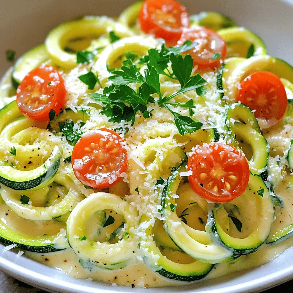To make a delicious Zucchini Noodle Alfredo, gather the following ingredients: - 4 medium zucchinis, spiralized - 1 cup heavy cream (or coconut cream alternative) - 1/2 cup grated Parmesan cheese (or nutritional yeast) - 2 tablespoons unsalted butter (or olive oil for dairy-free) - 2 cloves garlic, minced - 1/4 teaspoon grated nutmeg - Salt and pepper to taste - Fresh parsley, chopped - Optional: halved cherry tomatoes for garnish Using fresh zucchinis makes the dish light and tasty. Spiralizing the zucchinis creates fun noodle shapes that soak up the rich sauce. You can choose heavy cream for a classic flavor or coconut cream for a dairy-free twist. Grated Parmesan cheese adds a nice savory touch, while nutritional yeast gives a cheesy flavor without dairy. Minced garlic brings depth to the sauce. Grated nutmeg adds warmth and a hint of spice. Salt and pepper balance the flavors, and fresh parsley makes the dish pop with color. Cherry tomatoes can add a sweet burst if you choose to use them. Check out the Full Recipe for exact measurements and steps to create this creamy, comforting dish! Start by spiralizing the zucchinis into long noodle shapes. A spiralizer makes this easy. After spiralizing, place the noodles in a colander. Sprinkle them lightly with salt. Let them rest for 10-15 minutes. This helps remove extra moisture. A drier noodle means a better dish. In a large skillet, melt butter or heat olive oil over medium heat. Once it melts, add minced garlic. Sauté it for about 1 minute. You want it to smell nice but not brown. Next, pour in the heavy cream or coconut cream. Bring it to a gentle simmer, stirring often for 3-5 minutes. The sauce should thicken slightly. After that, whisk in the grated Parmesan cheese or nutritional yeast. Add freshly grated nutmeg too. Stir until the cheese melts and the sauce is creamy. If it’s too thick, add a splash of water or more cream. After the zucchini has rested, pat the noodles dry with a paper towel. This step is key to avoid excess water. In a separate pan, lightly sauté the noodles in a drizzle of olive oil. Cook them for 2-3 minutes. You want them tender but still a bit firm. This keeps the texture nice. Remove the sautéed zucchini noodles from heat. Gently mix them into the Alfredo sauce in the skillet. Toss the noodles well so they are coated in sauce. Taste and adjust the seasoning with salt and pepper. Serve your Zucchini Noodle Alfredo hot. Garnish with chopped fresh parsley. Add halved cherry tomatoes for a splash of color. For an elegant touch, use shallow bowls. Drizzle a bit more Alfredo sauce on top. Enjoy your delicious creation! For the full recipe, check above. To get the best zucchini noodles, it's key to choose the right zucchinis. Look for medium-sized ones that feel firm and have smooth skin. Avoid zucchinis that are soft or have blemishes. These can ruin your dish. To avoid a watery dish, salting the zucchini noodles is essential. After spiralizing, sprinkle them with salt and let them sit in a colander for 10-15 minutes. This step draws out water, which keeps your dish creamy, not soggy. If you want a dairy-free Alfredo sauce, there are great options. Use coconut cream instead of heavy cream. For cheese, nutritional yeast works well. It adds that cheesy flavor without dairy. You can also adjust flavors in the sauce. For a kick, try adding a pinch of red pepper flakes or some Italian herbs. This helps you customize the taste to your favorite profile. Sautéing zucchini noodles needs care. Use a hot pan with a little olive oil. Cook them for just 2-3 minutes. This keeps them tender yet firm. Timing matters when making this dish. Cook the sauce while the noodles rest. This way, everything is ready to mix. Serve it hot for the best flavor and texture. For the full recipe, check the complete guide on how to make this dish! {{image_4}} You can make Zucchini Noodle Alfredo even better with extra touches. Adding protein, like grilled chicken or shrimp, gives it more flavor. Both options work well with the creamy sauce. If you want more veggies, consider spinach or bell peppers. These add color and nutrients to the dish. Feel free to get creative with your sauce. You can use different cheese blends to change the taste. Mixing mozzarella with Parmesan creates a new flavor. For those who prefer vegan options, try using nutritional yeast instead of cheese. You can also use a cashew cream for a rich, dairy-free Alfredo sauce. Pair Zucchini Noodle Alfredo with side dishes for a full meal. A fresh salad or garlic bread complements the creamy noodles nicely. For plating, consider using shallow bowls. Place the noodles in the center and drizzle more sauce on top. Finish with a sprinkle of parsley and cherry tomatoes for a pop of color. This makes your dish look as good as it tastes. To keep your Zucchini Noodle Alfredo fresh, store it in the fridge. Place the leftovers in an airtight container. This helps to maintain the taste and texture. You can enjoy the dish for up to three days. If you want to keep it longer, consider freezing. Use freezer-safe containers to avoid freezer burn. The dish can last up to three months in the freezer. Just remember to label the containers with the date. When reheating, avoid the microwave if possible. The microwave can make the noodles soggy. Instead, use a skillet over low heat. Add a splash of cream or water to help the sauce. Stir gently until warm. This method keeps the texture nice and creamy. If the sauce thickens too much, simply add more liquid. This way, your Zucchini Noodle Alfredo stays delicious and comforting, just like when you first made it. Can I make Zucchini Noodle Alfredo ahead of time? Yes, you can prepare the sauce in advance. Store it in the fridge. Cook the zucchini noodles fresh when ready to serve. How long will leftovers last in the fridge? Leftovers will stay fresh for 3 to 4 days. Store them in an airtight container. Can I freeze Zucchini Noodle Alfredo? Freezing is not ideal for this dish. The zucchini can become mushy when thawed. However, you can freeze the sauce separately. What can I substitute for heavy cream? Coconut cream offers a great dairy-free option. You can also use cashew cream for a rich texture. Is this dish suitable for meal prep? Absolutely! It’s easy to make in batches. Just keep the sauce and noodles separate until serving. How do I keep zucchini noodles from becoming mushy? Salt the spiralized zucchini and let it drain for 15 minutes. This step removes excess moisture. Pat them dry before cooking to keep them firm. This blog post covered how to make Zucchini Noodle Alfredo. I’ve shared all the key steps, from preparing the noodles to making a creamy sauce. You learned tips for perfecting the dish and ideas for custom flavors. Remember, you can add proteins or other veggies for variety. This dish is fresh, tasty, and easy to make. I hope you feel inspired to try it. Enjoy your cooking adventure!