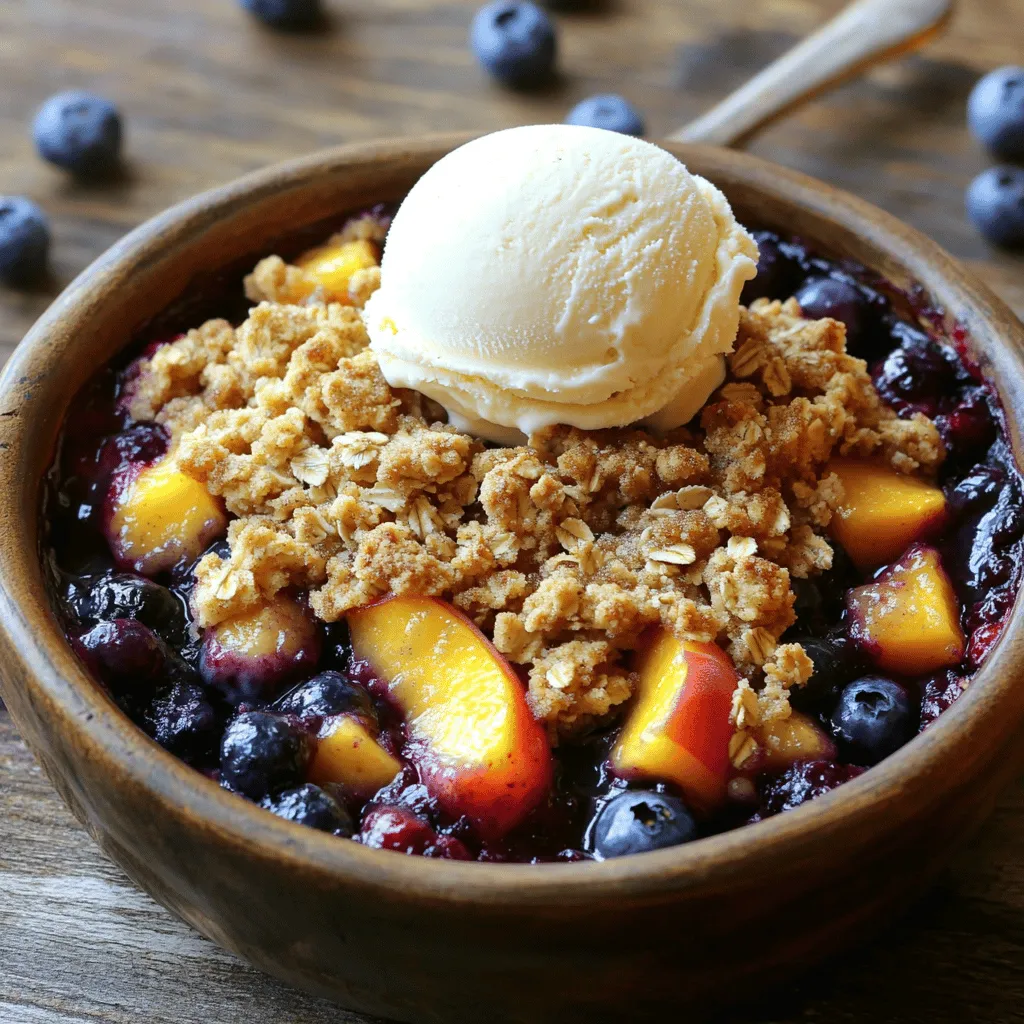 For this tasty dessert, you need fresh fruit that shines. - 2 cups fresh blueberries, rinsed and drained - 2 cups ripe peaches, peeled, pitted, and diced Blueberries add a sweet burst, while peaches lend their juicy charm. This mix gives your crumble a vibrant flavor and a beautiful look. Next, reach for some basics from your kitchen. You will need: - 1/4 cup granulated sugar - 1/3 cup packed brown sugar - 1/2 cup all-purpose flour These staples sweeten and bind the fruit together. They help create a rich crumble topping. To elevate your dessert, consider some optional extras: - 1/2 teaspoon ground cinnamon - 1 tablespoon fresh lemon juice Cinnamon adds a warm spice, while lemon juice brightens the taste. These add-ons make your crumble pop with flavor. For the full recipe, check the details above. First, set your oven to 350°F (175°C). This temperature is perfect for baking. While the oven heats, gather your kitchen tools. You will need a large mixing bowl, a greased 9x9 inch baking dish, and a separate bowl for the topping. Having everything ready makes the process smooth and fun. In a large mixing bowl, combine 2 cups of fresh blueberries and 2 cups of diced peaches. Add 1/4 cup of granulated sugar, 1 tablespoon of fresh lemon juice, 1 teaspoon of pure vanilla extract, and 1/2 teaspoon of ground cinnamon. Carefully stir the mixture, being gentle to avoid smashing the blueberries. Once mixed, transfer this colorful fruit blend into your greased baking dish. Spread it evenly to make sure every bite is fruity and delicious. In a separate bowl, mix together 1 cup of rolled oats, 1/2 cup of all-purpose flour, and 1/3 cup of packed brown sugar. Melt 1/2 cup of unsalted butter and let it cool slightly before adding it to the dry ingredients. Finally, add a pinch of salt. Mix everything until it looks like coarse crumbs. This topping will add a nice crunch to your dessert. Follow these simple steps, and you will create a delightful blueberry peach crumble. For the full recipe, be sure to check the instructions above. To achieve a crispy topping, you want to mix the oats, flour, and sugars well. Use cold butter and cut it into the mix. This creates small clumps that bake up nice and crunchy. Don’t overmix; leave some lumps for texture. Spread the topping evenly over your fruit mix. This helps it crisp up all around. To boost flavor, try adding a pinch of nutmeg or allspice to the crumble. You can also use almond extract instead of vanilla for a twist. Adding a squeeze of fresh lemon juice brightens the fruit. It adds a nice tang that balances the sweetness. Don’t be afraid to experiment with spices. They can bring your dish to a new level. Serve warm blueberry peach crumble in bowls. A scoop of vanilla ice cream or a dollop of whipped cream pairs perfectly. The cold creaminess contrasts with the warm crumble. For a fresh touch, garnish with a few blueberries. You can even add a sprig of mint for color. This makes your dessert inviting and pretty. {{image_4}} You can switch up the fruits in your crumble. Try using strawberries or raspberries instead of blueberries. Apples or pears can also work well with peaches. Mix and match fruits to find your favorite blend. Each fruit brings its own flavor and texture. This way, you can enjoy a new twist on a classic dish. If you want to cut down on sugar, you can reduce the amount in the recipe. You can also swap granulated sugar for honey or maple syrup. For a gluten-free option, use almond flour or gluten-free oats. These changes still taste great and keep the dessert enjoyable. You can feel good about what you eat while enjoying a sweet treat. Crumble is not just for summer! In fall, use apples and cranberries for a cozy flavor. Winter calls for pears and pomegranate seeds, which add a festive touch. In spring, consider using fresh strawberries or cherries. Adapting the recipe to the season keeps it exciting. You can celebrate the fruits available at any time of year. To keep your blueberry peach crumble fresh, store it in a proper container. Use an airtight container to prevent moisture loss. Place it in the refrigerator if you plan to eat it in a few days. Make sure it's completely cool before sealing it. This helps maintain its flavor and texture. When you're ready to enjoy your leftovers, reheating is simple. Preheat your oven to 350°F (175°C). Place the crumble in an oven-safe dish. Cover it with foil to keep it from drying out. Bake for about 15-20 minutes until it's warm throughout. This method helps the topping stay crispy while the fruit warms up nicely. You can freeze blueberry peach crumble for later enjoyment. First, let it cool completely. Then, cut it into serving-sized pieces. Wrap each piece tightly in plastic wrap. Place the wrapped pieces in a freezer-safe bag or container. When you're ready to eat it, thaw it in the fridge overnight. Reheat it in the oven for the best taste. Enjoy this delicious dessert anytime! You can find the full recipe for blueberry peach crumble at the beginning of the article. Yes, you can use frozen blueberries and peaches. When using frozen fruit, make sure to thaw them first. Drain any excess liquid after thawing to avoid a soggy crumble. You can toss the thawed fruit with a bit of sugar and lemon juice to enhance the flavor. This method keeps the fruit tasty and bright. Always remember that frozen fruit may release more juice than fresh fruit, so adjust baking time if needed. You can tell when the crumble is done by looking for a golden-brown topping. The fruit should bubble lightly around the edges. Another sign is the smell; it should be fragrant and sweet. Bake it for about 30-35 minutes. If you're unsure, use a fork to check the topping. It should be crisp and firm, not wet or mushy. If you want a dairy-free version, you can use coconut oil or vegan butter. Both options will give you a nice, rich flavor. Just melt the coconut oil or vegan butter before mixing it into the crumble topping. This keeps the texture nice and crumbly. You can also try using applesauce for a lower-fat option, but note that this will change the texture a bit. In this post, we covered the key ingredients, steps, and tips for making a delicious blueberry peach crumble. Starting with fresh fruit, we layered in pantry staples and explored optional add-ons for extra flavor. I shared my best tips for a perfect, crispy topping and suggested fun variations for different seasons. Remember, you can easily store leftovers and enjoy them later. This crumble is simple, tasty, and customizable. Try making it and delight in every bite!