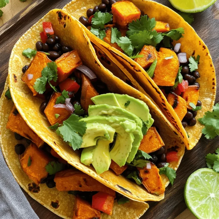- 2 medium sweet potatoes, peeled and diced - 1 can (15 oz) black beans, drained and rinsed - 1 red bell pepper, diced - 1 small red onion, diced - 2 cloves garlic, minced - 1 teaspoon ground cumin - 1 teaspoon smoked paprika - Salt and pepper to taste - 1 tablespoon olive oil - 8-10 corn tortillas - Fresh cilantro, chopped - Avocado slices - Lime wedges Sweet potatoes are the star of this dish. They bring a natural sweetness and creamy texture. Black beans add protein and fiber, making these tacos filling. The red bell pepper and onion provide crunch and flavor. Garlic adds a lovely aroma that enhances every bite. For spices, ground cumin and smoked paprika are key. They add warmth and depth to the dish. Don’t skip the salt and pepper; they bring all the flavors together. Olive oil helps with roasting, making sweet potatoes crispy on the outside and soft inside. When it comes to toppings, corn tortillas are a must. They are soft and perfect for holding all the goodness. Fresh cilantro adds a bright touch. Avocado slices bring creaminess, while lime wedges add a zing. You can find the full recipe to make these tasty tacos that everyone will love. Enjoy cooking! - Preheat the oven to 400°F (200°C). - Combine diced sweet potatoes with olive oil, cumin, smoked paprika, salt, and pepper. To start, I preheat the oven. This step is key for roasting. I want the sweet potatoes to have great flavor. I take my diced sweet potatoes and place them in a bowl. Next, I drizzle olive oil over them. Then, I sprinkle cumin and smoked paprika. I add some salt and pepper for taste. I mix it all well so every piece gets coated. Spreading them on a baking sheet helps them roast evenly. - Roast sweet potatoes for 25-30 minutes, stirring halfway through. - Sauté red onion and red bell pepper in a skillet until soft, then add garlic. After I place the sweet potatoes in the oven, I set a timer. I roast them for about 25 to 30 minutes. Halfway, I stir to ensure they cook nicely. While they roast, I heat a skillet on medium heat. I add diced red onion and red bell pepper to the skillet. I sauté them for about five minutes until they soften. Then, I add minced garlic and cook for one more minute. Garlic adds a lovely aroma. - Mix in black beans and roasted sweet potatoes with sautéed veggies. - Warm corn tortillas in a separate skillet before assembly. Once the sweet potatoes are tender, I pull them from the oven. I pour black beans into the skillet with the sautéed veggies. Then, I add the roasted sweet potatoes. I stir everything gently until combined. In another dry skillet, I warm corn tortillas for one to two minutes. This makes them soft and easy to fold. Now, I'm ready to assemble these delicious tacos! - Use parchment paper for easier cleanup. - Ensure even spacing on the baking sheet for optimal roasting. When you roast sweet potatoes, they need space. Crowding them can cause them to steam instead of roast. I always use parchment paper for easy cleanup. It saves time and effort after a busy cooking session. - Add a dash of lime juice to the bean mixture for fresher taste. - Experiment with additional spices like chili powder for heat. A squeeze of lime juice brightens the flavor. It lifts the dish and adds a fresh kick. If you like heat, try adding chili powder. It brings a new level of warmth to the mix. - Serve with a side of Mexican rice or a simple salad. - Offer a variety of toppings for customization. These tacos pair well with Mexican rice or a light salad. They complement the flavors well. I love setting out toppings like fresh cilantro, avocado, and lime wedges. This way, everyone can customize their tacos. You can find the Full Recipe to explore more ideas! {{image_4}} You can change the black beans for lentils or quinoa. This gives your tacos a new texture. Lentils add a nice bite, while quinoa offers a fluffy feel. You might also try sautéed mushrooms or crumbled tofu. Both add protein and a savory taste to your meal. Make your tacos vegan by using plant-based toppings. Avocado, pico de gallo, or a spicy salsa work well. You can also add grilled corn for a sweet, crunchy bite. It brightens up the flavors and adds a fun twist. Want to spice things up? Use different peppers, like jalapeños, for some heat. They bring a nice kick that many enjoy. For those who like cheese, sprinkle some crumbled queso or add sour cream. These dairy options add creaminess that pairs well with the sweet potatoes. For the full recipe, check out the Sweet Potato Black Bean Tacos. Keep the sweet potato and bean mixture in an airtight container. This keeps it fresh. You can refrigerate it for up to 3-4 days. The flavors will meld, making each bite tastier. If you want to store it longer, freeze the cooked mixture. It lasts up to 3 months in the freezer. To keep the tortillas fresh, store them separately in a freezer-safe bag. This helps prevent them from becoming soggy. When reheating, use a skillet or microwave. This way, you avoid soggy tortillas. Before serving, refresh the tacos with a splash of lime juice. It adds a bright flavor that brings the dish to life. For the full recipe, check out the Sweet Potato Black Bean Tacos. - Use corn tortillas, which are naturally gluten-free. Corn tortillas work well and add a nice texture. They hold the filling without breaking apart. - Yes, chop veggies and prepare the sweet potato mixture the day before. This saves time on busy nights. Prepping ahead makes cooking quick and easy. You can store everything in the fridge in sealed containers. - Incorporate leafy greens, like spinach or kale, into the taco filling. These greens boost vitamins and minerals in your meal. Simply mix them in with the sweet potato and black beans for added nutrition. You can even sauté them with the other veggies for extra flavor. For the full recipe, check out the details above. This blog post outlined a tasty recipe for sweet potato black bean tacos. We covered the main ingredients, seasonings, step-by-step cooking directions, and options to customize your dish. I shared tips for perfect roasting and serving suggestions for your meals. Remember, these tacos can fit various diets and preferences. Whether you explore different toppings or add proteins, enjoy your cooking adventure! Keep it fun and tasty for everyone at the table.