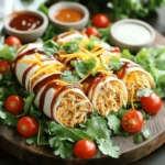 - 2 cups cooked chicken, shredded - 1/2 cup BBQ sauce - 1/4 cup ranch dressing - 1 cup romaine lettuce, chopped - 1/2 cup cherry tomatoes, halved - 1/4 cup red onion, thinly sliced - 1/2 cup shredded cheese (cheddar or pepper jack preferred) - 4 large flour tortillas - Fresh cilantro for garnish (optional) - Salt and freshly ground pepper to taste - Avocado or guacamole - Crispy bacon bits - Jalapeño slices - Each serving has about 450 calories. - Macronutrients: 25g fat, 30g protein, 35g carbs. I love making BBQ Ranch Chicken Wraps because they are quick and tasty. You only need a few ingredients to make them shine. Start with cooked chicken. I usually shred it for better texture. Mix it with BBQ sauce. The sauce adds a smoky sweetness. Then, grab some ranch dressing. It gives a creamy touch that balances the BBQ flavor. Next, chop up some romaine lettuce. It adds crunch and freshness. Halve the cherry tomatoes for a sweet bite. Thinly slice the red onion for a little zing. Don't forget the cheese! Shredded cheddar or pepper jack adds a nice kick. Finally, use large flour tortillas to wrap everything up. If you want, sprinkle fresh cilantro on top for color. Feel free to get creative with optional add-ins. Avocado or guacamole can make it richer. Crispy bacon bits add more crunch. If you like heat, jalapeño slices are a great choice. This recipe is not only fun but also healthy. Each wrap is packed with protein and veggies. You can enjoy them for lunch or dinner. They are great for sharing too! For the complete BBQ Ranch Chicken Wraps experience, check the Full Recipe. 1. Start by mixing the chicken and BBQ sauce. - In a mixing bowl, add 2 cups of shredded chicken. - Pour in 1/2 cup of BBQ sauce. - Stir well until the chicken is coated evenly. 2. Next, prepare the ranch dressing. - In a separate bowl, whisk together 1/4 cup of ranch dressing. - Season with salt and pepper to your taste. - Set this aside for later use. 3. Now, assemble the wraps. - Place 4 large flour tortillas on a flat surface. - In the center of each tortilla, add a handful of chopped romaine lettuce. - Spread the BBQ chicken mixture over the lettuce. - Top with halved cherry tomatoes, sliced red onion, and shredded cheese. - Drizzle ranch dressing over the top. 1. To wrap, fold the sides of the tortilla inward. 2. Starting from the bottom, roll it tightly to the top. 3. Ensure all the fillings stay secure inside. 4. For grilling options, heat a panini press or skillet. - Grill each wrap for 2-3 minutes until golden brown. - Enjoy them warm for a crispy finish. 1. Slice each wrap in half diagonally for easy eating. 2. Arrange them on a platter for a nice look. 3. For pairing options, serve with extra ranch and BBQ sauce for dipping. To evenly coat chicken with BBQ sauce, start with cooked chicken. Shred it into small pieces. Then, add BBQ sauce to a bowl. Mix well until every piece is covered. This makes sure you get that smoky flavor in each bite. Use a spatula or spoon for easy mixing. Layering ingredients also adds balance. Begin with lettuce; it keeps the wrap fresh and crunchy. Next, add the BBQ chicken. Spread it out well to cover the tortilla. Follow with tomatoes and onions on top. Finally, sprinkle cheese and drizzle ranch dressing. This builds a tasty wrap with every layer. If you want to switch up the BBQ sauce, try using a spicy sauce or a mustard-based one. Both add a unique twist. For ranch dressing, Greek yogurt mixed with herbs is a healthy option. You can also use a vinaigrette for a lighter taste. When it comes to cheese, cheddar is classic. However, pepper jack adds a nice kick. You could also try mozzarella for a milder flavor. Each cheese brings its own flair to the wrap. For meal prep, wrap each one tightly in foil or plastic wrap. Store them in the fridge for up to three days. This keeps them fresh and ready to eat. If you want to freeze them, wrap tightly and place in a freezer bag. They last for about a month. When reheating, avoid the microwave if you want a crispy texture. Instead, use a skillet. Heat on low for a few minutes. This warms the inside while keeping the outside crispy. Enjoy the flavors as they come back to life! {{image_4}} You can easily adapt BBQ Ranch Chicken Wraps to fit your diet. For a gluten-free option, choose gluten-free tortillas. Many brands offer tasty choices that make it easy to enjoy this wrap. If you prefer vegetarian options, swap out the chicken for plant-based proteins. Try using grilled tofu or chickpeas. These options add great flavor and texture while keeping the dish satisfying. To spice things up, make spicy BBQ ranch chicken wraps. Just add sliced jalapeños or diced bell peppers to the filling. This adds heat and a crunchy texture that many enjoy. For a Mediterranean twist, use hummus instead of ranch dressing. Add feta cheese and diced cucumbers for a fresh flavor. This version offers a tasty change while still being easy to make. You can easily scale the recipe to serve more people. Simply double the ingredients for larger gatherings. This way, everyone gets to enjoy their own wrap. For a fun appetizer, make mini wraps. Use smaller tortillas and fill them with the same tasty ingredients. These little bites are perfect for parties and gatherings. For the full recipe, check out the detailed steps above. Yes, you can prepare BBQ Ranch Chicken Wraps ahead of time. To keep them fresh, store the chicken and veggies separately from the tortillas. This way, you can assemble the wraps just before serving. You can mix the chicken with BBQ sauce a day ahead. Keep it in the fridge until you are ready to use it. Chopped veggies can also stay fresh in a container. To avoid soggy wraps, use fresh ingredients. Start with dry tortillas. Layer the lettuce first, then add the chicken and toppings. This creates a barrier. Use less ranch dressing if you worry about sogginess. You can also lightly toast the tortillas before filling them. This step adds a nice texture and keeps them firm. You can freeze BBQ Ranch Chicken Wraps. Wrap each one tightly in foil or plastic wrap. Place them in an airtight bag. They can stay in the freezer for up to three months. When you want to eat them, thaw in the fridge overnight. You can warm them in a skillet or oven for best results. Always check for quality before eating, as fresh is best. This recipe is simple and fun. You need just a few ingredients and steps. Here’s what you’ll use: - 2 cups cooked chicken, shredded - 1/2 cup BBQ sauce - 1/4 cup ranch dressing - 1 cup romaine lettuce, chopped - 1/2 cup cherry tomatoes, halved - 1/4 cup red onion, thinly sliced - 1/2 cup shredded cheese (cheddar or pepper jack preferred) - 4 large flour tortillas - Fresh cilantro for garnish (optional) - Salt and freshly ground pepper to taste To make these wraps, mix the chicken with BBQ sauce. Prepare the ranch dressing next. Layer in the tortillas, adding all the fresh toppings. Wrap them tightly and grill if you like. For the full recipe, follow the detailed steps above. - Prep Time: 15 minutes - Cook Time: 10 minutes (if grilling) - Total Time: 25 minutes - Servings: 4 This timing helps you plan your meal. If you want it quick, prep ahead. The wraps taste great fresh or even later. If you're looking for more fun recipes, check out these links: - Spicy BBQ Chicken Tacos - Grilled Veggie Wraps - Easy Chicken Salad These resources will inspire you in the kitchen. Enjoy cooking and exploring new flavors! You can make delicious BBQ Ranch Chicken Wraps with just a few ingredients. We covered everything from the essential items you need to tips for perfecting your wrap. You can even swap ingredients or make dietary adjustments for your tastes. Whether you’re feeding a crowd or prepping meals for the week, these wraps are easy and fun. Remember, the key is to enjoy the process. Try out the different variations and find what works best for you!
