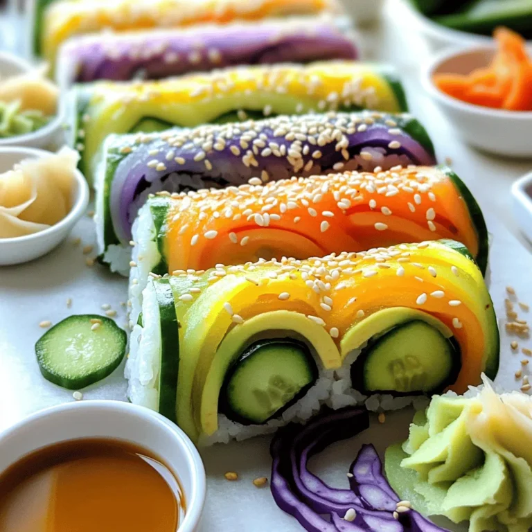 To make delicious vegetarian sushi rolls, you need a few key ingredients: - 1 cup sushi rice - 1 ¼ cups water - 2 tablespoons rice vinegar - 1 tablespoon sugar - 1 teaspoon salt - 4 nori sheets - ½ cucumber, julienned - 1 large carrot, julienned - 1 ripe avocado, sliced - ½ bell pepper (any color), sliced into thin strips - ½ cup purple cabbage, thinly sliced These ingredients form the base of your rolls. Sushi rice is sticky and holds everything together. Nori sheets wrap around the filling for a perfect bite. You can add extra flavors to your sushi rolls: - Pickled ginger and wasabi - Sesame seeds Pickled ginger adds a zesty kick. Wasabi gives a nice heat. You can sprinkle sesame seeds on top for crunch and flavor. Vegetarian sushi rolls offer many health benefits. Sushi rice provides carbohydrates for energy. It also contains some vitamins and minerals. The fresh vegetables add fiber, vitamins, and antioxidants. Eating colorful veggies boosts your health and keeps you full. This dish is not only tasty but also good for your body. To make great sushi, start with the rice. Rinse 1 cup of sushi rice under cold water. Keep rinsing until the water is clear. This step removes extra starch, which helps the rice cook better. Next, cook the rice. You can use a rice cooker or a saucepan. If using a rice cooker, follow the instructions. For a saucepan, combine the rinsed rice with 1 ¼ cups of water. Bring it to a boil. Then, reduce the heat, cover it, and let it simmer for about 20 minutes or until all the water is gone. Once the rice is cooked, let’s season it. In a small bowl, mix 2 tablespoons of rice vinegar, 1 tablespoon of sugar, and 1 teaspoon of salt. Heat this mixture in the microwave for about 30 seconds. Stir until the sugar and salt dissolve. Once the rice cools, gently fold the vinegar mixture into the rice using a spatula. Now, let’s roll! Place a bamboo mat on a flat surface. Lay a sheet of nori on top, shiny side down. Before touching the rice, wet your hands with a little water to stop it from sticking. Take a handful of your seasoned sushi rice and spread it evenly over the nori. Leave about a 1-inch space at the top. Now it's time for the fun part—adding fillings! Place julienned cucumber, carrot, avocado, bell pepper strips, and purple cabbage in the center of the rice-covered nori. You can mix colors and textures for a bright look. To roll the sushi, start at the edge closest to you. Lift the bamboo mat and roll it tightly away from you. Apply even pressure to keep the roll firm. When you reach the 1-inch border at the top, seal it by wetting the edge of the nori with water. Now, let’s cut your sushi rolls! Use a sharp knife and wet it before slicing. This helps to avoid sticking. Slice the roll into 6-8 pieces. Clean the knife with a damp cloth after each cut for neat slices. For a beautiful presentation, arrange the sliced rolls on a colorful platter. You can sprinkle sesame seeds on top for extra flavor. Serve with soy sauce for dipping, and add pickled ginger and wasabi if you like some heat. Enjoy your rainbow veggie sushi rolls! For the full recipe, check the complete instructions above. Issues with rice texture One main issue is overcooked rice. This can make it mushy. Always rinse the rice until the water runs clear. This helps remove starch. Undercooked rice can also be a problem. It should be tender yet firm. If your rice is too dry, it won't stick together. Problems with rolling technique If you roll too tightly, the filling can squish out. This messes up the look and taste. If you roll too loosely, your sushi will fall apart. It's key to find a balance. Use the bamboo mat to help with even pressure. Using a bamboo mat effectively A bamboo mat makes rolling easier. Start by placing the nori on the mat. Use damp hands to spread the rice evenly. Leave about an inch at the top. This will help seal the roll. Tips for keeping the nori fresh Nori can dry out quickly. Keep it in an airtight container until you're ready to use it. If it's too dry, it won't roll well. Use it as soon as you can for the best flavor. Mixing vegetable types and seasonings Try mixing different veggies. You can add bell peppers, carrots, or even mango. Each adds its own flavor. Adding a sprinkle of salt or a dash of soy sauce can enhance taste. Incorporating herbs and spices Fresh herbs like cilantro or basil can add freshness. A touch of chili flakes can bring heat. Experiment with flavors to find your perfect mix. Try adding sesame oil for a nutty taste. For more detailed steps, check the Full Recipe. {{image_4}} I love creating different types of vegetarian sushi rolls! Two popular choices are California rolls and spicy avocado rolls. - California Rolls: These rolls often use imitation crab, but you can replace it with avocado and cucumber. The creamy avocado pairs well with the crunchy cucumber. This classic roll is perfect for sushi beginners. - Spicy Avocado Rolls: For a kick, try spicy avocado rolls. Just mash ripe avocado with a bit of sriracha. This adds heat and flavor. You can mix in some chopped scallions for extra zest. Using seasonal ingredients makes your sushi fresh and tasty. - Using Local Produce: Check your local farmer's market for fresh veggies. Try adding thinly sliced radishes or bell peppers. They add color and crunch to your rolls. - Adapting Recipes for Different Seasons: In spring, use asparagus or peas. In fall, try roasted sweet potatoes or pumpkin. Each season brings new flavors to explore. Fusion sushi ideas can take your rolls to a new level. - Incorporating International Flavors: Think of adding ingredients from different cuisines. For a Mexican twist, add black beans and corn. You can even sprinkle cilantro for freshness. - Non-Traditional Ingredients: Use fruits like mango or pineapple for a sweet touch. These fruits balance well with the savory flavors of sushi. Feel free to explore these variations to make your own flavorful sushi rolls. Check out the Full Recipe for a great base to start your sushi-making journey! To keep your leftover sushi fresh, wrap each roll tightly in plastic wrap. This prevents the nori from getting soggy. Place the wrapped rolls in an airtight container. Store them in the fridge. Leftover sushi rolls taste best within 24 hours. How long do sushi rolls last? Sushi rolls can last up to two days in the fridge. After that, the rice may dry out, and the veggies can lose their crunch. Eating sushi fresh gives the best taste and texture. The flavors blend nicely, and the nori stays crisp. Cold sushi can be tasty too, especially on a hot day. Tips for safe reheating If you prefer warm sushi, heat it gently. Use a microwave on low power or a pan with low heat. Do not overheat, as it can ruin the texture. Can you freeze sushi? Yes, you can freeze sushi, but it may change the texture. Frozen sushi is best if you have fillings that freeze well, like cooked vegetables. Steps for freezing and thawing sushi properly 1. Wrap each roll tightly in plastic wrap. 2. Place the wrapped rolls in a freezer-safe bag. 3. Freeze for up to one month. 4. To thaw, move the sushi to the fridge for a few hours. Avoid using a microwave for thawing, as it may make the rice mushy. For vegetarian sushi rolls, the best vegetables offer flavor and texture. Here are some classic and unique options: - Cucumber: Adds a crisp bite. - Carrot: Brings sweetness and crunch. - Avocado: Adds creaminess to your roll. - Bell Pepper: Offers vibrant color and flavor. - Purple Cabbage: Adds a crunchy texture and a pop of color. - Radish: Gives a spicy kick. - Sweet Potato: Adds a sweet, earthy flavor. You can mix these vegetables to create your own flavor combinations. Feel free to be creative! To prevent sushi rice from sticking to your hands, use these simple techniques: - Wet your hands: Dampen your hands with water before handling the rice. - Use a bit of vinegar: Adding a little rice vinegar to the water can help. - Keep rice loose: Don’t overwork the rice; handle it gently. These tricks will make rolling sushi easier and more enjoyable! Yes, you can make sushi without nori! Here are some alternatives: - Rice paper: Easy to use and adds a nice texture. - Lettuce leaves: Great for a fresh and crunchy wrap. - Cucumber slices: Thinly sliced cucumbers can serve as a unique vessel for fillings. These options allow you to create sushi rolls without traditional nori. Yes, vegetarian sushi rolls are healthy! Here’s why: - Packed with vegetables: They provide fiber, vitamins, and minerals. - Low in calories: Sushi can be a light meal option, especially with fresh ingredients. - Healthy fats: Ingredients like avocado offer beneficial fats. Enjoying vegetarian sushi can be a tasty and nutritious choice! For a full recipe, check out the Rainbow Veggie Sushi Rolls. Making vegetarian sushi is fun and rewarding. We explored key ingredients, like sushi rice and fresh veggies. You learned how to prepare rice and roll it like a pro. Common mistakes and techniques will help you improve. For a tasty twist, try seasonal or fusion variations. Store your sushi properly for the best taste. Always enjoy sushi fresh, but don’t worry if you want leftovers. Now, you have the tools to create amazing vegetarian sushi at home! Enjoy your sushi making journey.