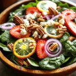 To create the perfect Strawberry Spinach Salad, gather these fresh ingredients: - 4 cups fresh spinach, thoroughly washed and dried - 2 cups strawberries, hulled and sliced into thin rounds - 1/2 cup feta cheese, crumbled into small pieces - 1/4 cup pecans, toasted until golden - 1/4 red onion, finely sliced - 3 tablespoons high-quality balsamic vinegar - 2 tablespoons extra-virgin olive oil - 1 tablespoon honey - Salt and freshly cracked black pepper to taste This salad is not just tasty; it’s also good for you! Here’s a quick look at what you get per serving: - Calories: About 180 - Protein: 6g - Carbohydrates: 16g - Fiber: 3g - Fat: 10g - Vitamins A and C: High levels from the spinach and strawberries Eating this salad gives you energy and nutrients to stay active and healthy. Choosing fresh ingredients makes your salad shine. Here are my top tips: - Spinach: Look for bright, crisp leaves. They should not be wilted. - Strawberries: Pick firm berries that are bright red with no white spots. - Feta Cheese: Choose cheese that is creamy and moist for the best flavor. - Pecans: Select whole nuts that have a nice crunch and a rich smell. - Red Onion: Look for firm onions with smooth skin. Avoid any that feel soft. By selecting high-quality ingredients, you’ll create a salad that tastes amazing and looks stunning. If you want to see how to put these ingredients together, check the Full Recipe for detailed steps! To make this salad, you will need to prepare your ingredients first. Start by washing the spinach and strawberries. Freshness is key for great flavor. Gather your tools: a large bowl, a small bowl, and a whisk. 1. Place Spinach: Start by adding the fresh spinach to a large salad bowl. This is your base. 2. Add Strawberries: Layer the sliced strawberries on top of the spinach. Their bright color looks lovely. 3. Sprinkle Feta and Pecans: Next, add the crumbled feta cheese and toasted pecans. This adds flavor and crunch. 4. Add Red Onion: Scatter the thinly sliced red onion over the salad. It gives a nice sharp taste. 5. Make Dressing: In a small bowl, whisk together balsamic vinegar, olive oil, honey, salt, and pepper. This dressing enhances the salad. 6. Drizzle Dressing: Just before serving, gently drizzle the dressing over the salad. This will bring all the flavors together. 7. Toss the Salad: Use your hands or tongs to toss the salad. Be gentle to avoid bruising the spinach. - Color Contrast: Look for vibrant colors as you layer the salad. The reds, greens, and whites should pop. - Texture: Aim for a mix of soft and crunchy textures with the spinach, strawberries, and nuts. - Uniform Dressing: Ensure the dressing coats every ingredient evenly. This will enhance the taste in each bite. For the complete mix of flavors and details, check out the Full Recipe. When mixing your salad, start with the spinach. It forms a nice base. Add sliced strawberries next for color and sweetness. Ensure you distribute the strawberries evenly. Sprinkle the feta cheese and toasted pecans on top for crunch. Lastly, add red onion for a kick. When you add the dressing, do it just before serving. This keeps the spinach crisp. To impress your guests, serve your salad in a large bowl. A shallow bowl works best for family style. If you prefer individual servings, use small plates. For added color, garnish with extra strawberry slices. A few crumbles of feta cheese on top look nice too. Arrange the salad in a way that highlights its vibrant colors. To keep your salad fresh, wash your spinach right before use. Dry it well to avoid sogginess. Store any leftovers in an airtight container. This keeps your salad crisp for longer. If you have sliced strawberries, add them just before serving. This way, they stay juicy and firm. If the salad sits too long, the ingredients can lose their charm. Enjoy your fresh and vibrant Strawberry Spinach Delight. For the full recipe, check the earlier section. {{image_4}} You can add nuts or seeds to your salad. Nuts like walnuts, almonds, or sunflower seeds work great. They bring a nice crunch and flavor. I love using toasted pecans because they add a sweet touch. Try different nuts to find your favorite. Seeds like pumpkin or chia can also give a tasty twist. While balsamic dressing is classic, you can switch it up. A citrus vinaigrette made with orange juice adds a fresh taste. Or, try a honey mustard dressing for a sweet and tangy kick. You can even use yogurt-based dressings for a creamy option. Don’t be afraid to experiment; the choices are endless! Seasonal fruits make your salad exciting. In summer, add blueberries or peaches for sweetness. In fall, try diced apples or pears for a crisp bite. You can also add grilled chicken or shrimp for protein. Mixing in seasonal items keeps your salad fresh and fun. Enjoy exploring flavors throughout the year! For the full recipe and tips, check out the Strawberry Spinach Delight. To keep leftover strawberry spinach salad fresh, place it in an airtight container. This helps avoid moisture and keeps the salad crisp. If you have extra dressing, store it separately. This way, your salad won't get soggy. Use the leftover salad within two days for the best taste. When storing ingredients, keep them separate. Strawberries can spoil quickly, so wash and slice them right before use. For spinach, store it in a dry place. A paper towel helps absorb excess moisture. Keep feta cheese in its original packaging or a sealed container. This keeps it fresher longer and prevents it from drying out. The strawberry spinach salad lasts about two days in the fridge. After that, the spinach wilts and loses its crispness. If you notice any off smells or changes in texture, it's best to toss it. For the freshest taste, always prepare only what you plan to eat. Enjoy the flavors of this salad while it’s at its best! Strawberry spinach salad is packed with nutrients. Spinach is high in vitamins A and K. It's also rich in iron, which helps your blood. Strawberries add vitamin C, which boosts your immune system. The pecans provide healthy fats and protein. Feta cheese adds calcium for strong bones. This salad is low in calories and full of fiber. Eating it can help you feel full and satisfied. Overall, this salad supports heart health and fights inflammation. Yes, you can make this salad ahead of time. However, I suggest waiting to add the dressing. If you dress the salad too early, the spinach can get soggy. You can prep all the ingredients, then store them in separate containers. When you're ready to serve, mix everything together and drizzle the dressing. This keeps the salad fresh and crunchy, making it more enjoyable. Most salad dressings can be gluten-free, but check the labels. For a simple homemade dressing, mix balsamic vinegar and olive oil. This combination is naturally gluten-free and very tasty. You can also add honey or mustard for extra flavor. If you want creaminess, use Greek yogurt instead of mayo. This keeps it gluten-free and adds a nice twist. Always make sure to use gluten-free ingredients when preparing your salad. Strawberry spinach salad is a tasty dish packed with nutrients. You learned how to pick fresh ingredients and prepare the salad step-by-step. We explored fun variations and tips for the best flavor and look. Remember to store leftovers properly to keep them fresh. This salad is not only good for you, but it’s also easy to make. Enjoy trying new things with it and share it with friends and family!