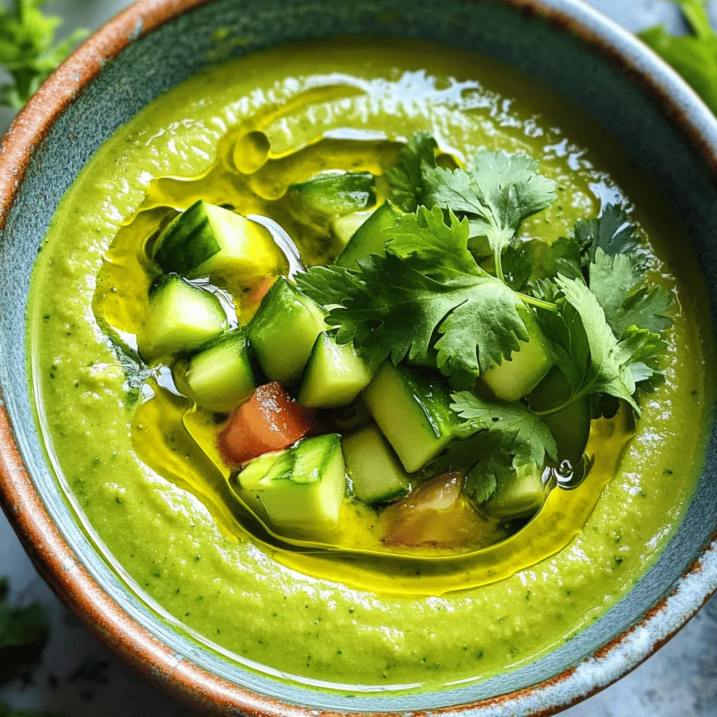 To make this refreshing avocado cucumber gazpacho, gather these fresh ingredients: - 2 ripe avocados, peeled and pitted - 1 large cucumber, peeled and diced - 1 cup ripe tomatoes, chopped - 1 small red onion, roughly chopped - 2 cloves garlic, minced - 2 cups chilled vegetable broth - 2 tablespoons freshly squeezed lime juice - 1 tablespoon extra virgin olive oil - 1 teaspoon ground cumin - Salt and freshly ground black pepper, to taste These fresh ingredients bring bright flavors and creamy texture to your soup. The avocados add richness, while the cucumber gives a cool crunch. Tomatoes and onion provide a sweet and tangy taste. Garlic adds depth and aroma, making every spoonful delightful. For a finishing touch, consider these optional garnishes: - Fresh cilantro or mint leaves - Extra lime wedges - Diced cucumber or tomatoes These garnishes enhance the soup’s look and taste. Fresh herbs brighten the flavors, while a squeeze of lime adds a zesty kick. You can also add diced cucumber or tomatoes for extra texture. You will need some basic equipment to make the gazpacho: - A high-speed blender - A cutting board and knife - Measuring cups and spoons - A mixing bowl or airtight container Using a high-speed blender helps achieve a smooth and creamy consistency. A cutting board and knife make it easy to prepare your fresh ingredients. Measure your ingredients accurately for the best result. Once blended, you can store the gazpacho in a bowl or airtight container for chilling. For the full recipe, check [Full Recipe]. Start by gathering your fresh ingredients. You will need two ripe avocados, one large cucumber, one cup of ripe tomatoes, and one small red onion. You will also need two garlic cloves, two cups of chilled vegetable broth, lime juice, olive oil, cumin, salt, and pepper. Peel and pit the avocados. Dice the cucumber and chop the tomatoes and red onion. Mince the garlic to release its flavor. This step is key for a tasty gazpacho. Next, it’s time to blend. In a high-speed blender, add the avocados, cucumber, tomatoes, onion, and garlic. Pour in the chilled vegetable broth. Add the lime juice, olive oil, cumin, and a pinch of salt and pepper. Blend everything on high speed. You want a smooth and creamy texture. If you like it thinner, add more broth. Always taste and adjust the seasoning to make it just right. After blending, transfer the gazpacho to a bowl or container. Cover it and chill it in the fridge for at least 30 minutes. This helps the flavors mix well. When you are ready to serve, give it a good stir. Pour the gazpacho into bowls and garnish with fresh cilantro or mint leaves. This adds a bright touch and fresh flavor. Enjoy your refreshing summer soup! For the complete recipe, check the Full Recipe. To get the right texture, start with ripe avocados. They should feel soft, but not mushy. When blending, use a high-speed blender for a smooth mix. If the soup is too thick, add more chilled vegetable broth. Blend again until it’s just right. A good balance makes the soup creamy yet light. Add fresh herbs like cilantro or mint for a bright taste. Lime juice adds zing, while cumin gives warmth. Adjust the salt and pepper to your liking. A touch of garlic gives depth, but don’t overdo it. Taste as you go, and make it your own. This will make each spoonful burst with flavor. Don’t skip chilling the gazpacho. It needs at least 30 minutes in the fridge. This helps the flavors blend and makes it refreshing. Avoid blending too long; you want a smooth soup, not a puree. Lastly, make sure to taste before serving. This ensures it’s just how you like it. For the full recipe, check out the complete instructions. {{image_4}} If you love a kick, jalapeños will add heat to your gazpacho. Start with one small jalapeño. Remove the seeds before adding it to the blender. This keeps the spice level manageable. Blend it with the other ingredients for a smooth mix. You can adjust the heat by adding more or less jalapeño based on your taste. Feel free to get creative with herbs and veggies. You can add fresh basil or dill for a unique twist. Another option is to mix in bell peppers for added sweetness. You can also use green onions or chives to give it a fresh bite. Blend these ingredients along with the main ones for a new flavor profile. Many people want to enjoy this soup without dairy. Luckily, this gazpacho is naturally creamy from the avocados. You don’t need any dairy to achieve that smooth texture. You can enhance the creaminess by adding more avocado if you like. This keeps your dish tasty and vegan-friendly. For a fun twist, try using coconut yogurt as a garnish. It adds a nice touch without dairy. For the full recipe, check out the complete instructions. Store your avocado cucumber gazpacho in an airtight container. This keeps it fresh and tasty. You can keep it in the fridge for up to three days. Make sure to stir it well before serving. The flavors blend better after a day. You can freeze gazpacho for later. Use a freezer-safe container, leaving space at the top. This soup expands when it freezes. It can last up to three months in the freezer. Thaw it in the fridge before serving. Remember, the texture may change slightly. Gazpacho is best served cold, but if you prefer it warm, gently heat it. Pour it into a pot over low heat. Stir often and watch it closely. Heat until it's just warm, not hot. Avoid boiling, as this can change the flavor. Gazpacho is a cold soup from Spain. It uses fresh vegetables and herbs. You blend the ingredients to make a smooth, refreshing dish. Common veggies include tomatoes, cucumbers, and peppers. It’s perfect for hot days. This soup is healthy and light. My avocado cucumber gazpacho adds creaminess from the avocado. It makes each bite rich and smooth. To add some heat, try using jalapeños. Start with one small pepper, diced finely. Blend it with the other ingredients. You can also add a pinch of cayenne pepper or red pepper flakes. Taste your soup as you go. This way, you control the spice level. Remember, you can always add more, but it’s hard to take heat away! Yes, you can use any broth you like. Vegetable broth is light and fresh. Chicken broth adds more flavor if you prefer. You can even use a homemade broth for extra taste. Just ensure the broth is chilled. This keeps your gazpacho cool and refreshing. Try different broths to find your favorite flavor! This blog covered how to make a delicious gazpacho. We explored fresh ingredients, optional garnishes, and the tools you need. I shared step-by-step instructions, helpful tips for texture and flavor, and common mistakes to avoid. You can try fun variations, like adding spice or going dairy-free. Storing gazpacho is simple, with tips on freezing and reheating. Gazpacho is easy to make and enjoyable to share. With these insights, you’re ready to create a perfect batch. Discover your favorite twist on this classic dish!