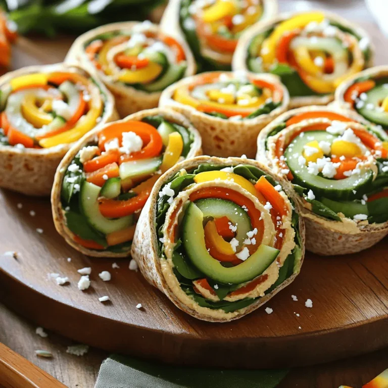 - 4 large whole wheat tortillas - 1/2 cup of hummus (your choice of flavor) - 1 cup fresh spinach leaves - 1 medium carrot, julienned - 1 medium cucumber, thinly sliced - 1 red bell pepper, thinly sliced - 1 yellow bell pepper, thinly sliced - 1 ripe avocado, sliced - 1/4 cup crumbled feta cheese - Salt and pepper to taste These ingredients make the rainbow veggie pinwheels tasty and fun. The whole wheat tortillas serve as a healthy base. Hummus adds creaminess and flavor. Fresh spinach gives a nice crunch and color. When you choose your veggies, go for bright colors. Carrots, cucumbers, and bell peppers make the pinwheels vibrant. Avocado adds richness, making each bite special. Feta cheese can give a nice tang, but it’s optional. Salt and pepper can enhance the flavors. Feel free to adjust them to your liking. For the full recipe, check out the detailed steps in the recipe section. Enjoy creating your colorful snack! First, let’s set up your workspace. Clean a flat surface where you can roll your pinwheels. Gather all your ingredients to make the process smooth. Lay out the tortillas, hummus, and vegetables. Now, it's time to layer the ingredients. Take a whole wheat tortilla and place it on your cutting board. Spread a generous layer of hummus over the tortilla, leaving a half-inch border. This helps keep the filling inside when you roll it up. Next, layer fresh spinach leaves on top of the hummus. This gives your pinwheels a nice green base. Then, add the julienned carrots, cucumber slices, and both red and yellow bell peppers. Arrange them in colorful sections to make it visually appealing. Place sliced avocado in the center of the veggies. If you want, sprinkle crumbled feta cheese over everything for extra flavor. Finally, season lightly with salt and pepper to taste. Let’s roll these pinwheels tightly. Start from one end of the tortilla and roll it up carefully. Try to keep the filling snug inside. If you roll too loosely, the fillings may fall out. Once you have a tight roll, place the pinwheel seam-side down on the board. Use a sharp knife to cut the roll into 1-inch thick pieces. This will give you perfect bite-sized pinwheels. Repeat this process with the remaining tortillas and fillings. Arranging the pinwheels on a platter is the next step. Make sure to showcase their colorful layers. You want them to look inviting and fun. For pairing options, consider serving them with dips like ranch or tzatziki. They also go well with a refreshing drink, like lemonade or iced tea. These pinwheels make a great snack for gatherings or a light meal. You can find the Full Recipe for more detailed steps! - Colorful arrangements: When you place the pinwheels, show off their colors. Use a large platter. Arrange them in a circle or a fun spiral. This draws the eye and makes the dish pop. You can also stand them up for a playful look. - Garnishing suggestions: Add fresh herbs like parsley or cilantro around the pinwheels. This adds color and a fresh scent. You can also drizzle some balsamic glaze over the top for an extra touch. - Alternative spreads and fillings: Try different spreads like cream cheese or avocado spread. They can change the taste and texture. For fillings, mix in roasted red peppers or olives. This adds a new layer of flavor. - Gluten-free or vegan modifications: Use gluten-free tortillas for those with dietary needs. For a vegan option, skip the feta cheese and add more veggies. You can also use nut cheese or a bean spread for added creaminess. - Best times to serve pinwheels: These pinwheels work great for lunch, snacks, or parties. They are easy to grab and eat. Serve them at picnics or kids' birthday parties for a fun treat. - Complementary dishes: Pair pinwheels with a light salad or a bowl of soup. They also go well with fresh fruit or a yogurt dip. This creates a balanced meal and adds variety to your spread. {{image_4}} You can mix things up by using different tortillas or spreads. Instead of whole wheat tortillas, try spinach or tomato tortillas. These add more color and flavor. For spreads, swap hummus with cream cheese or avocado spread. Each choice brings a unique taste to your pinwheels. Explore various vegetable combinations to keep it fresh. You can add radishes for crunch, or use zucchini for a twist. Try using cherry tomatoes for a burst of sweetness. The options are endless, so get creative! To boost the flavor, consider adding spices or herbs. A sprinkle of garlic powder or Italian seasoning can elevate your pinwheels. Fresh herbs like basil or cilantro also add a nice touch. If you want more protein, include cooked chicken or turkey. Simply shred or slice the meat and layer it with the veggies. This makes your snack more filling and satisfying. Make your pinwheels festive with seasonal variations. For Halloween, use orange and black veggies like carrots and black olives. For Christmas, add red bell peppers and green spinach for a holiday look. Kid-friendly variations can also be fun. Let kids choose their favorite veggies and spreads. This makes it a fun cooking activity. You can even create themed pinwheels based on popular characters or colors. The goal is to make eating healthy exciting! For the complete recipe, check out the Full Recipe section. Store your rainbow veggie pinwheels in an airtight container. This keeps them fresh and tasty. They last in the fridge for up to three days. If you want the best taste, eat them sooner. You can freeze pinwheels, but they may lose some crunch. Wrap each pinwheel tightly in plastic wrap. Place them in a freezer-safe bag. They can stay in the freezer for up to a month. To thaw, move them to the fridge overnight. For reheating, use the microwave for a few seconds. This warms them up without making them soggy. Make your pinwheels a day ahead for big gatherings. This saves time and effort. You can cut them into pieces and pack them in small containers. They are perfect for on-the-go snacks. Just grab a container and enjoy! For the full recipe, check the link above. Making rainbow veggie pinwheels is easy! Here are some simple steps to follow: 1. Get a tortilla: Start with a large whole wheat tortilla. 2. Spread hummus: Use about 1/2 cup of your favorite hummus. Spread it evenly on the tortilla. 3. Add greens: Layer on fresh spinach leaves for a vibrant base. 4. Layer veggies: Add sliced carrots, cucumbers, and bell peppers in a colorful pattern. 5. Add avocado: Place sliced avocado in the center. 6. Season: Sprinkle salt and pepper to taste. 7. Roll it up: Tightly roll the tortilla from one end to the other. 8. Cut into pieces: Use a sharp knife to slice the roll into 1-inch thick pinwheels. 9. Serve fresh: Arrange the pinwheels on a platter and enjoy! These steps make it simple for beginners to create a fun and tasty snack. For a detailed recipe, check out the Full Recipe for more guidance. Yes! You can use many different vegetables in your pinwheels. Here are some recommended veggies that work well: - Zucchini: Adds a mild flavor and nice crunch. - Radishes: Bring a peppery kick and vibrant color. - Bell peppers: Use different colors for a rainbow effect. - Broccoli: Chopped finely, it adds crunch and nutrition. - Spinach: Leafy greens offer vitamins and minerals. Feel free to mix and match your favorite vegetables. The more colors, the better! Rainbow veggie pinwheels are both tasty and healthy. Here is a brief overview of calories and nutrients per serving: - Calories: About 150-200 calories per serving. - Protein: Around 5 grams, mainly from hummus and feta cheese. - Fiber: High in fiber due to the whole wheat tortilla and veggies. - Vitamins: Rich in vitamins A, C, and K from the fresh vegetables. - Healthy fats: Avocado provides good fats for heart health. This snack combines flavor and nutrition, making it a great choice for kids and adults alike! You’ve learned how to create tasty and healthy veggie pinwheels. We covered key ingredients like tortillas, hummus, and fresh veggies. You now have step-by-step instructions to roll and serve them. Remember the tips for presentation and customization to make them special. Lastly, we discussed storage and meal prep ideas to keep pinwheels fresh. Try different flavors and enjoy this fun snack!