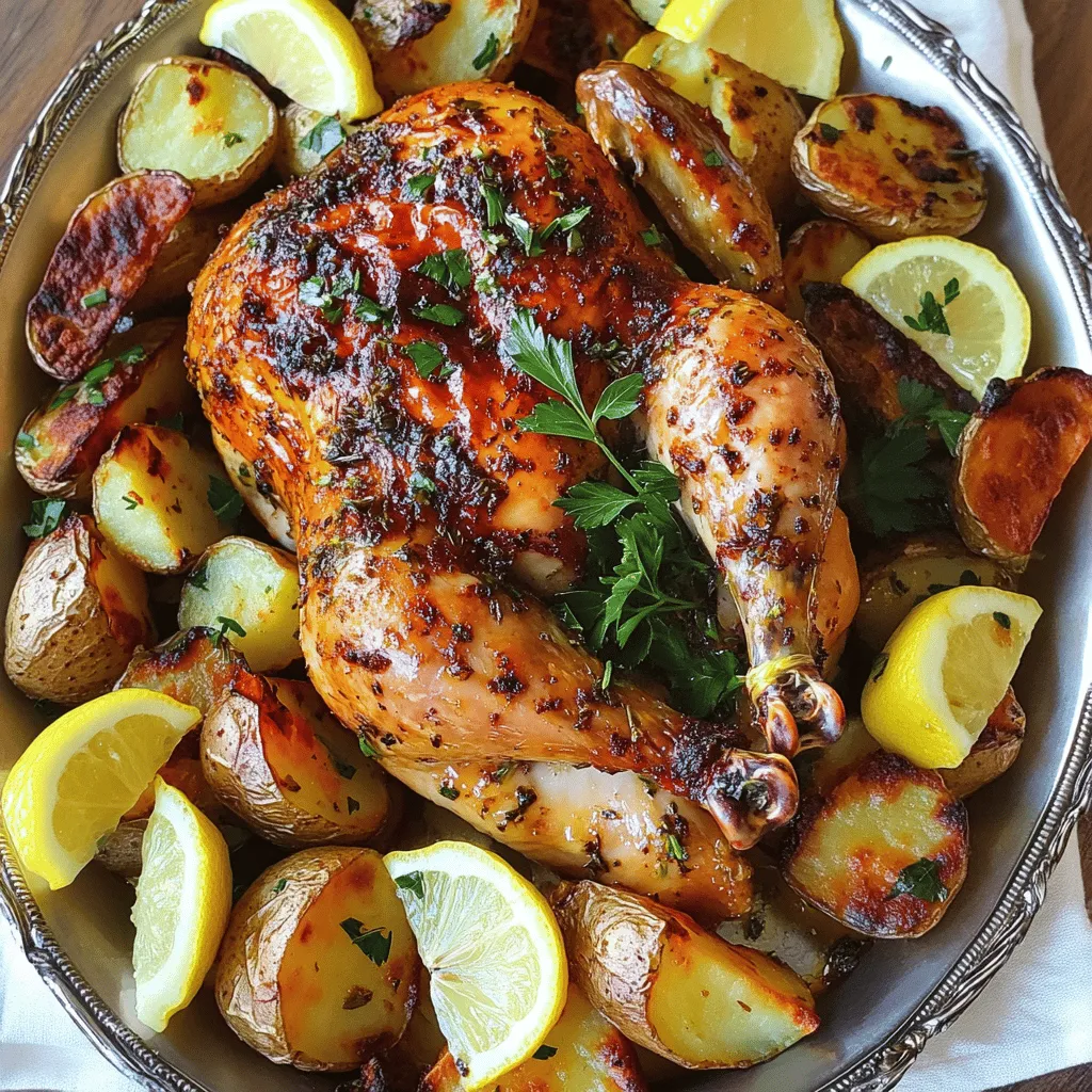 Here’s what you need for this delicious Lemon Garlic Roasted Chicken: - 1 whole chicken (approximately 4-5 lbs) - 4 tablespoons extra virgin olive oil - 4 cloves garlic, finely minced - 2 fresh lemons (1 for juicing, 1 cut into thin slices) - 2 teaspoons fresh thyme leaves (or 1 teaspoon dried thyme) - 2 teaspoons fresh rosemary leaves (or 1 teaspoon dried rosemary) - Salt and freshly cracked black pepper to taste - 1 medium onion, cut into quarters - 4 medium potatoes, chopped into bite-sized chunks - Fresh parsley, finely chopped, for garnish Using fresh ingredients makes a big difference. The garlic adds a wonderful aroma, while the lemons bring a bright zest. Fresh herbs like thyme and rosemary elevate the flavors, making every bite a joy. Don't forget to have your potatoes ready, as they soak up all the tasty juices from the chicken. When you gather your ingredients, remember to choose a good quality chicken. A fresh bird will give you the juiciest results. This recipe is all about flavor, so each item is key to making a meal that impresses. For the complete guide on how to prepare this dish, check the Full Recipe. - Preheat the oven to 425°F (220°C). - Prepare the marinade with garlic, olive oil, lemon juice, and herbs. First, set your oven to 425°F. This high heat helps the chicken cook evenly. While the oven heats, make your marinade. Mix together the olive oil, minced garlic, lemon juice, thyme, rosemary, salt, and pepper. This mixture smells amazing and will infuse flavor into your chicken. - Dry the chicken and apply the marinade. - Stuff the chicken with onion and lemon slices. Now, take your whole chicken and pat it dry with paper towels. This step is key for crispy skin later. Place the chicken in a roasting pan, breast side up. Next, generously rub the marinade all over the chicken. Make sure to get some under the skin for extra flavor. After that, open the cavity and stuff it with the quartered onion and lemon slices. This adds moisture and taste while cooking. - Arrange potatoes around the chicken. - Roast the chicken for 1 hour and 15 minutes until done. Chop your potatoes into chunks and scatter them around the chicken in the pan. Drizzle them with a little olive oil and season with salt and pepper. Toss them well to coat. Now, place your roasting pan in the oven. Roast the chicken for about 1 hour and 15 minutes. It should reach an internal temperature of 165°F. The skin should be golden brown. After roasting, let the chicken rest for about 10-15 minutes before carving. This keeps the meat juicy. For the complete method, refer to the [Full Recipe]. To get that crispy skin, start with a dry chicken. Pat it with paper towels. The drier the skin, the better it crisps up. Rub the marinade under the skin, too. This helps the flavors seep in deeply. Roast your chicken at a high temperature. I like 425°F (220°C). This gives you a golden brown finish. Let the chicken rest before carving. This step matters! Resting allows the juices to settle. If you carve too soon, the juices run out. You want every bite to be juicy and tender. Aim for 10 to 15 minutes of resting time after roasting. Want to mix things up? Try different herbs! Basil or oregano can add a fresh twist. You can also use smoked paprika for a unique touch. For a zesty kick, add some red pepper flakes. If you want to enhance the marinade, try adding honey. It gives a sweet balance to the lemon. You could also toss in some mustard for a tangy flavor. The ideas are endless, so feel free to get creative. To make your dish pop, serve it on a large platter. Arrange the chicken in the center. Surround it with crispy potatoes that soak up the flavors. Add lemon wedges around the chicken for color. For garnishing, sprinkle fresh parsley on top. It adds a nice touch of green. You can also add thyme or rosemary sprigs for an elegant look. This simple step makes the dish even more inviting. Enjoy the process of making it beautiful! {{image_4}} You can easily swap ingredients based on what you have. Use shallots or garlic instead of onion. This change adds a nice flavor twist. For potatoes, try sweet potatoes or root vegetables. Both options add sweetness and extra nutrients. If you want tender chicken, use a slow cooker. It gives you juicy meat with little effort. Just set it and forget it. For a smoky flavor, use a grill. It adds a lovely char and depth to the taste. Need gluten-free options? Simply skip any sauces with gluten in them. Most ingredients, like chicken and veggies, are naturally gluten-free. For a lighter meal, choose skinless chicken or reduce the olive oil. These tweaks keep the dish tasty but lighter. For the full recipe, check out the details above and enjoy experimenting with these variations! To keep your lemon garlic roasted chicken fresh, store leftovers right away. Let the chicken cool to room temperature. Then, place it in an airtight container. This helps keep the chicken juicy and tasty. You can store it in the fridge for up to four days. If you want to save it longer, freeze it. Cut the chicken into pieces for easy thawing. Wrap each piece tightly in plastic wrap, then place them in a freezer bag. This way, you can enjoy it later without losing flavor. To enjoy crispy skin again, use the oven. Preheat your oven to 375°F (190°C). Place the chicken on a baking sheet. Cover it loosely with foil to keep it moist. Heat for about 20 minutes or until warm. This method keeps the skin crunchy and the meat juicy. If you need a quick meal, use the microwave. Cut the chicken into smaller pieces for faster heating. Place the chicken on a microwave-safe plate. Cover it with a damp paper towel to keep it moist. Heat in short bursts, checking every 30 seconds. Be careful not to overheat, or the chicken may dry out. Lemon garlic roasted chicken will last in the fridge for about four days. After that, its quality may drop. Keep an eye on signs of spoilage. If the chicken smells sour or has a slimy texture, it’s time to toss it. Always trust your senses. If you’re unsure, it’s better to be safe and discard it. Cook your Lemon Garlic Roasted Chicken for about 1 hour and 15 minutes. Check the internal temperature to ensure it hits 165°F (74°C). This step is key for food safety. Use a meat thermometer inserted into the thickest part of the thigh. The skin should be golden brown and crispy, adding to the dish's appeal. Yes, you can use chicken parts like drumsticks, thighs, or breasts. Adjust the cooking time based on the size of the pieces. Drumsticks take about 40-50 minutes, while breasts may need around 30-40 minutes. Always check for an internal temperature of 165°F (74°C) for safety. This method allows for quicker cooking and easier serving. Pair your Lemon Garlic Roasted Chicken with roasted vegetables, a fresh salad, or rice. Here are some ideas: - Roasted carrots and green beans - Garlic mashed potatoes - Quinoa salad with herbs - Steamed broccoli with lemon zest These sides complement the flavors of the chicken well and make for a complete meal. For more ideas, check the Full Recipe for inspiration! This article walks you through making a delicious Lemon Garlic Roasted Chicken. You learned about the best ingredients, step-by-step cooking instructions, and useful tips for perfecting the roast. Variations let you adapt the recipe to your taste. Lastly, I shared storage methods to keep leftovers fresh. This meal is not only tasty but also versatile. You now have all the tools to impress anyone with your cooking skills! Enjoy your time in the kitchen and savor every bite.