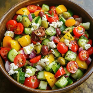 To create a fresh and tasty Greek salad, gather these simple ingredients: - 2 cups cherry tomatoes, halved - 1 medium cucumber, diced - 1 medium red bell pepper, diced - 1 medium green bell pepper, diced - 1 medium red onion, finely chopped - ½ cup Kalamata olives, pitted and halved - ½ cup feta cheese, crumbled - 2 tablespoons extra virgin olive oil - 1 tablespoon red wine vinegar (or substitute with fresh lemon juice) - 1 teaspoon dried oregano - Salt and freshly cracked black pepper to taste Each serving of this Easy Greek Salad offers a burst of flavor and nutrition. Here’s a quick look at the benefits: - Calories: Approximately 180 - Protein: 5g - Carbohydrates: 10g - Fiber: 3g - Fat: 14g This salad is low in calories but high in taste, making it a great choice for any meal. Fresh ingredients make all the difference in this salad. They bring vibrant flavors and textures. Here’s why they matter: - Flavor: Fresh tomatoes and cucumbers taste better. They add natural sweetness and crunch. - Nutrition: Fresh veggies keep their nutrients. They pack vitamins and minerals that are key for health. - Color: Bright ingredients make the salad look appealing. It encourages you to eat more greens! Using fresh, high-quality ingredients ensures a delicious and healthy dish. For the full recipe, check out the comprehensive guide. To start, gather all your fresh ingredients. You will need: - 2 cups cherry tomatoes, halved - 1 medium cucumber, diced - 1 medium red bell pepper, diced - 1 medium green bell pepper, diced - 1 medium red onion, finely chopped - ½ cup Kalamata olives, pitted and halved - ½ cup feta cheese, crumbled First, get a large salad bowl. Place your cherry tomatoes, cucumber, red bell pepper, green bell pepper, and red onion into the bowl. Gently mix them together. This way, you keep the nice shapes of the veggies. Next, add the Kalamata olives and crumbled feta cheese. These add tasty briny notes and creamy goodness to your salad. Now let's mix! I recommend using salad tongs for this. Take your tongs and gently toss the salad. You want to coat everything in the dressing but avoid mashing it. A soft touch keeps the veggies crisp and the feta intact. Once mixed, take a moment to taste your salad. If it needs more salt or pepper, sprinkle it in. To make a great dressing, you’ll need: - 2 tablespoons extra virgin olive oil - 1 tablespoon red wine vinegar (or fresh lemon juice) - 1 teaspoon dried oregano - Salt and freshly cracked black pepper to taste In a small bowl, whisk together the olive oil, vinegar, oregano, and a pinch of salt and pepper. Whisk until it looks smooth and blended. Drizzle this dressing over your salad. Toss it again gently, making sure everything gets a nice coat of flavor. Let your salad sit for about 10 minutes before serving. This helps the flavors meld together. For the full recipe, check out the Mediterranean Bliss Salad above. Enjoy your fresh and vibrant Easy Greek Salad! To boost the taste of your Easy Greek Salad, use fresh, ripe ingredients. Choose cherry tomatoes that are bright and firm. For cucumbers, pick ones that are crisp and crunchy. When it comes to olives, Kalamata adds a rich flavor that pairs well with feta. You can also sprinkle in fresh herbs like parsley or dill for added aroma. Try using high-quality extra virgin olive oil for a more robust taste. Mixing the salad and dressing before serving helps all the flavors meld together. When serving your salad, use large, shallow bowls. This makes the salad look inviting. Garnish with extra feta on top and a few whole olives for color. A sprinkle of oregano adds a nice touch too. You can add a lemon wedge on the side for freshness. For a more vibrant look, arrange the ingredients in layers. This way, guests can see the colorful mix of veggies as they dig in. One common mistake is over-dressing the salad. Adding too much dressing can make it soggy. Start with a little and add more if needed. Another mistake is cutting the vegetables too small. Keeping them in larger pieces helps with texture. Also, don’t skip letting the salad sit for ten minutes. This resting time allows the flavors to blend better. Finally, avoid using old or wilted ingredients. Freshness is key to a delicious salad. For the complete recipe, check out the Full Recipe. {{image_4}} You can put a new spin on your Greek salad by adding fruits or grains. Try adding sliced avocados for creaminess or quinoa for extra protein. You can also use different cheeses, like goat cheese, for a different flavor. Replace the olives with capers for a punchy taste. Each twist keeps the essence of the classic salad but gives it a fresh vibe. Want to pack more nutrition? Add chickpeas or black beans for extra fiber. Shredded carrots can add a sweet crunch, while diced radishes give a peppery kick. Fresh herbs like parsley or dill can enhance the taste and color. Nuts like pine nuts or walnuts add crunch and healthy fats. Each of these options boosts flavor and nutrition without adding much work. Customizing your Greek salad is simple. If you're vegan, skip the feta cheese, or use a vegan alternative. For gluten-free eaters, this salad is already a great choice! If you need low-sodium, rinse your olives and use less salt. You can also switch the dressing to a lighter vinaigrette to cut calories. These small changes help everyone enjoy this fresh dish. For the complete recipe, check out the Full Recipe section. To keep your Easy Greek Salad fresh, store it in an airtight container. Make sure to seal it tightly. Place it in the fridge. This way, it can stay crisp for a few days. If you notice any excess liquid, drain it before storing. This helps keep the salad from becoming soggy. For the best taste, eat your salad within three days. Store the dressing separately if you can. This helps the veggies stay crunchy. If you mixed the dressing in, the salad might get watery. Always check for any signs of spoilage before eating. If it smells off or looks strange, toss it. You typically do not reheat a Greek salad. It’s best enjoyed cold. However, if you do want to warm it, gently heat it on low. Use a skillet and stir slowly. Avoid high heat to keep the veggies from wilting. You can also enjoy it at room temperature if you prefer. For more details, check the Full Recipe for these tips. The best olives for Easy Greek Salad are Kalamata olives. They have a rich, bold flavor. Their briny taste complements the fresh veggies and cheese perfectly. You can find them in jars or cans at most grocery stores. Yes, you can make this salad ahead of time. It tastes even better after resting. However, wait to add the dressing until just before serving. This keeps the veggies crisp and fresh. If you store it in the fridge, it can last up to a day without losing flavor. Feta cheese adds a creamy, tangy flavor to the salad. While it is a key ingredient, you can skip it if you want. You can also try other cheeses like goat cheese or even a dairy-free option. Each will change the taste, but it can still be delicious. Absolutely! You can swap out veggies based on personal taste. For example, add radishes for crunch or carrots for sweetness. If you dislike olives, you can leave them out or use a different type, like green olives. Feel free to get creative! Easy Greek Salad lasts in the fridge for about one day. After that, the veggies may become soggy. If you store it without dressing, it can last longer. Just remember to keep it in an airtight container. In this article, we covered how to make an Easy Greek Salad. We discussed key ingredients, their nutritional benefits, and the importance of freshness. You learned step-by-step instructions for preparation and mixing, plus tips to enhance flavor and presentation. We also explored variations to fit your tastes and dietary needs, as well as storage tips for leftovers. Now, you can create a delicious salad that suits any meal. Enjoy fresh flavors, and don’t hesitate to customize it your way!