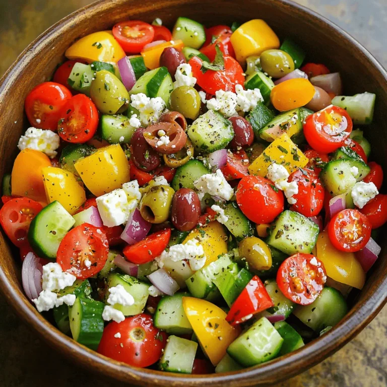 To create a fresh and tasty Greek salad, gather these simple ingredients: - 2 cups cherry tomatoes, halved - 1 medium cucumber, diced - 1 medium red bell pepper, diced - 1 medium green bell pepper, diced - 1 medium red onion, finely chopped - ½ cup Kalamata olives, pitted and halved - ½ cup feta cheese, crumbled - 2 tablespoons extra virgin olive oil - 1 tablespoon red wine vinegar (or substitute with fresh lemon juice) - 1 teaspoon dried oregano - Salt and freshly cracked black pepper to taste Each serving of this Easy Greek Salad offers a burst of flavor and nutrition. Here’s a quick look at the benefits: - Calories: Approximately 180 - Protein: 5g - Carbohydrates: 10g - Fiber: 3g - Fat: 14g This salad is low in calories but high in taste, making it a great choice for any meal. Fresh ingredients make all the difference in this salad. They bring vibrant flavors and textures. Here’s why they matter: - Flavor: Fresh tomatoes and cucumbers taste better. They add natural sweetness and crunch. - Nutrition: Fresh veggies keep their nutrients. They pack vitamins and minerals that are key for health. - Color: Bright ingredients make the salad look appealing. It encourages you to eat more greens! Using fresh, high-quality ingredients ensures a delicious and healthy dish. For the full recipe, check out the comprehensive guide. To start, gather all your fresh ingredients. You will need: - 2 cups cherry tomatoes, halved - 1 medium cucumber, diced - 1 medium red bell pepper, diced - 1 medium green bell pepper, diced - 1 medium red onion, finely chopped - ½ cup Kalamata olives, pitted and halved - ½ cup feta cheese, crumbled First, get a large salad bowl. Place your cherry tomatoes, cucumber, red bell pepper, green bell pepper, and red onion into the bowl. Gently mix them together. This way, you keep the nice shapes of the veggies. Next, add the Kalamata olives and crumbled feta cheese. These add tasty briny notes and creamy goodness to your salad. Now let's mix! I recommend using salad tongs for this. Take your tongs and gently toss the salad. You want to coat everything in the dressing but avoid mashing it. A soft touch keeps the veggies crisp and the feta intact. Once mixed, take a moment to taste your salad. If it needs more salt or pepper, sprinkle it in. To make a great dressing, you’ll need: - 2 tablespoons extra virgin olive oil - 1 tablespoon red wine vinegar (or fresh lemon juice) - 1 teaspoon dried oregano - Salt and freshly cracked black pepper to taste In a small bowl, whisk together the olive oil, vinegar, oregano, and a pinch of salt and pepper. Whisk until it looks smooth and blended. Drizzle this dressing over your salad. Toss it again gently, making sure everything gets a nice coat of flavor. Let your salad sit for about 10 minutes before serving. This helps the flavors meld together. For the full recipe, check out the Mediterranean Bliss Salad above. Enjoy your fresh and vibrant Easy Greek Salad! To boost the taste of your Easy Greek Salad, use fresh, ripe ingredients. Choose cherry tomatoes that are bright and firm. For cucumbers, pick ones that are crisp and crunchy. When it comes to olives, Kalamata adds a rich flavor that pairs well with feta. You can also sprinkle in fresh herbs like parsley or dill for added aroma. Try using high-quality extra virgin olive oil for a more robust taste. Mixing the salad and dressing before serving helps all the flavors meld together. When serving your salad, use large, shallow bowls. This makes the salad look inviting. Garnish with extra feta on top and a few whole olives for color. A sprinkle of oregano adds a nice touch too. You can add a lemon wedge on the side for freshness. For a more vibrant look, arrange the ingredients in layers. This way, guests can see the colorful mix of veggies as they dig in. One common mistake is over-dressing the salad. Adding too much dressing can make it soggy. Start with a little and add more if needed. Another mistake is cutting the vegetables too small. Keeping them in larger pieces helps with texture. Also, don’t skip letting the salad sit for ten minutes. This resting time allows the flavors to blend better. Finally, avoid using old or wilted ingredients. Freshness is key to a delicious salad. For the complete recipe, check out the Full Recipe. {{image_4}} You can put a new spin on your Greek salad by adding fruits or grains. Try adding sliced avocados for creaminess or quinoa for extra protein. You can also use different cheeses, like goat cheese, for a different flavor. Replace the olives with capers for a punchy taste. Each twist keeps the essence of the classic salad but gives it a fresh vibe. Want to pack more nutrition? Add chickpeas or black beans for extra fiber. Shredded carrots can add a sweet crunch, while diced radishes give a peppery kick. Fresh herbs like parsley or dill can enhance the taste and color. Nuts like pine nuts or walnuts add crunch and healthy fats. Each of these options boosts flavor and nutrition without adding much work. Customizing your Greek salad is simple. If you're vegan, skip the feta cheese, or use a vegan alternative. For gluten-free eaters, this salad is already a great choice! If you need low-sodium, rinse your olives and use less salt. You can also switch the dressing to a lighter vinaigrette to cut calories. These small changes help everyone enjoy this fresh dish. For the complete recipe, check out the Full Recipe section. To keep your Easy Greek Salad fresh, store it in an airtight container. Make sure to seal it tightly. Place it in the fridge. This way, it can stay crisp for a few days. If you notice any excess liquid, drain it before storing. This helps keep the salad from becoming soggy. For the best taste, eat your salad within three days. Store the dressing separately if you can. This helps the veggies stay crunchy. If you mixed the dressing in, the salad might get watery. Always check for any signs of spoilage before eating. If it smells off or looks strange, toss it. You typically do not reheat a Greek salad. It’s best enjoyed cold. However, if you do want to warm it, gently heat it on low. Use a skillet and stir slowly. Avoid high heat to keep the veggies from wilting. You can also enjoy it at room temperature if you prefer. For more details, check the Full Recipe for these tips. The best olives for Easy Greek Salad are Kalamata olives. They have a rich, bold flavor. Their briny taste complements the fresh veggies and cheese perfectly. You can find them in jars or cans at most grocery stores. Yes, you can make this salad ahead of time. It tastes even better after resting. However, wait to add the dressing until just before serving. This keeps the veggies crisp and fresh. If you store it in the fridge, it can last up to a day without losing flavor. Feta cheese adds a creamy, tangy flavor to the salad. While it is a key ingredient, you can skip it if you want. You can also try other cheeses like goat cheese or even a dairy-free option. Each will change the taste, but it can still be delicious. Absolutely! You can swap out veggies based on personal taste. For example, add radishes for crunch or carrots for sweetness. If you dislike olives, you can leave them out or use a different type, like green olives. Feel free to get creative! Easy Greek Salad lasts in the fridge for about one day. After that, the veggies may become soggy. If you store it without dressing, it can last longer. Just remember to keep it in an airtight container. In this article, we covered how to make an Easy Greek Salad. We discussed key ingredients, their nutritional benefits, and the importance of freshness. You learned step-by-step instructions for preparation and mixing, plus tips to enhance flavor and presentation. We also explored variations to fit your tastes and dietary needs, as well as storage tips for leftovers. Now, you can create a delicious salad that suits any meal. Enjoy fresh flavors, and don’t hesitate to customize it your way!