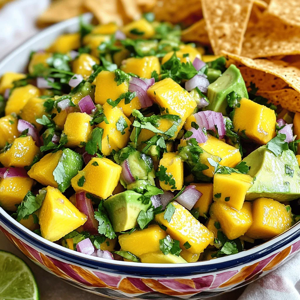 - Ripe mango - Ripe avocados - Red onion - Jalapeño pepper - Fresh cilantro - Lime juice - Extra virgin olive oil - Sea salt and black pepper How to choose ripe mangoes When picking mangoes, look for skin that feels slightly soft when pressed. The color should be vibrant, not dull. A ripe mango often has a sweet aroma at the stem. If it's too hard, it needs more time to ripen. Selecting the best avocados Avocados should also feel slightly soft when you squeeze them gently. The skin color can vary, but it should not be too dark. A ripe avocado should yield to gentle pressure. If it feels mushy, it may be overripe. Using ripe mango and avocado is key for a great salsa. Their flavors blend perfectly, giving you a tasty summer treat. You can find the full recipe above to guide you through the process. 1. Start with the mango. Cut it into small cubes. Aim for uniform pieces. This helps the salsa look great. 2. Next, grab the avocados. Cut them into bite-sized pieces. This gives a nice texture. 3. Now, chop the red onion. Aim for fine pieces to blend well with other flavors. 4. Take the jalapeño pepper. Carefully remove the seeds. Mince it for controlled heat. Adjust how much you use based on your spice level. 1. In a large mixing bowl, combine the diced mango, avocados, and chopped red onion. This creates a colorful base. 2. Now, add the minced jalapeño. Then, toss in the chopped cilantro. It adds a fresh, herbaceous flavor. 1. In a small bowl, whisk together the freshly squeezed lime juice and extra virgin olive oil. This dressing brightens the salsa. 2. Add a pinch of sea salt and freshly cracked black pepper. Adjust to your taste. 3. Drizzle this dressing over the mango and avocado mixture. 4. Use a large spoon to gently toss all the ingredients. Be careful not to mash the avocado. 5. Taste your salsa. Adjust the seasoning if needed. Add more salt, pepper, or lime juice to enhance. 6. Let the salsa sit for about 10 minutes at room temperature. This helps the flavors meld together. You can find the full recipe for this delightful dish in the recipe section. To make your mango avocado salsa shine, start by adjusting the seasoning to your taste. I often add a little more lime juice or salt to bring out the flavors. This salsa is all about balance. If you want it a bit zestier, just add more lime. For extra depth, sprinkle in some sea salt. Taste it as you go. Letting the salsa marinate is key. After mixing everything, let it sit for about 10 minutes. This allows the flavors to blend. The lime juice softens the onions and jalapeños. The salsa becomes more flavorful. You’ll notice a big difference after it rests. Serve mango avocado salsa in a colorful bowl. This adds a nice touch to your table. A sprig of fresh cilantro on top gives it a fresh look. Tortilla chips are a classic pairing. They add a nice crunch to the creamy salsa. You can also serve it with grilled meats like chicken or fish. The sweet and spicy flavor complements the savory dishes well. It’s also great on tacos or as a topping for burrito bowls. {{image_4}} You can customize your mango avocado salsa by adding black beans or corn. Both add great texture and nutrition. Black beans bring protein, while corn adds sweetness. You can also try using fresh herbs like mint or parsley. These herbs can give your salsa a new twist and a refreshing taste. Adjusting the spice level is easy with different types of peppers. You can use mild peppers for a gentle kick. If you like heat, try using hot jalapeños. Remember, the key is to deseed the peppers for less spice. This way, you can control how spicy your salsa really gets. For those looking for a full experience, try the Full Recipe to enjoy this delightful dish even more! To keep your mango avocado salsa fresh, use airtight containers. Glass or plastic containers work well. Make sure they seal tightly to prevent air from getting in. This keeps your salsa from browning too quickly. Store your salsa in the refrigerator. It tastes best when cold. Avoid leaving it out at room temperature for more than two hours. Doing so can lead to spoilage. Mango avocado salsa lasts about 2 to 3 days in the fridge. After that, the flavors may fade. The avocados can also turn brown, which affects the look. Look for signs of spoilage. If the salsa smells sour or has a watery texture, it’s time to toss it. Also, if you see mold or an off-color, don’t eat it. Always trust your senses when checking food freshness. Can I make this salsa ahead of time? Yes, you can make mango avocado salsa ahead of time. However, I suggest preparing it no more than a few hours before serving. This keeps the avocados fresh and green. If you make it too early, the avocados may turn brown. What can I do with leftover salsa? Leftover salsa is great! You can use it as a topping for grilled chicken or fish. It also works well in tacos or as a dip for chips. You can even mix it into a salad for added flavor. Is mango avocado salsa healthy? Absolutely! Mango avocado salsa is very healthy. It includes fresh fruits and vegetables. Mangos offer vitamins, and avocados provide healthy fats. This salsa is low in calories and packed with nutrients. Why is my salsa too watery? If your salsa is watery, it may be due to overripe mangoes or avocados. Make sure to use firm fruit. You can also drain excess liquid before serving to fix it. How can I make it spicier? To add spice, you can use more jalapeño. For extra heat, try adding diced serrano peppers. You can also mix in some hot sauce for a kick. Adjust the spice to suit your taste! Mango avocado salsa combines fresh ingredients for a tasty treat. We explored key elements, from ripe mangoes and avocados to seasoning tips and serving ideas. Remember to check the ripeness of your fruit and adjust flavors as needed. This salsa can be a fun side for many meals, and adding ingredients is easy. Don’t forget to store leftovers well and be aware of their shelf life. Enjoy crafting your perfect salsa, and make it your own with different variations!