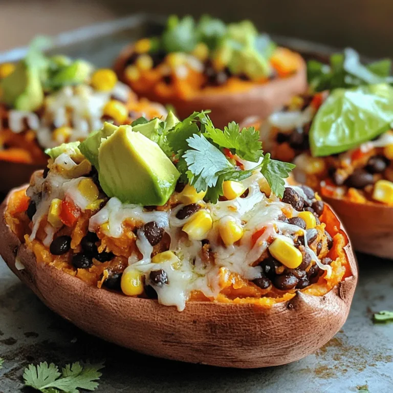 To make stuffed sweet potatoes, gather these items: - 4 medium sweet potatoes - 1 cup canned black beans, thoroughly rinsed and drained - 1 cup corn kernels (fresh or frozen) - 1 red bell pepper, finely diced - 1 teaspoon ground cumin - 1 teaspoon smoked paprika - 1/2 teaspoon garlic powder - Salt and freshly cracked pepper to taste - 1 cup shredded cheese (choose cheddar or a Mexican cheese blend) - 1 ripe avocado, diced - 1/4 cup fresh cilantro, finely chopped - 1 lime, cut into wedges - Optional: Greek yogurt or sour cream for creamy topping You can swap some ingredients based on your taste or what you have: - Sweet Potatoes: Use butternut squash for a different flavor. - Black Beans: Try pinto beans or chickpeas instead. - Corn: Use diced tomatoes or cooked quinoa for a twist. - Cheese: Go for mozzarella or dairy-free cheese if needed. - Avocado: Use guacamole for a quicker option. Stuffed sweet potatoes are not only tasty but also healthy. Each serving offers: - High in fiber from sweet potatoes and beans - Rich in vitamins A and C - Good source of protein from beans and cheese - Healthy fats from avocado This meal is balanced and satisfying, making it perfect for any time of the day. If you want to dive deeper into the cooking process, check out the Full Recipe. Start by preheating your oven to 425°F (220°C). This helps the sweet potatoes cook evenly. Next, wash the sweet potatoes well. Use a fork to poke holes in them. This allows steam to escape as they bake. Place the sweet potatoes on a baking sheet lined with parchment paper. This will make cleanup easier later. Bake the sweet potatoes for 40-45 minutes. They should feel soft when you poke them with a fork. Once done, take them out and let them cool for a few minutes. While the sweet potatoes bake, heat a skillet over medium heat. Add the corn kernels, black beans, and diced red bell pepper to the pan. Sprinkle in ground cumin, smoked paprika, garlic powder, salt, and pepper. Stir everything together. Cook for about 5-7 minutes. The bell pepper should become tender, and everything should be hot. Once the sweet potatoes are cool enough to handle, cut each one in half lengthwise. Gently scoop out a small amount of the flesh from the center. Be careful not to break the skins. In a bowl, mix the scooped-out sweet potato flesh with the black bean mixture and half of the shredded cheese. Stir until everything combines well. Spoon the filling back into the sweet potato skins. Top them with the remaining cheese. Place the stuffed sweet potatoes back in the oven for another 10 minutes. You want the cheese melted and bubbly. After baking, finish with diced avocado, fresh cilantro, and a squeeze of lime. Enjoy your delicious stuffed sweet potatoes! For the complete recipe, check out the Full Recipe. Baking sweet potatoes right is key. First, choose medium-sized sweet potatoes. They bake evenly and are easy to handle. Wash them well under running water to remove dirt. Use a fork to poke holes in each potato. This helps steam escape. Preheat your oven to 425°F (220°C). Place the sweet potatoes on a lined baking sheet. Bake for 40-45 minutes. They should feel soft when you poke them with a fork. To boost flavor, use spices. I love adding cumin, smoked paprika, and garlic powder. These spices make the dish warm and inviting. You can also mix in fresh herbs like cilantro. They add a bright taste. For a creamy touch, add Greek yogurt or sour cream on top. This makes each bite even richer and more satisfying. Presentation makes a meal special. Place stuffed sweet potatoes on a colorful platter. Garnish with extra cilantro for a fresh look. Lime wedges add a pop of color and zest. Serve with a bowl of Greek yogurt or sour cream. This invites guests to customize their meal. It makes your dish not only tasty but also beautiful to share. {{image_4}} To make vegan stuffed sweet potatoes, skip the cheese and sour cream. Use avocado or a tahini sauce for creaminess. You can also add more vegetables, like spinach or mushrooms, for extra flavor. Black beans and corn are great choices for protein and texture. This way, you keep it tasty and plant-based! Sweet potatoes are naturally gluten-free, so you are in luck! Just make sure any added ingredients, like beans and spices, are also gluten-free. If you want a crunch, try topping with crushed gluten-free tortilla chips. This adds a nice texture and keeps it fun. You can switch up your fillings based on what you like. Try quinoa or farro for a hearty base. Cooked lentils or chickpeas also make great protein-packed options. For a spicy kick, add jalapeños or hot sauce. Let your taste buds guide you to what flavors you love! For a full recipe, check out the details above. Enjoy experimenting! After enjoying your stuffed sweet potatoes, let leftovers cool down. Place them in an airtight container. Store in the fridge for up to three days. Make sure to keep them covered to avoid drying out. To reheat, you can use the oven or microwave. If using the oven, preheat it to 350°F (175°C). Place the stuffed sweet potatoes on a baking sheet. Heat for about 15-20 minutes until warm. If you use the microwave, heat on high for 1-2 minutes. Check if they are hot and ready! You can freeze stuffed sweet potatoes for later. Wrap each one tightly in plastic wrap. Then, place them in a freezer bag. They can last for up to three months in the freezer. When ready to eat, let them thaw in the fridge overnight. Reheat as mentioned above for a quick meal. For the full recipe, check out the detailed instructions above! Bake sweet potatoes for about 40-45 minutes at 425°F (220°C). This time ensures they become soft and tender. Pierce them with a fork before baking, so steam can escape. Check for doneness by inserting a fork; it should go in easily. Yes, you can prepare stuffed sweet potatoes ahead of time. Bake the sweet potatoes and make the filling. Store them in the fridge for up to two days. When you’re ready to eat, just assemble and bake until warm. You can get creative with fillings! Here are some tasty ideas: - Chickpeas and spinach: Mix cooked chickpeas with sautéed spinach and spices. - Buffalo chicken: Shred cooked chicken and toss it in buffalo sauce. - Quinoa and veggies: Combine cooked quinoa with diced tomatoes, zucchini, and herbs. - Breakfast style: Fill with scrambled eggs, cheese, and salsa. Feel free to experiment with flavors and ingredients! For an easy and delicious starting point, check out the Full Recipe. Stuffed sweet potatoes are nourishing and easy to make. We covered all the key ingredients, substitutions, and nutritional facts to help you choose the best options. I shared steps for prep, cooking, and assembly to guide you through the process. Plus, my tips and variations give you fun ways to switch things up. Remember to store leftovers properly and refer to the FAQs for any questions. Enjoy your stuffed sweet potatoes. They are both tasty and healthy!