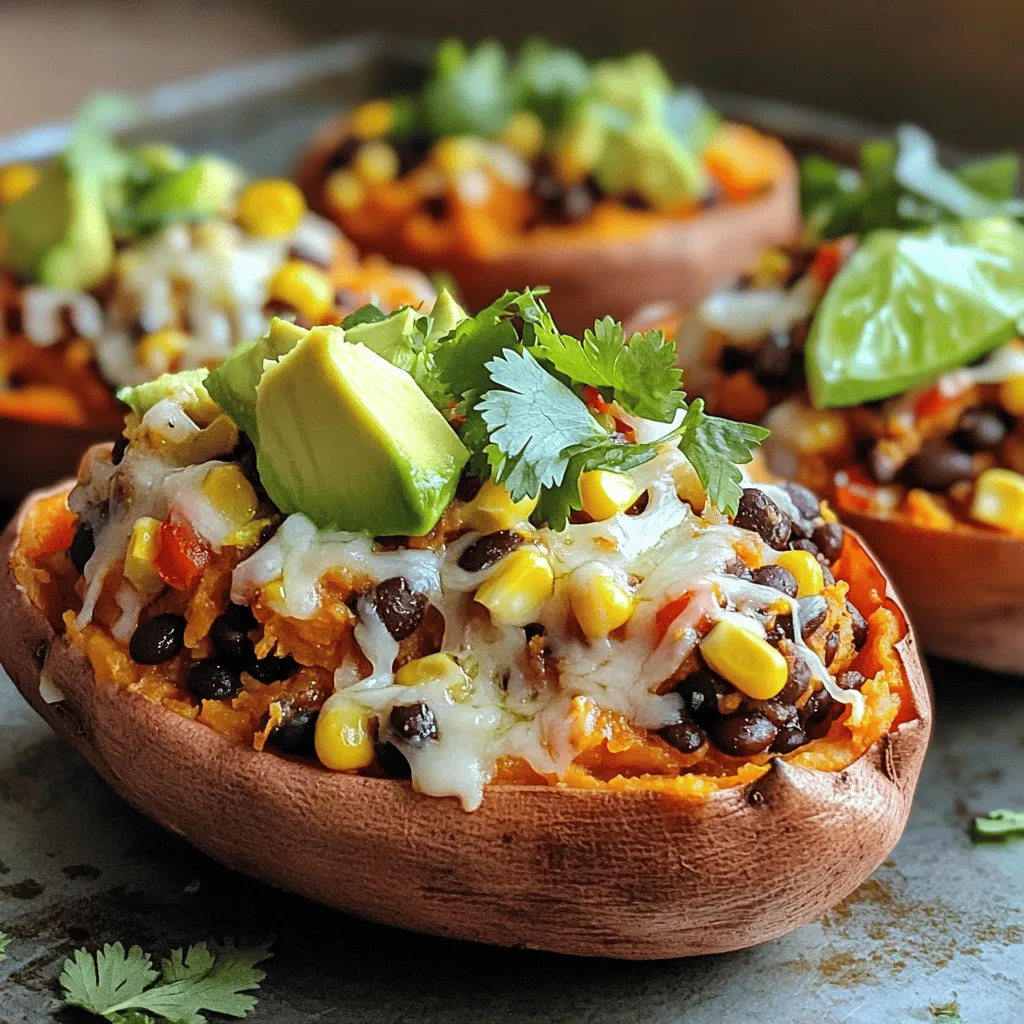 To make stuffed sweet potatoes, gather these items: - 4 medium sweet potatoes - 1 cup canned black beans, thoroughly rinsed and drained - 1 cup corn kernels (fresh or frozen) - 1 red bell pepper, finely diced - 1 teaspoon ground cumin - 1 teaspoon smoked paprika - 1/2 teaspoon garlic powder - Salt and freshly cracked pepper to taste - 1 cup shredded cheese (choose cheddar or a Mexican cheese blend) - 1 ripe avocado, diced - 1/4 cup fresh cilantro, finely chopped - 1 lime, cut into wedges - Optional: Greek yogurt or sour cream for creamy topping You can swap some ingredients based on your taste or what you have: - Sweet Potatoes: Use butternut squash for a different flavor. - Black Beans: Try pinto beans or chickpeas instead. - Corn: Use diced tomatoes or cooked quinoa for a twist. - Cheese: Go for mozzarella or dairy-free cheese if needed. - Avocado: Use guacamole for a quicker option. Stuffed sweet potatoes are not only tasty but also healthy. Each serving offers: - High in fiber from sweet potatoes and beans - Rich in vitamins A and C - Good source of protein from beans and cheese - Healthy fats from avocado This meal is balanced and satisfying, making it perfect for any time of the day. If you want to dive deeper into the cooking process, check out the Full Recipe. Start by preheating your oven to 425°F (220°C). This helps the sweet potatoes cook evenly. Next, wash the sweet potatoes well. Use a fork to poke holes in them. This allows steam to escape as they bake. Place the sweet potatoes on a baking sheet lined with parchment paper. This will make cleanup easier later. Bake the sweet potatoes for 40-45 minutes. They should feel soft when you poke them with a fork. Once done, take them out and let them cool for a few minutes. While the sweet potatoes bake, heat a skillet over medium heat. Add the corn kernels, black beans, and diced red bell pepper to the pan. Sprinkle in ground cumin, smoked paprika, garlic powder, salt, and pepper. Stir everything together. Cook for about 5-7 minutes. The bell pepper should become tender, and everything should be hot. Once the sweet potatoes are cool enough to handle, cut each one in half lengthwise. Gently scoop out a small amount of the flesh from the center. Be careful not to break the skins. In a bowl, mix the scooped-out sweet potato flesh with the black bean mixture and half of the shredded cheese. Stir until everything combines well. Spoon the filling back into the sweet potato skins. Top them with the remaining cheese. Place the stuffed sweet potatoes back in the oven for another 10 minutes. You want the cheese melted and bubbly. After baking, finish with diced avocado, fresh cilantro, and a squeeze of lime. Enjoy your delicious stuffed sweet potatoes! For the complete recipe, check out the Full Recipe. Baking sweet potatoes right is key. First, choose medium-sized sweet potatoes. They bake evenly and are easy to handle. Wash them well under running water to remove dirt. Use a fork to poke holes in each potato. This helps steam escape. Preheat your oven to 425°F (220°C). Place the sweet potatoes on a lined baking sheet. Bake for 40-45 minutes. They should feel soft when you poke them with a fork. To boost flavor, use spices. I love adding cumin, smoked paprika, and garlic powder. These spices make the dish warm and inviting. You can also mix in fresh herbs like cilantro. They add a bright taste. For a creamy touch, add Greek yogurt or sour cream on top. This makes each bite even richer and more satisfying. Presentation makes a meal special. Place stuffed sweet potatoes on a colorful platter. Garnish with extra cilantro for a fresh look. Lime wedges add a pop of color and zest. Serve with a bowl of Greek yogurt or sour cream. This invites guests to customize their meal. It makes your dish not only tasty but also beautiful to share. {{image_4}} To make vegan stuffed sweet potatoes, skip the cheese and sour cream. Use avocado or a tahini sauce for creaminess. You can also add more vegetables, like spinach or mushrooms, for extra flavor. Black beans and corn are great choices for protein and texture. This way, you keep it tasty and plant-based! Sweet potatoes are naturally gluten-free, so you are in luck! Just make sure any added ingredients, like beans and spices, are also gluten-free. If you want a crunch, try topping with crushed gluten-free tortilla chips. This adds a nice texture and keeps it fun. You can switch up your fillings based on what you like. Try quinoa or farro for a hearty base. Cooked lentils or chickpeas also make great protein-packed options. For a spicy kick, add jalapeños or hot sauce. Let your taste buds guide you to what flavors you love! For a full recipe, check out the details above. Enjoy experimenting! After enjoying your stuffed sweet potatoes, let leftovers cool down. Place them in an airtight container. Store in the fridge for up to three days. Make sure to keep them covered to avoid drying out. To reheat, you can use the oven or microwave. If using the oven, preheat it to 350°F (175°C). Place the stuffed sweet potatoes on a baking sheet. Heat for about 15-20 minutes until warm. If you use the microwave, heat on high for 1-2 minutes. Check if they are hot and ready! You can freeze stuffed sweet potatoes for later. Wrap each one tightly in plastic wrap. Then, place them in a freezer bag. They can last for up to three months in the freezer. When ready to eat, let them thaw in the fridge overnight. Reheat as mentioned above for a quick meal. For the full recipe, check out the detailed instructions above! Bake sweet potatoes for about 40-45 minutes at 425°F (220°C). This time ensures they become soft and tender. Pierce them with a fork before baking, so steam can escape. Check for doneness by inserting a fork; it should go in easily. Yes, you can prepare stuffed sweet potatoes ahead of time. Bake the sweet potatoes and make the filling. Store them in the fridge for up to two days. When you’re ready to eat, just assemble and bake until warm. You can get creative with fillings! Here are some tasty ideas: - Chickpeas and spinach: Mix cooked chickpeas with sautéed spinach and spices. - Buffalo chicken: Shred cooked chicken and toss it in buffalo sauce. - Quinoa and veggies: Combine cooked quinoa with diced tomatoes, zucchini, and herbs. - Breakfast style: Fill with scrambled eggs, cheese, and salsa. Feel free to experiment with flavors and ingredients! For an easy and delicious starting point, check out the Full Recipe. Stuffed sweet potatoes are nourishing and easy to make. We covered all the key ingredients, substitutions, and nutritional facts to help you choose the best options. I shared steps for prep, cooking, and assembly to guide you through the process. Plus, my tips and variations give you fun ways to switch things up. Remember to store leftovers properly and refer to the FAQs for any questions. Enjoy your stuffed sweet potatoes. They are both tasty and healthy!