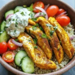 For a great Chicken Shawarma Bowl, you need key ingredients that pack a lot of flavor. Here’s a quick list: - 2 boneless, skinless chicken breasts - 3 tablespoons extra virgin olive oil - 3 teaspoons ground cumin - 3 teaspoons sweet paprika - 2 teaspoons ground turmeric - 1 teaspoon ground cinnamon - 1 teaspoon cayenne pepper (adjust for heat) - 4 cloves garlic, finely minced - Juice of 1 fresh lemon - Sea salt and freshly cracked black pepper to taste - 1 cup cooked quinoa or couscous - 1 cup cherry tomatoes, halved - 1 cup cucumber, diced - ½ red onion, thinly sliced - ½ cup tzatziki sauce (store-bought or homemade) - Fresh parsley, chopped You can add parsley for a fresh touch and tzatziki for creamy goodness. Both enhance the dish's look and taste. When choosing a base for your bowl, quinoa and couscous are great options. - Quinoa is a whole grain that’s high in protein. It cooks quickly and has a nutty flavor. - Couscous is softer and more delicate. It absorbs flavors well and cooks even faster. Both grains offer good nutrition. Whole grains help you feel full and provide fiber for digestion. Tzatziki sauce is a must for chicken shawarma bowls. You can make it at home or buy it from the store. - Homemade Tzatziki: This option lets you control the taste and texture. Use Greek yogurt, cucumber, garlic, and lemon juice for the best results. - Store-bought Tzatziki: This is quick and easy, saving you time. Just pick a brand you trust. You can also try other sauces like garlic yogurt or spicy harissa for a different kick. These choices add layers of flavor to your bowl and keep things interesting. For the full recipe, check out the complete layout above. To make the best Chicken Shawarma Bowls, start with the marinade. In a mixing bowl, combine the olive oil, ground cumin, sweet paprika, ground turmeric, ground cinnamon, cayenne pepper, minced garlic, lemon juice, sea salt, and black pepper. Whisk it all together until blended well. Marinating the chicken is key for great flavor. I suggest letting it sit for at least one hour. For even better taste, marinate overnight. The longer you marinate, the bolder the flavors will be. You can cook the chicken by roasting it in the oven or grilling it. Preheat your oven to 400°F (200°C). If you choose to grill, heat a grill pan over medium-high heat. Once your chicken has marinated, remove it from the fridge. Place the chicken on a lined baking sheet or directly onto the grill. Cook for about 20-25 minutes. Check the internal temperature; it should reach 165°F (74°C) for safety. Let the chicken rest for about five minutes after cooking. This step keeps the chicken juicy and tender. Now, it’s time to build your bowls! Start by adding cooked quinoa or couscous to the bottom of each bowl. This will be your base. Next, add the sliced chicken on top of the grains. Then, layer on halved cherry tomatoes, diced cucumber, and thinly sliced red onion. Each layer adds color and crunch. Finally, drizzle tzatziki sauce over the top. This adds creaminess and flavor. To make your bowls pop, sprinkle chopped parsley for a fresh touch. Serve these Chicken Shawarma Bowls warm and enjoy! For the full recipe, check out the detailed instructions above. To avoid dry chicken, I recommend marinating it for at least one hour. For the best flavor, let it sit overnight. This helps the spices soak in. When you cook, keep an eye on the time. Cooking too long can make it tough. Aim for an internal temperature of 165°F (74°C). Garnish your dish with fresh herbs, like parsley or mint. This adds color and a burst of flavor. A sprinkle of herbs makes the dish look appealing too. Prep your ingredients ahead of time to save effort during the week. Chop your veggies and store them in airtight containers. Cook your grains like quinoa or couscous in advance. This keeps everything ready for quick meals. When it comes to storage, keep cooked chicken and grains separate. This helps them stay fresh longer. Use glass containers for easy heating. Try adding spices like sumac or allspice for a unique twist. You can also mix in roasted garlic for extra depth. If you like heat, add chopped chili peppers. For sides, consider serving with a crisp salad or pita bread. A refreshing drink, like mint lemonade, pairs well too. It balances the spices and adds a nice touch to your meal. For the full recipe, check the detailed instructions above. {{image_4}} You can easily make a tasty shawarma bowl without meat. Use chickpeas or lentils instead of chicken. These proteins pack a punch and will fill you up. Season them with the same spices for that shawarma flavor. You can also try marinating tofu or tempeh. Just cut them into cubes and follow the same steps in the recipe for cooking. If you need a gluten-free option, quinoa is your best friend! It is a great base for your bowl. You can also use rice or gluten-free couscous. When it comes to sauces, check labels to avoid gluten. Some brands have gluten-free tzatziki. You can make your own too, using yogurt or a dairy-free version. Spice things up with flavors from other regions. Add roasted vegetables like eggplant or bell peppers for a Mediterranean twist. You can also mix in pickled vegetables for a tangy kick. To bring in Middle Eastern flair, try adding pomegranate seeds or a drizzle of tahini sauce. These additions make your bowl exciting and full of different tastes. To keep your Chicken Shawarma Bowls fresh, store leftovers in airtight containers. Make sure to separate the chicken from the grains and veggies. This helps keep everything tasty and crisp. You can refrigerate cooked chicken for up to four days. Grains like quinoa or couscous last about three days in the fridge. When you’re ready to enjoy your leftovers, you can reheat them in a few ways. The stovetop is best for keeping the chicken juicy. Just add a splash of water and cover the pan. You can also use the microwave. Heat in short bursts, stirring often to avoid hot spots. If you want to mix things up, add leftover chicken to a salad or wrap for a new meal. If you want to save your chicken shawarma bowls for later, freezing is a great option. Place each component in separate, freezer-safe bags. This makes it easy to grab what you need later. To thaw, move the bags to the fridge overnight. For quick meals, you can microwave the chicken straight from frozen. Just ensure it reaches 165°F (74°C) before serving. Enjoy the flavors of your Chicken Shawarma Bowls anytime! The best way to cook chicken for shawarma bowls is roasting or grilling it. Both methods give the chicken a nice char and rich flavor. When you roast the chicken in the oven, the spices meld well. Grilling adds a smoky taste. Make sure the chicken cooks to 165°F (74°C). This ensures it's safe to eat and juicy. Yes, you can use different proteins in your shawarma bowls. Beef, lamb, or tofu all work great. If you choose beef or lamb, slice them thin. They may need different cooking times. Tofu is easy and cooks fast. Just marinate it like the chicken, then grill or sauté. You can customize your chicken shawarma bowl in many ways. Try different toppings like avocado, olives, or bell peppers. For grains, swap quinoa for couscous or brown rice. Add sauces too. Hummus or garlic sauce can change the flavor. Mix and match to fit your taste. Pair your chicken shawarma bowl with a fresh salad or pita bread. A simple cucumber and tomato salad complements the bowl well. Hummus served with pita is a tasty side too. These options add more flavor and make your meal complete. In this article, we explored how to make delicious chicken shawarma bowls. We discussed key ingredients, cooking grains, and sauces that enhance flavor. I shared step-by-step instructions and tips for perfecting your chicken. You also learned how to modify the recipe for vegetarian or gluten-free diets. For your next meal prep, use these insights to create tasty shawarma bowls. Enjoy the fresh flavors and endless ways to customize your dish. Happy cooking!