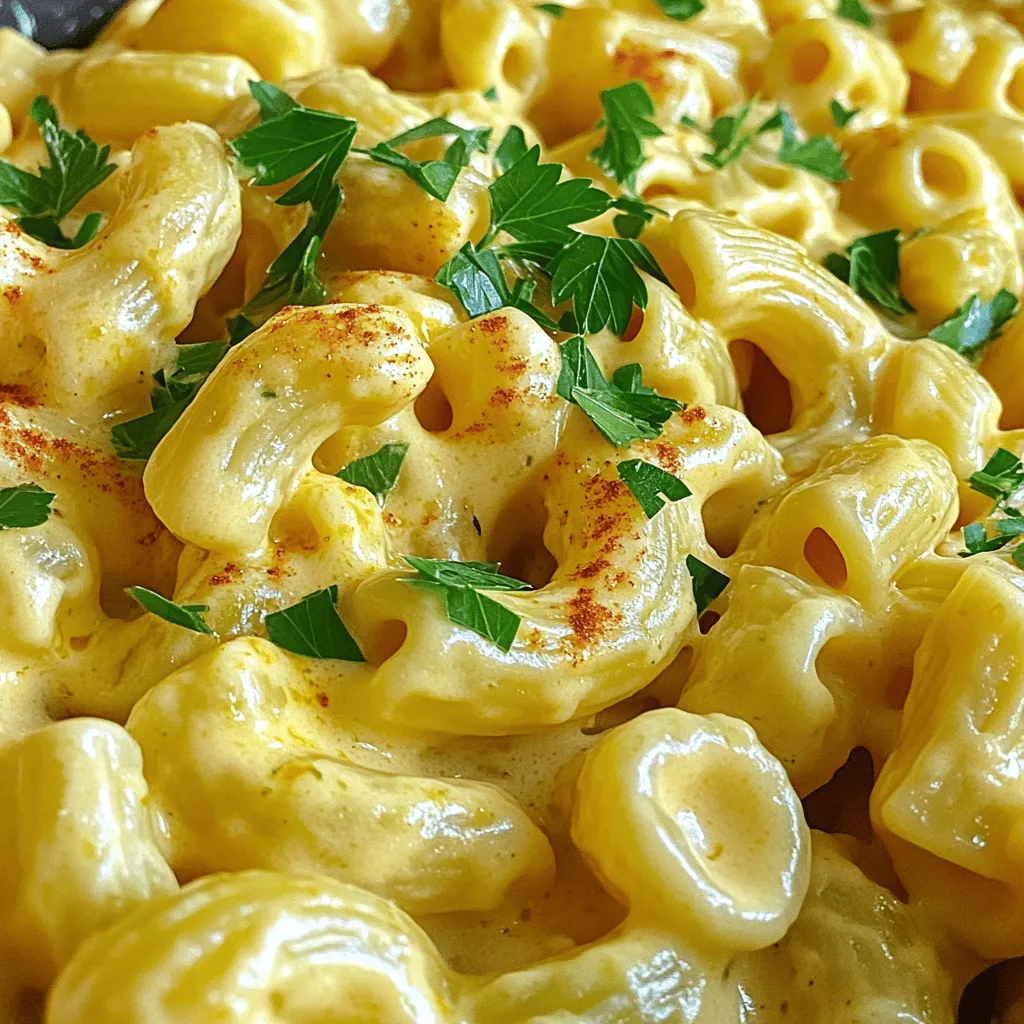 To make the best Instant Pot mac and cheese, gather these simple ingredients: - 2 cups elbow macaroni - 4 cups vegetable broth - 2 tablespoons unsalted butter - 1 cup sharp cheddar cheese, shredded - 1 cup mozzarella cheese, shredded - 1 teaspoon garlic powder - 1 teaspoon onion powder - 1 teaspoon dried basil - 1 teaspoon dried parsley - ½ teaspoon smoked paprika - Salt and pepper to taste - ½ cup heavy cream - Optional: Fresh herbs for garnish These ingredients create a rich, creamy dish that everyone will love. The elbow macaroni cooks perfectly in the broth, soaking up all the flavor. The cheeses melt into a smooth, cheesy sauce that clings to each bite. I use sharp cheddar for a bold taste and mozzarella for a stretchy texture. The spices add depth and warmth, making this dish feel cozy and inviting. Don't forget the heavy cream! It gives the mac and cheese that luxurious, creamy finish. If you want to add a fresh touch, consider using herbs for garnish. Parsley or chives add a nice color and flavor contrast. Now that you have your ingredients ready, let’s get cooking! Check out the Full Recipe for detailed steps. - Prepare the Pot: In your Instant Pot, combine 2 cups of elbow macaroni with 4 cups of vegetable broth. Make sure that all the macaroni is fully covered. This step is key for even cooking. - Seal and Cook: Close the lid tightly and seal the valve. Choose the “Manual” or “Pressure Cook” setting. Set the timer for 4 minutes, and get ready for cheesy goodness. - Release the Pressure: After the timer goes off, let the pressure release naturally for 5 minutes. This helps the pasta finish cooking. Then, switch to a quick release to let out any remaining steam. - Stir the Pasta: Carefully take off the lid once all the pressure is gone. Stir the macaroni gently. It should be al dente and have some liquid left in the pot. - Add Flavorings: Now it's time to make it tasty. Add 2 tablespoons of unsalted butter, 1 teaspoon of garlic powder, 1 teaspoon of onion powder, 1 teaspoon each of dried basil and dried parsley, and ½ teaspoon of smoked paprika along with salt and pepper to taste. Stir well until the butter melts and everything combines. This is just part of the process, but you can find the full recipe to create a creamy mac and cheese that will make your taste buds dance! To make great mac and cheese, you need to ensure even cooking. Always submerge your pasta in the broth. This keeps the pasta from sticking and helps it cook evenly. If even a bit of pasta is above the broth, it may not cook right. If your sauce is too thick, don't worry! You can adjust the consistency easily. Just add a splash of vegetable broth or cream. Stir it in until you reach your desired thickness. This makes your dish creamy and smooth, just like you want. When serving, presentation matters! Use rustic bowls for a cozy feel. Top your mac and cheese with fresh herbs, like parsley or chives. A dash of smoked paprika adds color and flavor too. Think about what sides go well with this dish. A simple green salad pairs nicely. If you want a drink, try a light soda or iced tea. These sides make your meal feel complete and balanced. {{image_4}} You can switch up the cheese in your mac and cheese. Try different kinds for fun twists. Here are some tasty options: - Colby Jack: This mild cheese melts well and adds a nice flavor. - Gouda: It brings a smoky taste that can elevate your dish. - Parmesan: A sprinkle adds a sharp, nutty flavor that pairs well. - Cream Cheese: This gives a super creamy texture without overpowering the taste. Mix and match these cheeses to find your favorite blend. Each choice adds its own unique flair. Want to make your mac and cheese even better? Add some veggies or protein! Here are a few ideas: - Spinach: Toss in fresh or frozen spinach for color and nutrients. - Broccoli: Add small florets for a crunchy texture and extra vitamins. - Peas: These sweet bites add a pop of color and flavor. These veggies not only enhance taste but also make the dish healthier. You can also add protein to make your meal heartier. Consider these options: - Chicken: Cooked and shredded chicken gives a nice bite. - Bacon: Crispy bacon crumbles add a smoky crunch that is hard to resist. - Ground Beef: This can turn your mac and cheese into a full meal. Feel free to get creative! You can combine any of these add-ins for a dish that you will love. Try the Full Recipe for a classic start, then experiment with these ideas! Storing leftover mac and cheese right is key. Once it cools, put it in an airtight container. This helps keep it fresh. It can last in the fridge for about three to five days. To avoid drying out, make sure the lid seals tightly. If you want to enjoy it later, try to cool it down before sealing. This helps prevent condensation from forming. You can reheat mac and cheese in a few ways. The microwave is quick and easy. Just pop it in a bowl and cover it loosely. Heat it for about one minute, then stir. If it's still cold, heat it for another 30 seconds. You can also use the stove. Just add a splash of broth or cream to a pan. Heat it on low, stirring often until warm. When reheating, adding moisture helps keep it creamy. A bit of broth or cream does wonders. Stir it in before heating. This makes sure the cheese stays smooth. If it seems thick, don't worry. Just add a little more liquid until it feels just right. How long does Instant Pot Mac and Cheese last in the fridge? Instant Pot Mac and Cheese lasts about 3 to 5 days in the fridge. Store it in a sealed container. Make sure it’s cool before sealing to avoid steam build-up. If you want to keep it longer, you can freeze it. Can I use gluten-free pasta for this recipe? Yes, you can use gluten-free pasta! Just adjust the cooking time. Gluten-free pasta cooks faster, so check it at about 3 minutes. It will still taste great and give you that creamy comfort. How do I make mac and cheese without cream? You can skip the cream and use more broth instead. Just use about 4 to 6 cups of vegetable broth. You can also add a little extra cheese for creaminess. This will keep it rich and tasty without the cream. Can I double this recipe for larger servings? Yes, you can double the recipe! Just make sure your Instant Pot is big enough. You may need to adjust the cooking time slightly, but not by much. Keep an eye on it to ensure everything cooks well. Many users love the full recipe. They say it is creamy and easy to make. A few have suggested adding a pinch of cayenne for a spicy kick. Others mix in cooked broccoli or chicken for extra flavor and nutrition. Overall, the reviews are positive, and people enjoy making this dish their own! This blog post covers how to make Instant Pot Mac and Cheese with ease. You learned about the ingredients, step-by-step instructions, and useful tips. We discussed different cheese options and how to add veggies or proteins. Storing and reheating leftovers helps maintain their creamy texture. In these simple steps, you can enjoy a quick, tasty meal. Try this recipe and customize it to your liking for a family favorite. Happy cooking!