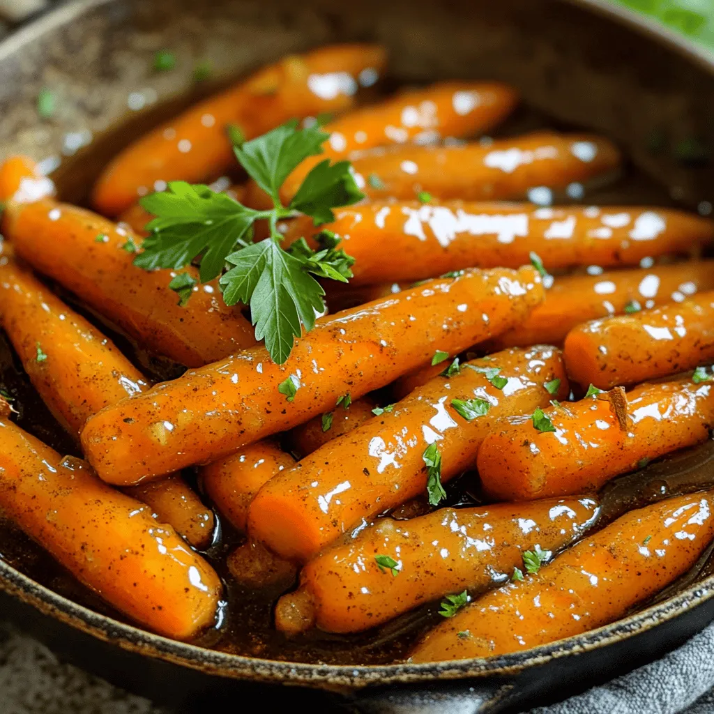 To make maple glazed carrots, gather these simple ingredients: - 1 pound baby carrots, washed and peeled - 2 tablespoons unsalted butter - 3 tablespoons pure maple syrup - 1 teaspoon ground cinnamon - 1/4 teaspoon freshly grated nutmeg - Salt, to taste - Fresh parsley, finely chopped (for garnish) You can add extra flavor with these ingredients if you like: - A splash of orange juice for brightness - A pinch of ginger for warmth - Chopped pecans for crunch Each serving of maple glazed carrots contains: - Calories: 150 - Total Fat: 6g - Saturated Fat: 4g - Carbohydrates: 22g - Dietary Fiber: 3g - Sugars: 10g - Protein: 1g - Vitamin A: 180% of daily value - Vitamin C: 6% of daily value - Calcium: 3% of daily value - Iron: 2% of daily value These carrots are not just tasty; they also pack a healthy punch! For the full recipe, check out the details above. To start, you need one pound of baby carrots. First, rinse them well under cold water. If they aren't peeled, you should peel them now. This step is easy and makes the carrots more tender. Once done, set the carrots aside. Grab a large skillet and add two tablespoons of unsalted butter. Place it on medium heat and let it melt completely. Swirl the pan a bit so the butter spreads evenly. After the butter melts, carefully add the baby carrots to the skillet. Sauté the carrots for about five minutes. Stir them often to cook evenly. Next, pour in three tablespoons of pure maple syrup. Use a spatula to stir and coat every carrot with the syrup. Now, sprinkle in one teaspoon of ground cinnamon and a quarter teaspoon of freshly grated nutmeg. Mix well so all the flavors blend. Add a pinch of salt to taste. Lower the heat slightly and continue cooking for 10-15 minutes. This allows the carrots to soften and the syrup to thicken. When the carrots are tender, take the skillet off the heat. Taste them and adjust the salt if needed. To get that perfect glaze, keep an eye on the heat. Too high, and the syrup may burn. You want a nice simmer, not a boil. If the glaze seems too thin, cook a bit longer. If it's too thick, add a splash of water to loosen it. For added flavor, you can garnish with finely chopped fresh parsley before serving. This not only adds color but also a fresh taste that complements the sweetness. For more detailed steps, check the Full Recipe. To get the best flavor from carrots, use fresh baby carrots. They are sweet and tender. Wash them well and peel if needed. Cut larger carrots into similar sizes. This helps them cook evenly. Always cook over medium heat. It keeps the carrots from getting mushy. Stir often but gently. You want to coat them with the glaze without breaking them. Maple syrup gives carrots a sweet touch. You can try honey or agave as alternatives. For a twist, add a splash of orange juice. It adds brightness to the dish. You can also use fresh herbs like thyme or rosemary. They will bring a nice earthiness. If you like spice, try a pinch of cayenne pepper or ginger. Both can enhance the flavor profile. Don't rush the cooking process. If you cook them too fast, they may burn. Avoid overcooking the carrots, as they can become mushy. Check them often for tenderness. Skip the salt until the end. This helps the carrots absorb more flavor. Lastly, don’t forget to taste as you go. Adjust the seasoning to fit your preference. For the full recipe, check below! {{image_4}} You can add fresh herbs to the maple glazed carrots for extra flavor. Try using thyme, dill, or rosemary. Chop them finely and add them at the end of cooking. This makes the dish pop with fresh taste. The herbs also add a nice green color. You can mix sweet and savory flavors for a unique touch. Add a dash of balsamic vinegar or soy sauce. These ingredients balance the sweetness of maple syrup. You could also include a pinch of cayenne pepper for a spicy kick. This twist adds depth to the dish and makes it more exciting. Don't hesitate to add other veggies to the mix. You can toss in sliced parsnips or broccoli florets. They cook well and soak up the glaze. This not only boosts nutrition but also adds different textures. Feel free to experiment with your favorite vegetables for a fun twist. To store leftover maple glazed carrots, wait until they cool. Place them in an airtight container. This helps keep the flavor fresh. You can store them in the fridge for up to four days. Make sure not to leave them out for too long. Bacteria can grow if they sit at room temperature. When reheating, I recommend using the stovetop. Heat a skillet over low heat. Add a small amount of water or butter to keep them moist. Stir the carrots gently until they warm through. This method helps keep the glaze nice and sticky. You can also use a microwave. Place the carrots in a microwave-safe dish with a lid. Heat them in short bursts, stirring in between. Freezing maple glazed carrots is possible, but the texture may change. If you want to freeze them, start with well-cooked carrots. Allow them to cool completely before freezing. Use a freezer-safe bag or container. Remove as much air as you can to prevent freezer burn. They can last up to three months in the freezer. To use, thaw in the fridge overnight, then reheat as mentioned earlier. For best results, use the frozen carrots in soups or stews. You can pair maple glazed carrots with many dishes. They go well with roasted chicken, grilled pork, or baked salmon. Try them alongside a rich beef stew for a sweet contrast. Their flavor complements dishes that have savory or spicy notes. For a vegetarian meal, serve them with quinoa or lentils. The sweetness of the carrots adds a nice touch to these hearty meals. Maple glazed carrots can last about 3 to 5 days in the fridge. Store them in an airtight container to keep them fresh. When you want to eat them again, make sure to check for any signs of spoilage. If they smell off or look slimy, it’s best to throw them away. Yes, you can use other sweeteners. Honey, agave nectar, or brown sugar work well. Each sweetener will change the taste slightly. Honey adds a floral note, while brown sugar gives a deeper flavor. You can also use coconut sugar for a lower glycemic option. Just adjust the amount to suit your taste. For the full recipe, check the link above. Maple glazed carrots are easy to make and very tasty. We covered the ingredients needed and how to cook them step-by-step. You learned tips for the perfect glaze and common mistakes to avoid. I shared ways to add herbs and other veggies too. Plus, there were storage tips for leftovers. Use this guide to enjoy tasty meals with maple glazed carrots. Cooking can be fun and simple.