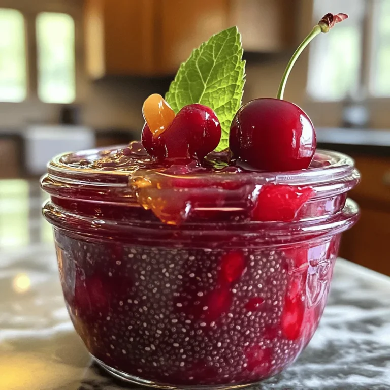 - 2 cups fresh or frozen cherries, pitted - 1/4 cup honey or maple syrup - 2 tablespoons chia seeds - 1 tablespoon freshly squeezed lemon juice - 1/2 teaspoon vanilla extract - A pinch of salt - Medium saucepan - Potato masher or fork - Airtight container When I make cherry chia jam, I love using fresh cherries if they are in season. They taste amazing and are packed with flavor. If you can't find fresh ones, frozen cherries work well too. Just let them thaw before cooking. The sweetener choice is vital. Honey and maple syrup both add a lovely sweetness. You can adjust the amount based on how sweet you want the jam. Chia seeds are the star of this recipe. They soak up the liquid and create a thick jam texture. You may add lemon juice for a zesty touch. Vanilla extract can give your jam a warm, sweet flavor. A small pinch of salt enhances all the tastes. For tools, you need a medium saucepan to cook everything together. A potato masher or fork helps mash the cherries. Finally, an airtight container keeps your jam fresh. This simple recipe offers a delightful spread perfect for toast, pastries, or even yogurt. Check out the Full Recipe for step-by-step guidance! To start, you need to prepare the cherries. If you chose fresh cherries, rinse them well. Then, cut them in half and remove the pits. This step is key for a smooth jam. For frozen cherries, let them thaw for a bit. You can use a microwave for quicker thawing. Make sure they are easy to handle before you move on. Now, it’s time to cook the cherries. In a medium saucepan, combine the cherries with honey or maple syrup. Heat this mixture over medium heat. Stir occasionally for about 5-7 minutes. You’ll know it’s ready when the cherries soften and release their juices. This step builds a rich cherry flavor in your jam. Once the cherries are cooked, it’s time to mash. Use a potato masher or a fork to mash them. You can stop when they reach your desired texture. For a smoother jam, an immersion blender works great. After mashing, add chia seeds, lemon juice, optional vanilla extract, and a pinch of salt. Stir well to mix everything together. Next, lower the heat to a gentle simmer. Continue cooking for another 5-10 minutes. Stir often as the mixture thickens. The chia seeds will absorb liquid, giving you that jam-like texture you want. Follow the [Full Recipe] for detailed measurements and tips. You can adjust the sweetness of your jam. Taste it as you go. If you like it sweeter, add more honey or maple syrup. Lemon juice is key for balance. It adds brightness and cuts through the sweetness. Just one tablespoon can make a big difference. Chia seeds are small but mighty in your jam. They offer fiber and healthy omega-3s. When you add them, they soak up liquid and thicken your jam. This creates that perfect spreadable texture. Make sure to stir them in well for even thickening. Watch your cooking time. Overcooking the cherries makes them mushy. You want them soft but still holding shape. Let your jam cool completely before storing. If you skip this step, it may not set right. Patience is key for perfect jam! {{image_4}} You can make your cherry chia jam even better by adding other fruits. Blueberries, raspberries, or strawberries work great. You can mix them in with the cherries. This adds depth and sweetness. Pineapple or mango can add a fun, tropical twist. Just adjust the sweetness based on the fruit you choose. If you want a different sweet taste, try agave syrup or stevia. These options can make your jam sugar-free. Just remember, the sweetness might differ. Always taste as you go, and adjust to your liking. This way, you can enjoy a healthy treat that fits your needs. Let’s spice things up! Adding cinnamon or nutmeg can create a warm flavor. These spices are easy to mix in. You can also try different extracts, like almond or coconut, for unique tastes. Experimenting with flavors is fun and can make your jam stand out. Just a little can go a long way! To keep your cherry chia jam fresh, use a clean glass jar or an airtight container. Glass jars work best because they do not absorb smells or flavors. Make sure the lid is tight to keep air out. Store the jam in the fridge right after it cools. To ensure freshness, always use a clean spoon when scooping out the jam. This prevents germs from getting into your jam. If you see any leftover jam, consume it within a week. Your homemade cherry chia jam lasts about one to two weeks in the fridge. If you want to keep it longer, you can freeze it. Freezing keeps the jam safe for up to six months. Just make sure to leave some space in the container, as liquids expand when frozen. When ready to use frozen jam, thaw it in the fridge overnight. This keeps the jam at a safe temperature and helps maintain its taste and texture. To tell if your jam has gone bad, look for changes in color or smell. If it smells sour or off, it is best to throw it away. Check for mold on the surface. If you see any, discard the entire jar. For proper disposal, seal the jam in a bag before throwing it away. This keeps any unwanted smells contained. Always prioritize safety when it comes to food! Homemade cherry chia jam can last about two weeks in the fridge. Keep it in a clean, airtight jar. Always check for signs of spoilage before use. If it smells off or has mold, it's best to toss it. Yes, you can use frozen cherries! They work great in this recipe. Just thaw them a bit before cooking. They may release more juice, so adjust the cooking time slightly to help thicken the jam. Chia seeds are tiny powerhouses! They are full of fiber, protein, and healthy fats. They also help thicken the jam without extra sugar. Plus, they provide a nice crunch and boost nutrition. Absolutely! You can mix in other fruits like strawberries, blueberries, or raspberries. Each will add a unique flavor. Just keep the same ratio of fruit to chia seeds for best results. This jam is not ideal for canning. It has a short shelf life and lacks preservatives. If you want to can it, use a proper canning recipe to ensure safety and longevity. Cherry chia jam is easy to make and delicious. You start with fresh or frozen cherries, sweeteners, and chia seeds to create a tasty treat. You learned essential techniques and tips, such as mashing and balancing flavors. Remember to avoid common mistakes, like overcooking your cherries. You can experiment with different fruits or sweeteners to make it your own. Store your jam carefully to keep it fresh. Enjoy your jam on toast, yogurt, or desserts. Creating this healthy jam can be fun and rewarding. Keep experimenting and savor every bite.