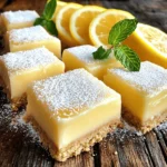 To make these no-bake lemon bars, gather the following items: - 1 cup graham cracker crumbs - 1/4 cup unsweetened shredded coconut - 1/2 cup melted coconut oil - 1/4 cup pure maple syrup - 1/2 cup freshly squeezed lemon juice - Zest of 2 lemons - 1 cup full-fat coconut milk - 1/4 cup powdered sugar - 1 teaspoon pure vanilla extract - Pinch of sea salt You can swap graham cracker crumbs with ground oats or almond flour. These options work well for a gluten-free crust. If you prefer butter, you can use it instead of coconut oil. Just melt the butter and mix it in. For sweeteners, feel free to use agave syrup or honey instead of maple syrup. These will add a different flavor but will still taste great! Using these swaps can help you tailor the recipe to your taste or dietary needs. Enjoy experimenting with these choices! If you need the full recipe, check it out [here](#). - Prep time: 15 minutes - Total time: 4 hours 15 minutes - Serving size: 9-12 bars Mixing the crust ingredients Start by taking a medium mixing bowl. In this bowl, combine the graham cracker crumbs, shredded coconut, melted coconut oil, and maple syrup. Mix the ingredients well. Stir until the mixture looks crumbly and moist. This is your crust! Preparing the lemon filling Now, grab another bowl for the lemon filling. Whisk together the fresh lemon juice, lemon zest, coconut milk, powdered sugar, vanilla extract, and a pinch of sea salt. Keep whisking until the mixture is smooth. There should be no lumps. This filling packs a zesty punch! Assembling the bars Take the crust mixture and press it firmly into the bottom of an 8x8-inch baking dish lined with parchment paper. Use the back of a measuring cup to ensure an even layer. Next, pour the lemon filling over the crust. Spread it evenly with a spatula. Cover the dish with plastic wrap and chill it in the fridge for at least 4 hours. This helps the bars set firm. Once set, lift them out using the parchment edges and cut into squares or bars. You can find the Full Recipe to guide you through each step. To get a firm crust, start with the right measurements. Use the exact amounts of graham cracker crumbs and melted coconut oil. Press the crust firmly into your baking dish for a solid base. I like to use the back of a measuring cup for this. It helps create an even and compact layer. This step is key for holding everything together. For a smooth lemon filling, whisk the ingredients well. Combine fresh lemon juice, zest, coconut milk, powdered sugar, vanilla, and a pinch of salt. Make sure there are no lumps. If you find any, keep whisking until the mixture is silky. This will give your bars a creamy and bright flavor. When it comes to serving, presentation matters. I like to dust the bars with powdered sugar before serving. It adds a nice touch. You can also garnish each square with a slice of lemon or a sprig of mint. This makes the bars look fresh and inviting. Pair these lemon bars with a scoop of vanilla ice cream or yogurt. The coolness balances the tartness of the lemon. You might also enjoy them with a cup of herbal tea. The warm flavors will enhance the zestiness of the bars. One common issue is the bars not setting well. This can happen if the filling is too warm when you pour it over the crust. Always let the filling cool slightly before adding it. Also, make sure you chill the bars for at least four hours. This ensures they firm up properly. Another mistake is overmixing the filling. When you whisk the lemon mixture, do it gently. Overmixing can create air bubbles. These bubbles can cause cracks in your filling once it sets. Keep your whisking smooth and steady to avoid this. For the full recipe, check out the [Full Recipe]. {{image_4}} You can make these no-bake lemon bars even more fun! Adding fresh berries like strawberries or blueberries gives a sweet twist. Just fold them into the lemon filling before pouring it over the crust. You can also use other fruits, like mango or raspberry, for a unique flavor. Another great option is to infuse the bars with herbs. Adding mint or basil can make a fresh taste. Try mixing chopped mint into the lemon filling. It adds a nice surprise and brightens the whole dish. If you need gluten-free options, use gluten-free graham crackers or almond flour for the crust. Both work well and keep the bars tasty. For vegan substitutions, swap coconut milk with almond milk or oat milk. You can also replace the maple syrup with agave nectar for a different sweet flavor. You can change these bars with the seasons. Try using orange or lime juice instead of lemon for a different citrus taste. This keeps the recipe fresh and fun all year round. For festive fun, think about holiday-themed variations. Add spices like cinnamon or nutmeg to the filling for a winter treat. You can also top the bars with crushed candy canes for a festive look. These variations help you enjoy no-bake lemon bars in many ways. You can find the full recipe for the classic version above. To keep your no-bake lemon bars fresh, use an airtight container. Glass containers work great for this. They help maintain the bars' flavor and texture. Store the bars in the fridge for up to five days. If you notice any moisture, place a paper towel in the container to absorb it. You can freeze these lemon bars for later enjoyment. First, cut them into squares. Then, wrap each piece in plastic wrap. Place the wrapped bars in a freezer-safe bag or container. They can stay in the freezer for up to three months. When you're ready to eat them, thaw the bars overnight in the fridge. This helps keep their creamy texture and taste intact. Yes, you can use bottled lemon juice. However, it may taste different than fresh juice. Fresh lemon juice has a brighter flavor and aroma. Bottled lemon juice often contains preservatives, which can alter the taste. For the best lemon bars, I always recommend fresh juice. These bars can last up to a week in the fridge. Look for signs of freshness, like firm texture and bright color. If the bars start to look dull or smell off, it’s time to toss them. Keep them covered in an airtight container to maintain their taste. If your filling didn’t set, don’t worry! You can fix it. First, check if you chilled it long enough. If not, let it chill longer. If it’s still too runny, you can add more powdered sugar to thicken it. You could even try chilling it again for a few hours. Yes, these bars are great for kids! They are fun to make and eat. The recipe uses simple ingredients that are safe for children. Plus, the bright lemon flavor usually appeals to kids. Just watch out for any allergies to coconut or nuts. You learned about the key ingredients and steps for making no-bake lemon bars. I shared tips for texture, serving ideas, and common mistakes to avoid. You can also explore tasty variations and storage tips. Remember, these bars are easy and fun to make, perfect for sharing or enjoying solo. With fresh flavors and simple ingredients, you can impress anyone. Happy baking!