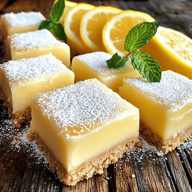 To make these no-bake lemon bars, gather the following items: - 1 cup graham cracker crumbs - 1/4 cup unsweetened shredded coconut - 1/2 cup melted coconut oil - 1/4 cup pure maple syrup - 1/2 cup freshly squeezed lemon juice - Zest of 2 lemons - 1 cup full-fat coconut milk - 1/4 cup powdered sugar - 1 teaspoon pure vanilla extract - Pinch of sea salt You can swap graham cracker crumbs with ground oats or almond flour. These options work well for a gluten-free crust. If you prefer butter, you can use it instead of coconut oil. Just melt the butter and mix it in. For sweeteners, feel free to use agave syrup or honey instead of maple syrup. These will add a different flavor but will still taste great! Using these swaps can help you tailor the recipe to your taste or dietary needs. Enjoy experimenting with these choices! If you need the full recipe, check it out [here](#). - Prep time: 15 minutes - Total time: 4 hours 15 minutes - Serving size: 9-12 bars Mixing the crust ingredients Start by taking a medium mixing bowl. In this bowl, combine the graham cracker crumbs, shredded coconut, melted coconut oil, and maple syrup. Mix the ingredients well. Stir until the mixture looks crumbly and moist. This is your crust! Preparing the lemon filling Now, grab another bowl for the lemon filling. Whisk together the fresh lemon juice, lemon zest, coconut milk, powdered sugar, vanilla extract, and a pinch of sea salt. Keep whisking until the mixture is smooth. There should be no lumps. This filling packs a zesty punch! Assembling the bars Take the crust mixture and press it firmly into the bottom of an 8x8-inch baking dish lined with parchment paper. Use the back of a measuring cup to ensure an even layer. Next, pour the lemon filling over the crust. Spread it evenly with a spatula. Cover the dish with plastic wrap and chill it in the fridge for at least 4 hours. This helps the bars set firm. Once set, lift them out using the parchment edges and cut into squares or bars. You can find the Full Recipe to guide you through each step. To get a firm crust, start with the right measurements. Use the exact amounts of graham cracker crumbs and melted coconut oil. Press the crust firmly into your baking dish for a solid base. I like to use the back of a measuring cup for this. It helps create an even and compact layer. This step is key for holding everything together. For a smooth lemon filling, whisk the ingredients well. Combine fresh lemon juice, zest, coconut milk, powdered sugar, vanilla, and a pinch of salt. Make sure there are no lumps. If you find any, keep whisking until the mixture is silky. This will give your bars a creamy and bright flavor. When it comes to serving, presentation matters. I like to dust the bars with powdered sugar before serving. It adds a nice touch. You can also garnish each square with a slice of lemon or a sprig of mint. This makes the bars look fresh and inviting. Pair these lemon bars with a scoop of vanilla ice cream or yogurt. The coolness balances the tartness of the lemon. You might also enjoy them with a cup of herbal tea. The warm flavors will enhance the zestiness of the bars. One common issue is the bars not setting well. This can happen if the filling is too warm when you pour it over the crust. Always let the filling cool slightly before adding it. Also, make sure you chill the bars for at least four hours. This ensures they firm up properly. Another mistake is overmixing the filling. When you whisk the lemon mixture, do it gently. Overmixing can create air bubbles. These bubbles can cause cracks in your filling once it sets. Keep your whisking smooth and steady to avoid this. For the full recipe, check out the [Full Recipe]. {{image_4}} You can make these no-bake lemon bars even more fun! Adding fresh berries like strawberries or blueberries gives a sweet twist. Just fold them into the lemon filling before pouring it over the crust. You can also use other fruits, like mango or raspberry, for a unique flavor. Another great option is to infuse the bars with herbs. Adding mint or basil can make a fresh taste. Try mixing chopped mint into the lemon filling. It adds a nice surprise and brightens the whole dish. If you need gluten-free options, use gluten-free graham crackers or almond flour for the crust. Both work well and keep the bars tasty. For vegan substitutions, swap coconut milk with almond milk or oat milk. You can also replace the maple syrup with agave nectar for a different sweet flavor. You can change these bars with the seasons. Try using orange or lime juice instead of lemon for a different citrus taste. This keeps the recipe fresh and fun all year round. For festive fun, think about holiday-themed variations. Add spices like cinnamon or nutmeg to the filling for a winter treat. You can also top the bars with crushed candy canes for a festive look. These variations help you enjoy no-bake lemon bars in many ways. You can find the full recipe for the classic version above. To keep your no-bake lemon bars fresh, use an airtight container. Glass containers work great for this. They help maintain the bars' flavor and texture. Store the bars in the fridge for up to five days. If you notice any moisture, place a paper towel in the container to absorb it. You can freeze these lemon bars for later enjoyment. First, cut them into squares. Then, wrap each piece in plastic wrap. Place the wrapped bars in a freezer-safe bag or container. They can stay in the freezer for up to three months. When you're ready to eat them, thaw the bars overnight in the fridge. This helps keep their creamy texture and taste intact. Yes, you can use bottled lemon juice. However, it may taste different than fresh juice. Fresh lemon juice has a brighter flavor and aroma. Bottled lemon juice often contains preservatives, which can alter the taste. For the best lemon bars, I always recommend fresh juice. These bars can last up to a week in the fridge. Look for signs of freshness, like firm texture and bright color. If the bars start to look dull or smell off, it’s time to toss them. Keep them covered in an airtight container to maintain their taste. If your filling didn’t set, don’t worry! You can fix it. First, check if you chilled it long enough. If not, let it chill longer. If it’s still too runny, you can add more powdered sugar to thicken it. You could even try chilling it again for a few hours. Yes, these bars are great for kids! They are fun to make and eat. The recipe uses simple ingredients that are safe for children. Plus, the bright lemon flavor usually appeals to kids. Just watch out for any allergies to coconut or nuts. You learned about the key ingredients and steps for making no-bake lemon bars. I shared tips for texture, serving ideas, and common mistakes to avoid. You can also explore tasty variations and storage tips. Remember, these bars are easy and fun to make, perfect for sharing or enjoying solo. With fresh flavors and simple ingredients, you can impress anyone. Happy baking!