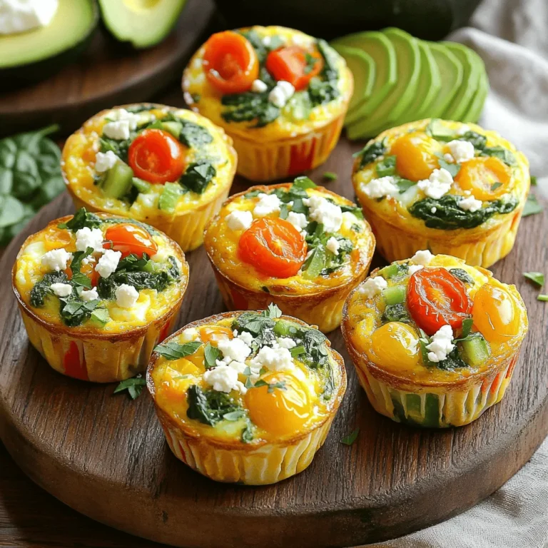 - 6 large eggs - 1 cup fresh spinach, chopped - 1 bell pepper, diced - 1/2 cup cherry tomatoes, halved - 1/2 cup feta cheese, crumbled - 1/4 cup green onions, finely sliced - 1 teaspoon garlic powder - Salt and freshly cracked black pepper - Olive oil spray or muffin liners To make these egg muffins, start with fresh ingredients. The eggs form the base. They provide protein and help bind everything together. Spinach adds great color and nutrients. Bell peppers bring a sweet crunch. Cherry tomatoes add a juicy burst. Feta cheese gives a salty flavor, while green onions add a mild onion taste. You can adjust the salt and pepper to your liking. Olive oil spray or muffin liners help with easy cleanup. This list makes it simple to gather everything you need. Once you have these ingredients, you’re ready to prep for a tasty breakfast. For the full recipe, check out the detailed steps above. - Preheat Oven: Set your oven to 350°F (175°C). This is key for even baking. - Prepare Muffin Tin: Use olive oil spray or muffin liners. This helps with easy removal. - Beat the Eggs: Crack the eggs into a bowl. Whisk them well. Add garlic powder, salt, and pepper to taste. - Incorporate Vegetables and Cheese: Add chopped spinach, diced bell pepper, halved tomatoes, crumbled feta, and sliced green onions to the eggs. Mix until everything is combined. - Fill Muffin Tin: Pour the mixture into the muffin tin. Fill each cup about two-thirds full. This allows space for rising. - Bake Muffins: Place the tin in the oven. Bake for 18-20 minutes. Look for a light golden top and set center. - Cool and Remove: After baking, let the muffins cool in the tin for a few minutes. Then, gently lift them out. If you used liners, they should come out easily. If not, use a small spatula to help. You can find the full recipe at [Full Recipe]. Enjoy these easy and tasty breakfast egg muffins! - Adjust Seasoning: Taste your egg mix before baking. You can always add more salt or pepper. - Avoid Overfilling: Fill muffin cups two-thirds full. This helps them rise without spilling. - Garnish: A sprinkle of fresh herbs like parsley or chives makes your muffins look great. - Serving Ideas: Serve with sliced avocado or fresh fruit for a colorful breakfast. - Essential Kitchen Tools: You will need a muffin tin, a whisk, and a mixing bowl. These tools make the process smooth and easy. {{image_4}} You can easily change some ingredients to suit your taste. - Cheese Alternatives: If you don’t have feta, try using cheddar or mozzarella. Both melt well and add a creamy texture. - Vegetable Swap: You can swap out spinach for zucchini or kale. Each will give a fresh taste and different nutrients. Mixing flavors can make your muffins extra tasty. - Add Herbs: Adding fresh herbs like basil or rosemary can boost the flavor. Just chop them finely and stir them in. - Include Cooked Meats: Want more protein? Add diced ham, bacon, or sausage. These meats give a hearty touch to your muffins. You can adjust the muffins to meet your dietary needs. - Gluten-Free: Make sure all your ingredients are gluten-free if needed. Most ingredients here are naturally gluten-free. - Dairy-Free: If you're avoiding dairy, use plant-based cheese. It works well and keeps the muffins moist. Explore these variations to find your perfect Breakfast Egg Muffins! For the full recipe, check out the section above. To keep your Breakfast Egg Muffins fresh, follow these tips: - Refrigeration: Store them in an airtight container for up to 5 days. This keeps them moist and tasty. - Freezing: For longer storage, place the muffins in a freezer-safe container. They freeze well for later use. When you want to enjoy these muffins again, here’s how to reheat them: - Oven Reheat: Bake them for 5-10 minutes at 350°F (175°C). This helps restore their fluffy texture. - Microwave: Warm individual muffins for 30-60 seconds. This is quick and easy for busy mornings. To ensure your muffins stay fresh: - Cool Completely: Make sure the muffins are completely cool before storing them. This prevents condensation, which can make them soggy. By following these steps, you can enjoy delicious Breakfast Egg Muffins throughout the week! For the complete recipe, check the Full Recipe section. Breakfast egg muffins last about 5 days in the fridge when stored correctly. Make sure to keep them in an airtight container. This keeps them fresh and tasty for your busy mornings. Yes, you can make these muffins ahead of time! They are perfect for meal prep. Just bake a batch on the weekend, and you will have breakfast ready all week. Each muffin has around 90 calories. They also provide about 6 grams of protein and 5 grams of fat. This makes them a healthy option for breakfast or a snack. You can use egg whites or plant-based substitutes in this recipe. Egg whites will lower the calories. For a vegan option, try using a commercial egg replacer or mashed bananas. Just adjust the ratios to match the egg count. Check the Full Recipe for more details. In this post, I covered how to make delicious breakfast egg muffins. We discussed the needed ingredients, from eggs to fresh vegetables. Step-by-step, I explained how to prepare, bake, and even store these muffins. You learned variations and tips to make them just how you like. These muffins are easy to make and perfect for busy mornings. Try them out, and enjoy a tasty, healthy breakfast!