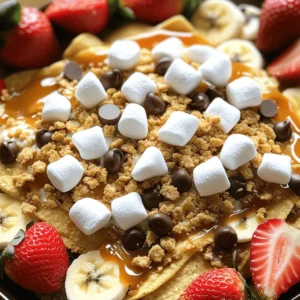 To make S’mores Dessert Nachos, you need a few key ingredients: - 1 large flour tortilla - 1 tablespoon unsalted butter, melted - 1 cup mini marshmallows - 1/2 cup semi-sweet or milk chocolate chips - 1/4 cup crushed graham crackers - 1/4 cup caramel sauce (optional, for drizzling) - Fresh strawberries or banana slices (for garnish) These ingredients create a warm, gooey treat that is fun to share. Choosing the right brands can enhance your dessert nachos: - For chocolate chips, brands like Ghirardelli and Nestlé are great. - Look for mini marshmallows from Kraft or Jet-Puffed for best results. - As for tortillas, I suggest using Mission or Tortilla Land. Their flavor holds up well when baked. Using quality ingredients makes a big difference in taste. You can find these brands at local grocery stores or online. First, you need to preheat your oven to 350°F (175°C). This ensures your nachos bake evenly and become crispy. While the oven heats up, prepare your workspace. Gather all your ingredients for easy access. Next, take your large flour tortilla. Brush one side with melted butter. Make sure to cover it well for that rich flavor. Now, place the tortilla on a baking sheet with the buttered side facing up. This will help it crisp up nicely while baking. Now it’s time for the first baking phase. Bake the tortilla in the preheated oven for about 5 minutes. Keep a close eye on it. You want it to turn a light golden color and feel crispy. Once the tortilla is ready, remove it from the oven. Immediately sprinkle chocolate chips evenly across the surface. Give them a moment to melt slightly. This will create a gooey base for your nachos. Next, evenly distribute the mini marshmallows over the melted chocolate. Make sure each bite gets some marshmallow goodness for that classic s’mores taste. Return the baking sheet to the oven for another 3-5 minutes. Watch closely now! You want the marshmallows to become fluffy and turn golden brown. This gives them a delightful toasted effect. After the marshmallows reach that perfect color, remove the baking sheet from the oven. Let the nachos cool a bit. This step helps you avoid burns when you dig in! If you like, drizzle caramel sauce over the warm nachos for an extra sweet touch. Then, sprinkle the crushed graham crackers on top. This adds that authentic s’mores crunch. Finally, use a pizza cutter or sharp knife to slice the nachos into wedges. Serve them right away while they're still warm. For a fresh touch, garnish with strawberries or banana slices. Enjoy your S’mores Dessert Nachos! To get those marshmallows fluffy and golden, watch the baking time closely. You want them to swell up beautifully. Bake them for about 3-5 minutes, but check often. If they turn dark, they might burn. To avoid burnt marshmallows, remove them from the oven as soon as they look golden. You can also turn on the broiler for a few seconds at the end. This gives a nice toast, but stay nearby. It can go from perfect to charred in a flash! When serving your S’mores dessert nachos, make them look fun and inviting. Use a colorful bowl to show off the layers. Drizzle some extra caramel sauce on top for a sweet touch. Offer a side of whipped cream for dipping, too. This makes it more exciting for guests. Pair these nachos with other desserts like brownies or cookies. This way, you create a dessert bar that everyone will love. Mix and match for a fun treat table! You can add a twist to your nachos with more toppings. Try using sliced bananas, strawberries, or even nuts for crunch. These flavors will blend nicely with the chocolate and marshmallows. For a new flavor, use flavored tortillas. Cinnamon or even chocolate tortillas can add a fun twist. They bring a unique taste while keeping the classic essence of S’mores. Just swap out the regular tortilla for a flavored one in the recipe. For the complete experience, check out the Full Recipe for S’mores Dessert Nachos! {{image_4}} You can change the flour tortilla to a gluten-free one. Look for options made from corn or almond flour. This way, everyone can enjoy the treat! For a vegan twist, swap the chocolate chips for dairy-free ones. You can also use maple syrup instead of caramel sauce. These choices keep the fun alive for all diets. Try using dark chocolate or white chocolate for a new taste. Each type brings a unique flavor to your nachos. You can also add fresh fruits like raspberries or mango slices. Spices like cinnamon or nutmeg can bring warmth and depth. This lets you play around with flavors and find what you love best. For holidays, consider adding red and green sprinkles for Christmas. You can also use pumpkin spice for a fall flavor. If you want to switch it up, try adding bacon bits for a savory twist. This fun change makes your nachos unique and exciting. Celebrate any occasion with your own special version of S’mores Dessert Nachos! To keep your nachos crisp, follow these steps: - Let the nachos cool to room temperature. - Store them in an airtight container. - Avoid stacking layers to prevent sogginess. For the best results, use a container that is shallow. This helps keep the nachos from getting too soft. If you have extra toppings, store them separately. This way, they stay fresh and tasty. To reheat your dessert nachos without losing texture, try these methods: - Preheat the oven to 350°F (175°C). - Place the nachos on a baking sheet. - Heat for about 5 minutes, just until warm. Another option is using the microwave. If you do this, heat in short bursts. This helps avoid mushy nachos. Keep an eye on them to ensure they stay crisp. Enjoy your leftovers as if they were just made! S’mores dessert nachos taste best fresh but can last for about two days in the fridge. Keep them in an airtight container to prevent them from becoming soggy. If you notice any mold or an off smell, it's best to toss them out. You can prep some parts in advance. Make the tortilla crispy and layer it with chocolate chips. Store these layers in the fridge. Add marshmallows and bake them right before serving. This method keeps your nachos fresh and tasty, ready to impress your guests. If you don’t have a baking sheet, use a pizza stone or a cast iron skillet. Both options work well for baking. Just ensure you keep an eye on cooking times, as they may vary slightly. You can also use aluminum foil to create a makeshift tray. For detailed instructions, check out the [Full Recipe](#). S’mores dessert nachos are easy and fun to make. You start with simple ingredients like tortillas, chocolate chips, and marshmallows. I shared steps for preparing, baking, and enhancing your nachos. Also, explore variations, storage tips, and answers to common questions. Use these ideas for your next party or relaxing night at home. You can create a delicious treat that everyone will love! Enjoy every bite!
