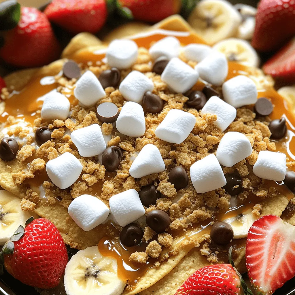 To make S’mores Dessert Nachos, you need a few key ingredients: - 1 large flour tortilla - 1 tablespoon unsalted butter, melted - 1 cup mini marshmallows - 1/2 cup semi-sweet or milk chocolate chips - 1/4 cup crushed graham crackers - 1/4 cup caramel sauce (optional, for drizzling) - Fresh strawberries or banana slices (for garnish) These ingredients create a warm, gooey treat that is fun to share. Choosing the right brands can enhance your dessert nachos: - For chocolate chips, brands like Ghirardelli and Nestlé are great. - Look for mini marshmallows from Kraft or Jet-Puffed for best results. - As for tortillas, I suggest using Mission or Tortilla Land. Their flavor holds up well when baked. Using quality ingredients makes a big difference in taste. You can find these brands at local grocery stores or online. First, you need to preheat your oven to 350°F (175°C). This ensures your nachos bake evenly and become crispy. While the oven heats up, prepare your workspace. Gather all your ingredients for easy access. Next, take your large flour tortilla. Brush one side with melted butter. Make sure to cover it well for that rich flavor. Now, place the tortilla on a baking sheet with the buttered side facing up. This will help it crisp up nicely while baking. Now it’s time for the first baking phase. Bake the tortilla in the preheated oven for about 5 minutes. Keep a close eye on it. You want it to turn a light golden color and feel crispy. Once the tortilla is ready, remove it from the oven. Immediately sprinkle chocolate chips evenly across the surface. Give them a moment to melt slightly. This will create a gooey base for your nachos. Next, evenly distribute the mini marshmallows over the melted chocolate. Make sure each bite gets some marshmallow goodness for that classic s’mores taste. Return the baking sheet to the oven for another 3-5 minutes. Watch closely now! You want the marshmallows to become fluffy and turn golden brown. This gives them a delightful toasted effect. After the marshmallows reach that perfect color, remove the baking sheet from the oven. Let the nachos cool a bit. This step helps you avoid burns when you dig in! If you like, drizzle caramel sauce over the warm nachos for an extra sweet touch. Then, sprinkle the crushed graham crackers on top. This adds that authentic s’mores crunch. Finally, use a pizza cutter or sharp knife to slice the nachos into wedges. Serve them right away while they're still warm. For a fresh touch, garnish with strawberries or banana slices. Enjoy your S’mores Dessert Nachos! To get those marshmallows fluffy and golden, watch the baking time closely. You want them to swell up beautifully. Bake them for about 3-5 minutes, but check often. If they turn dark, they might burn. To avoid burnt marshmallows, remove them from the oven as soon as they look golden. You can also turn on the broiler for a few seconds at the end. This gives a nice toast, but stay nearby. It can go from perfect to charred in a flash! When serving your S’mores dessert nachos, make them look fun and inviting. Use a colorful bowl to show off the layers. Drizzle some extra caramel sauce on top for a sweet touch. Offer a side of whipped cream for dipping, too. This makes it more exciting for guests. Pair these nachos with other desserts like brownies or cookies. This way, you create a dessert bar that everyone will love. Mix and match for a fun treat table! You can add a twist to your nachos with more toppings. Try using sliced bananas, strawberries, or even nuts for crunch. These flavors will blend nicely with the chocolate and marshmallows. For a new flavor, use flavored tortillas. Cinnamon or even chocolate tortillas can add a fun twist. They bring a unique taste while keeping the classic essence of S’mores. Just swap out the regular tortilla for a flavored one in the recipe. For the complete experience, check out the Full Recipe for S’mores Dessert Nachos! {{image_4}} You can change the flour tortilla to a gluten-free one. Look for options made from corn or almond flour. This way, everyone can enjoy the treat! For a vegan twist, swap the chocolate chips for dairy-free ones. You can also use maple syrup instead of caramel sauce. These choices keep the fun alive for all diets. Try using dark chocolate or white chocolate for a new taste. Each type brings a unique flavor to your nachos. You can also add fresh fruits like raspberries or mango slices. Spices like cinnamon or nutmeg can bring warmth and depth. This lets you play around with flavors and find what you love best. For holidays, consider adding red and green sprinkles for Christmas. You can also use pumpkin spice for a fall flavor. If you want to switch it up, try adding bacon bits for a savory twist. This fun change makes your nachos unique and exciting. Celebrate any occasion with your own special version of S’mores Dessert Nachos! To keep your nachos crisp, follow these steps: - Let the nachos cool to room temperature. - Store them in an airtight container. - Avoid stacking layers to prevent sogginess. For the best results, use a container that is shallow. This helps keep the nachos from getting too soft. If you have extra toppings, store them separately. This way, they stay fresh and tasty. To reheat your dessert nachos without losing texture, try these methods: - Preheat the oven to 350°F (175°C). - Place the nachos on a baking sheet. - Heat for about 5 minutes, just until warm. Another option is using the microwave. If you do this, heat in short bursts. This helps avoid mushy nachos. Keep an eye on them to ensure they stay crisp. Enjoy your leftovers as if they were just made! S’mores dessert nachos taste best fresh but can last for about two days in the fridge. Keep them in an airtight container to prevent them from becoming soggy. If you notice any mold or an off smell, it's best to toss them out. You can prep some parts in advance. Make the tortilla crispy and layer it with chocolate chips. Store these layers in the fridge. Add marshmallows and bake them right before serving. This method keeps your nachos fresh and tasty, ready to impress your guests. If you don’t have a baking sheet, use a pizza stone or a cast iron skillet. Both options work well for baking. Just ensure you keep an eye on cooking times, as they may vary slightly. You can also use aluminum foil to create a makeshift tray. For detailed instructions, check out the [Full Recipe](#). S’mores dessert nachos are easy and fun to make. You start with simple ingredients like tortillas, chocolate chips, and marshmallows. I shared steps for preparing, baking, and enhancing your nachos. Also, explore variations, storage tips, and answers to common questions. Use these ideas for your next party or relaxing night at home. You can create a delicious treat that everyone will love! Enjoy every bite!